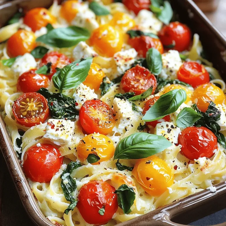 - 200g pasta (penne or fusilli) - 200g feta cheese - 2 cups fresh spinach - 1 cup cherry tomatoes, halved - 3 cloves garlic, minced - 1 teaspoon dried oregano - 1/4 teaspoon red pepper flakes (optional) - 3 tablespoons olive oil - Salt and pepper to taste - Fresh basil leaves for garnish - Grated parmesan cheese for serving (optional) I love how simple this dish is. First, you need the right pasta. I prefer penne or fusilli. Both hold the sauce well. Next, gather your key ingredients. Feta cheese gives a creamy taste. Fresh spinach adds a nice green touch. Cherry tomatoes bring sweetness and color. For seasoning, use garlic for flavor. Dried oregano adds a classic Italian note. If you like heat, throw in some red pepper flakes. Olive oil brings it all together, while salt and pepper enhance the taste. Don't forget fresh basil for garnish! Parmesan is great on top, too, if you want. These ingredients mix well to create a tasty and colorful dish. Each bite is full of flavor. You can easily customize this list based on what you have. Enjoy cooking! - Step 1: Preheat the oven Start by preheating your oven to 200°C (400°F). This step is key for a great bake. - Step 2: Prepare the baking dish Grab a baking dish. Place the feta cheese in the center. Surround it with halved cherry tomatoes and fresh spinach. This mix will bring out amazing flavors. - Step 3: Combine cheese and veggies Drizzle three tablespoons of olive oil over the cheese and veggies. Sprinkle with one teaspoon of dried oregano, red pepper flakes, salt, and pepper. Toss the tomatoes gently to coat them. - Step 4: Bake until golden Put the dish in the oven. Bake for about 20-25 minutes. Look for the feta to be golden and soft, and the tomatoes to blister. This is when the magic happens. - Step 5: Cook pasta until al dente While the feta bakes, cook 200g of pasta per the package instructions. Aim for al dente. This means the pasta should be firm to the bite. Drain the pasta and set it aside. - Step 6: Mix pasta with the sauce Once the feta and tomatoes are done, take out the dish. Use a fork to gently mix everything together. The feta should turn creamy and combine with the tomatoes to form a rich sauce. Then, add the cooked pasta to the dish and toss it well to coat in the sauce. - Step 7: Adjust seasoning Now, take a taste. Adjust with more salt or pepper as needed. This step helps balance the flavors. - Step 8: Serve and garnish Serve your dish right away. Garnish with fresh basil leaves and a sprinkle of grated parmesan, if you like. It's a simple way to add extra flavor and a nice touch. Enjoy your meal! To get the best creamy feta, choose high-quality feta cheese. Look for a block of feta rather than crumbles. This way, you’ll achieve that luscious, smooth texture when it melts. Bake it until it’s golden and soft. Fresh ingredients also matter. Use ripe cherry tomatoes and vibrant spinach for top flavor. Fresh veggies add more color and taste. To avoid overcooking pasta, follow the package instructions closely. Start checking it a minute or two before the time ends. Look for that perfect al dente bite. When you drain the pasta, save some pasta water. This starchy water can help create a saucy finish when you mix it with your baked feta and veggies. Want to boost flavor? Try adding more spices. A pinch of smoked paprika or a dash of lemon zest brings brightness. Fresh herbs also elevate the dish. Think about adding basil, parsley, or even thyme for extra aroma. Mixing in garlic powder or onion powder can also add depth. Don’t shy away from experimenting to find your favorite flavor combo. {{image_2}} You can change up the veggies in baked feta pasta. For leafy greens, try kale or arugula. Both add a nice crunch and boost nutrition. You can also toss in zucchini or bell peppers. These veggies enhance flavor and color. They work well with the creamy feta. Want to add protein? Cooked chicken or shrimp makes a great choice. Simply stir them in after baking. For a vegetarian option, consider chickpeas or tofu. They soak up flavors nicely and add heartiness. This makes the dish more filling and satisfying. If you want to switch up the cheese, try goat cheese or mozzarella. Goat cheese adds a tangy flavor. Mozzarella melts beautifully for a stretchy texture. If you prefer a plant-based dish, look for vegan cheese. There are many brands that melt well and taste great. This keeps your meal delicious while meeting dietary needs. To store your baked feta pasta with spinach, let it cool first. Place it in an airtight container. This helps keep the flavors fresh. Store it in the fridge for up to 3 days. For long-term storage, you can freeze it. Use a freezer-safe container or bag. Make sure to remove as much air as possible. This keeps the pasta from getting freezer burn. When you reheat baked feta pasta, you want to keep it tasty. The best way is to use the oven. Preheat it to 175°C (350°F). Place your pasta in an oven-safe dish. Cover it with foil to keep it moist. Heat for about 15 to 20 minutes. You can also use the microwave. Heat it in short bursts, stirring in between. Try to eat leftovers within 3 days for the best taste. In the fridge, your baked feta pasta will last about 3 days. If you freeze it, it can last up to 2 months. Watch for signs of spoilage. If you see mold or a sour smell, it’s best to throw it away. Always trust your senses. If it doesn’t look or smell right, don’t eat it. What type of pasta works best for this recipe? I recommend using penne or fusilli pasta. Both shapes hold sauce well. Their curves trap the creamy feta sauce, giving each bite great flavor. Can I make this dish ahead of time? Yes, you can prepare it ahead. You can bake the feta and veggies and store them in the fridge. Cook the pasta fresh before serving for the best taste. Is Baked Feta Pasta gluten-free? Traditional pasta contains gluten. To make it gluten-free, use gluten-free pasta. There are many good options on the market now. How to make this recipe vegan-friendly? To make this dish vegan, swap feta with plant-based cheese. You can also skip cheese if you prefer. Use more veggies for added flavor. Can I make this in a slow cooker or instant pot? Yes, you can. For a slow cooker, add all the ingredients and cook on low for 2-3 hours. For an instant pot, use the sauté function first, then pressure cook for about 5 minutes. How to customize cooking time based on oven type? Oven types can differ. If using a convection oven, reduce the baking time by a few minutes. Keep an eye on the feta to avoid overcooking. This post covered the easy steps to make Baked Feta Pasta. You learned about key ingredients, like pasta, feta, and fresh veggies. We also explored tips to enhance flavor and various ways to adapt the dish. Remember, using fresh ingredients makes a big difference. Whether you add chicken or switch the cheese, feel free to experiment. Storing leftovers is simple too. With these insights, you can enjoy a delicious meal anytime. Happy cooking!