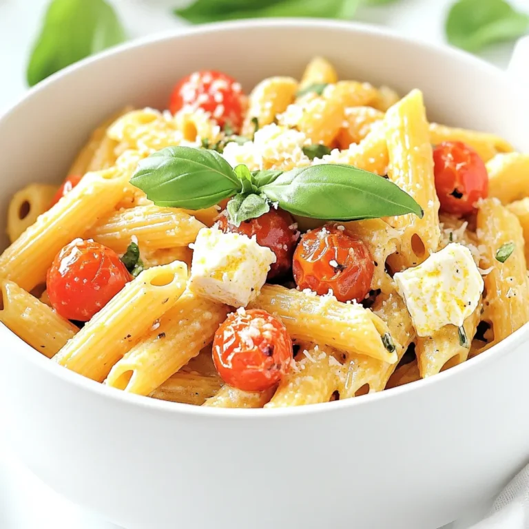 For this dish, I love using these key items: - 200g pasta (penne or fusilli work best) - 200g feta cheese - 2 cups cherry tomatoes, halved - 4 cloves garlic, minced - 1/4 cup olive oil These main ingredients create a creamy and rich flavor. The feta melts beautifully and mingles with the tomatoes, forming a delicious sauce. To elevate the taste, I add: - 1 teaspoon salt - 1/2 teaspoon black pepper - 1 teaspoon dried oregano - 1 teaspoon chili flakes (optional) The salt and pepper bring out the flavors, while oregano adds a nice herbal note. If you like heat, the chili flakes are great! Finally, I finish the dish with: - Fresh basil leaves - Grated Parmesan cheese The fresh basil gives a pop of color and flavor. The Parmesan adds a salty richness, making each bite even better. Preheating the Oven Start by preheating your oven to 400°F (200°C). This step is important. It ensures your dish cooks evenly. Preparing the Baking Dish Next, take a large baking dish. Add 2 cups of halved cherry tomatoes to the dish. Then, mince 4 cloves of garlic and add them too. Pour in 1/4 cup of olive oil. Sprinkle in 1 teaspoon of salt, 1/2 teaspoon of black pepper, and 1 teaspoon of dried oregano. If you like heat, add 1 teaspoon of chili flakes. Mix everything well to combine. Combining Ingredients In the center of your tomato mixture, place 200g of feta cheese. Drizzle a little olive oil on top. This will help the feta melt nicely. Baking Time and Temperature Now, put the dish in your preheated oven. Bake for about 25-30 minutes. The feta should be soft and golden, and the tomatoes will burst and become saucy. Mixing Pasta with Sauce While the feta and tomatoes bake, cook 200g of your choice of pasta. Penne or fusilli work well. Cook until al dente, then drain and set aside. Once the baking is done, take the dish out. Use a fork to mash the feta and mix it with the tomatoes. This creates a creamy sauce. Serving Suggestions Add your cooked pasta to the dish. Toss everything together until the pasta is coated in the sauce. Serve hot. Top with fresh basil leaves and a sprinkle of grated Parmesan cheese for extra flavor. Enjoy your creamy baked feta pasta! Choosing the Right Pasta I love using penne or fusilli in this dish. These shapes hold the sauce well. You can also try other pasta types you have at home. Just cook it until al dente for the best texture. Adjusting Spice Levels If you like heat, add more chili flakes. Start with half a teaspoon. You can always add more later. If you prefer a milder dish, skip the chili flakes. You can still enjoy the rich flavors. Additional Ingredients to Consider Feel free to add veggies like spinach or bell peppers. They add color and nutrition. You can also toss in some olives or sun-dried tomatoes for a punch of flavor. All these extras work well with the creamy sauce. Serving and Pairing Suggestions Serve the pasta hot, topped with fresh basil and grated Parmesan. It pairs nicely with a simple green salad. A crisp white wine complements this dish well too. Enjoy every bite! {{image_2}} Vegan Alternatives You can easily make this dish vegan. Replace feta cheese with a plant-based feta. Many brands offer great taste without dairy. Use nutritional yeast for a cheesy flavor. You can also add cashew cream for creaminess. Other Cheese Recommendations If you want to try different cheeses, go for goat cheese or ricotta. Goat cheese adds a tangy taste. Ricotta gives a creamy texture. Both blend well with the tomatoes. Adding Vegetables or Proteins Feel free to add more veggies. Spinach, zucchini, or bell peppers work nicely. For protein, consider cooked chicken or chickpeas. Both boost nutrition and flavor. Experimenting with Different Herbs You can switch up the herbs too. Try thyme or rosemary for a different taste. Fresh parsley or dill also adds a nice touch. Don't be afraid to mix and match flavors! To store your baked feta pasta, let it cool first. Place it in an airtight container. This helps keep it fresh. Store it in the fridge for up to three days. If you need to keep it longer, consider freezing it. Just make sure it is in a freezer-safe container. You can freeze it for up to two months. When you’re ready to eat, thaw it overnight in the fridge. Reheating baked feta pasta can be easy. You want to keep the texture nice. The best way is to use your oven. Preheat it to 350°F (175°C). Place the pasta in an oven-safe dish. Cover it with foil to keep it moist. Heat for about 15-20 minutes. You can also use a microwave. Just add a splash of water to keep it creamy. Heat in short bursts, stirring in between. Enjoy your pasta just like it was fresh! Can I use a different type of cheese? Yes, you can use other cheeses. Goat cheese or ricotta can work well too. They give a nice creamy texture. Just keep in mind that the flavor will change a bit. How long does baked feta pasta last in the fridge? Baked feta pasta lasts about 3 to 5 days in the fridge. Make sure to store it in an airtight container. This helps keep it fresh and tasty. Can I prepare baked feta pasta ahead of time? You can prep the ingredients ahead but bake it fresh. Mix the tomatoes, garlic, and oil, then cover and chill. Add the feta just before you bake it. Is this dish suitable for freezing? Baked feta pasta can be frozen but may lose some creaminess. Cool it completely before freezing in a container. Thaw overnight in the fridge before reheating. This baked feta pasta recipe is simple and fun. You learned about key ingredients like pasta, cheese, and tomatoes. We covered steps to prepare and bake it perfectly. Tips can help you choose the right pasta and add flavors. You can try variations with vegan swaps or extra veggies. Storing leftovers and reheating properly keeps your dish tasty. Now, get ready to enjoy a delicious meal any night!