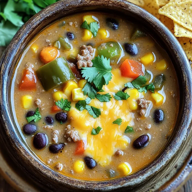 To make this slow cooker creamy taco soup, you will need: - 1 lb ground beef or turkey - 1 can (15 oz) black beans, rinsed and drained - 1 can (15 oz) corn, drained - 1 can (10 oz) diced tomatoes with green chilies - 1 packet taco seasoning - 4 cups beef or vegetable broth - 1 cup cream cheese, softened - 1 cup shredded cheddar cheese - 1 cup bell peppers, diced (any color) - 1 small onion, chopped - 2 cloves garlic, minced - Salt and pepper to taste - Fresh cilantro, chopped (for garnish) - Tortilla chips (for serving) These ingredients create a rich and hearty soup that your family will love. You can boost the flavor of your soup with a few optional ingredients: - Jalapeños for heat - Avocado for creaminess - Lime juice for brightness - Sour cream for a tangy touch Feel free to mix and match these to find your perfect taste. Using fresh ingredients can elevate your soup to a new level. Here are some ideas: - Fresh garlic instead of minced - Organic bell peppers for better taste - Homegrown tomatoes for sweetness - Fresh herbs like cilantro for garnish These fresh options add vibrant flavors and nutrients to your creamy taco soup. Enjoy the cooking process and make it your own! Start by browning your meat. You can use ground beef or turkey. Heat a skillet over medium-high heat. Cook the meat until it turns brown. This should take about 7-10 minutes. Drain any extra fat. This step helps keep the soup from being greasy. Once it is ready, transfer the cooked meat to your slow cooker. Next, it is time to mix everything in the slow cooker. Add your chopped onion and minced garlic. These will give the soup a great flavor. Then, add the black beans, corn, and diced tomatoes with green chilies. I love the extra kick from the chilies! Toss in the diced bell peppers and taco seasoning. Pour in the beef or vegetable broth. Give it a good stir to combine all the ingredients well. Now, cover the slow cooker and set it to cook. You can cook on low for 6-8 hours or on high for 3-4 hours. The longer you cook, the better the flavors will blend. About 30 minutes before serving, add the cream cheese. Stir it in until it is creamy and smooth. Right before you serve, mix in the shredded cheddar cheese until it melts. Season with salt and pepper to taste. Enjoy the warm soup with fresh cilantro and tortilla chips! To make your soup super creamy, add cream cheese at the end. This step makes the soup velvety. Stir it well until it mixes in nicely. You can also add shredded cheddar cheese for extra creaminess. The cheese gives a rich flavor that pairs well with the spices. For the best flavor, use fresh garlic and onion. Fresh herbs like cilantro add brightness. You can mix in a squeeze of lime juice for a zesty kick. If you love spice, add jalapeños or a dash of hot sauce. This will elevate the taco flavor even more. Prep your veggies in advance to save time. Chop the onion and bell peppers the night before. Store them in the fridge until you're ready. You can also brown your meat ahead of time. Freeze it in a bag, so it’s ready to go when you need it. These steps make cooking quick and easy. {{image_2}} You can easily make this soup vegetarian or vegan. Swap the ground meat for 1 cup of lentils or 1 can of chickpeas. Use vegetable broth instead of beef broth. For creaminess, replace cream cheese with cashew cream or coconut cream. The rest of the ingredients stay the same. This version stays just as tasty and filling. If you need a dairy-free option, try using nutritional yeast for cheddar flavor. For a creamier texture, blend silken tofu until smooth as a cream cheese substitute. You can also use a store-bought vegan cream cheese. These swaps keep your soup rich and delicious without dairy. Add a kick to your soup with jalapeños or chopped green chilies. Stir in a tablespoon of hot sauce or chipotle powder. For more heat, include diced habaneros or cayenne pepper. Adjust to your spice level and enjoy a fiery twist on this creamy taco soup! To keep your Slow Cooker Creamy Taco Soup fresh, let it cool first. Transfer the soup into an airtight container. Store it in the fridge for up to three days. If you want to save it longer, consider freezing it. When you're ready to enjoy leftovers, reheat the soup on the stove. Pour the soup into a pot and heat over medium until warm. You can also use a microwave. Heat in a microwave-safe bowl for about two to three minutes, stirring halfway through. To freeze the soup, use freezer-safe containers. Leave some space at the top for expansion. Label the containers with the date. The soup can last up to three months in the freezer. To thaw, place it in the fridge overnight before reheating. Yes, you can use frozen ingredients in this recipe. Frozen corn and black beans are great options. They add flavor and save time. If you use frozen meat, cook it first before adding it to the slow cooker. This way, you ensure it is safe to eat and fully cooked. Just remember that frozen items may take longer to heat up, so adjust your cooking time if needed. Many sides pair well with this soup. Here are a few ideas: - Tortilla chips: They add a nice crunch. - Guacamole: It is creamy and fresh. - Mexican rice: This side is filling and complements the soup. - Cornbread: Sweet cornbread balances the spice. - Fresh salad: A crisp salad adds freshness. Feel free to mix and match these options to create a fun meal. To adjust the recipe, cut the ingredients in half. Use ½ lb of meat, one can of beans, and one can of corn. You can also reduce the broth to 2 cups. This will still make a good amount of soup. If you want to make more or less, just keep the ratios the same. Use the same cooking time, but check the soup early if you make a smaller batch. Enjoy your tasty soup! This blog post covers everything you need to make a delicious slow cooker creamy taco soup. You learned about key ingredients, helpful tips, and even variations to suit your taste. Storing and reheating your soup will be easy with the tips provided. Remember, you can customize this recipe to fit your needs. Enjoy making this soup and delighting in its rich flavors. Happy cooking!