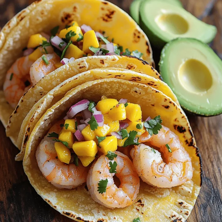 - Shrimp and seasonings - 1 lb shrimp, peeled and deveined - 1 tablespoon olive oil - 1 teaspoon garlic powder - 1 teaspoon cumin - 1 teaspoon chili powder - Salt and pepper to taste - Tortilla options - 8 small corn tortillas - Mango salsa components - 1 ripe mango, diced - 1/2 red onion, finely chopped - 1 jalapeño, seeded and minced - 1/4 cup fresh cilantro, chopped - Juice of 1 lime - Avocado slices for topping Using fresh ingredients makes a big difference in this dish. The shrimp should be fresh or properly thawed if frozen. I love using corn tortillas because they add great flavor. You can also choose flour tortillas if you prefer. The mango salsa is the star here. Diced mango adds sweetness, while red onion and jalapeño give it a nice kick. Fresh cilantro brightens the flavors, and lime juice ties everything together. Don't forget the avocado slices! They add creaminess and balance the spice. First, grab a medium bowl. Toss the shrimp with olive oil, garlic powder, cumin, chili powder, salt, and pepper. Make sure each shrimp is coated well. This mix adds great flavor. Let the shrimp marinate for about 15 minutes. This time allows the shrimp to soak up all those tasty spices. While the shrimp marinates, let’s make the mango salsa. In a separate bowl, combine diced mango, red onion, jalapeño, cilantro, and lime juice. Mix it all together. This salsa brings a fresh, fruity kick. For the best texture, make sure the mango is ripe but still firm. This helps avoid a mushy salsa. Next, heat a non-stick skillet over medium-high heat. Once it’s hot, add the marinated shrimp. Cook for 2-3 minutes until the shrimp turn pink and are cooked through. Watch them closely; you want them just right. While the shrimp cooks, warm the corn tortillas. You can do this in another skillet or over the flame. Heat them for about 30 seconds on each side. This makes them soft and easy to fold. Now you’re ready to build those tacos! To get the best shrimp, avoid overcooking. Overcooked shrimp become tough and chewy. Cook the shrimp for 2-3 minutes until they turn pink. This short time keeps them juicy and tender. Pair these shrimp tacos with fresh sides. A light salad or corn on the cob works well. For drinks, try a cold lemonade or a light beer. Garnish your tacos with extra cilantro. You can also add lime wedges for a fresh twist. Avocado slices not only taste good but also look great. Make these tacos ahead for busy nights. Marinate the shrimp up to 24 hours in advance. You can also prepare the mango salsa a day before serving. For leftovers, store shrimp and salsa separately. Use airtight containers to keep them fresh. Shrimp lasts in the fridge for about two days. Enjoy your delicious shrimp tacos again! {{image_2}} You can swap out shrimp for many other proteins. Chicken works well if you want a milder taste. Fish like tilapia or cod can also shine with mango salsa. If you prefer vegetarian options, try grilled mushrooms or tofu. Both absorb flavors nicely and provide a good texture. Mango salsa can be fun to change up. You can add pineapple for a sweeter twist or diced peaches for a summer vibe. If you like heat, toss in more jalapeño or a dash of hot sauce. You can even mix in some diced bell peppers for extra crunch. If you need gluten-free options, corn tortillas are great. They add a nice flavor and texture. You could also use lettuce wraps for a low-carb choice. For a different taste, try using pita bread or soft flour tortillas. These can give your tacos a unique spin. Store shrimp tacos in an airtight container. Keep them in the fridge. Make sure to eat them within two days for the best taste. For frozen tacos, wrap each taco tightly in plastic wrap. Place them in a freezer-safe bag. They can last up to three months in the freezer. In the fridge, shrimp tacos last about two days. If you notice any off smells or slimy textures, it’s time to toss them. Look for any discoloration in the shrimp. These signs mean the food has spoiled. To reheat shrimp, use a skillet on low heat. This keeps the shrimp from drying out. For tortillas, heat them briefly in a dry skillet. This will keep them soft and warm. Avoid using the microwave as it may make them tough. Keep the flavors fresh and the textures nice. Yes, you can use frozen shrimp. Just make sure to thaw them first. Place the shrimp in cold water for about 15-20 minutes. After thawing, pat them dry. This helps the seasonings stick better. To add heat, use more jalapeño in the salsa. You can also try adding diced serrano peppers. A dash of hot sauce or cayenne pepper works too. Start with a little and taste as you go. To dice a mango, first, slice off the sides of the pit. Then, make crisscross cuts in the flesh. Scoop out the pieces with a spoon. This method gives you nice, even cubes. Absolutely! Pineapple, peach, or papaya work great in salsa. Feel free to mix fruits for a unique twist. Just keep the lime juice to balance sweetness. Yes, there are many gluten-free tortilla options. Look for corn tortillas or ones made from almond flour. These work well and keep the dish tasty and safe for gluten-free diets. In this blog post, we covered shrimp tacos, from fresh ingredients to serving tips. Marinating the shrimp and making mango salsa are key steps. Remember to avoid overcooking the shrimp for the best texture. You can also explore variations like different proteins and gluten-free tortillas. Store leftovers properly to keep them fresh. Enjoy your shrimp tacos as a fun meal for any night! With these tips, you’ll make a delicious dish everyone will love.