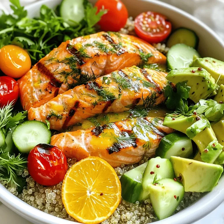 - 4 salmon fillets (about 6 oz each) - 2 cups cooked quinoa - 1 cup cherry tomatoes, halved - 1 cucumber, diced - 1 avocado, sliced - Mixed greens for serving - 2 tablespoons olive oil - Zest and juice of 1 orange - Zest and juice of 1 lemon - 2 cloves garlic, minced - 1 tablespoon fresh dill, chopped - 1 tablespoon fresh parsley, chopped - Salt and pepper to taste To make these Citrus Herb Grilled Salmon Bowls, you need fresh and simple ingredients. The salmon is the star here, bringing rich flavor and healthy fats. Each fillet should weigh around 6 ounces. That’s about the size of your hand, which makes it easy to measure. You’ll also need two cups of cooked quinoa. Quinoa is a great base for our bowls. It’s not only tasty but also packed with protein and fiber. For freshness, grab a cup of cherry tomatoes. Halve them for easy bites. Next, you’ll want a cucumber. Dice it up for a crunchy texture. Don’t forget the creamy avocado! One avocado, sliced, adds richness and healthy fats. Finally, use mixed greens for serving. They bring color and extra nutrients to your meal. Now, let’s talk about the marinade. It makes the salmon pop with flavor. You’ll need two tablespoons of olive oil. This helps the marinade stick to the fish. For a bright kick, use the zest and juice of one orange and one lemon. This citrus brings life to the dish. Next, add two cloves of minced garlic. Garlic gives a warm, savory taste. Fresh herbs make everything better. You’ll need one tablespoon each of chopped dill and parsley. They provide a fresh, green note that balances the dish. Lastly, season with salt and pepper to taste. These simple ingredients work together to create a delicious, fresh meal. Enjoy creating your Citrus Herb Grilled Salmon Bowls! To make a great marinade, start by grabbing a small bowl. In this bowl, whisk together the olive oil, orange zest, orange juice, lemon zest, and lemon juice. Then, add the minced garlic, chopped dill, chopped parsley, salt, and pepper. Mix it all well until it combines into a smooth mixture. This marinade will add a bright, fresh flavor to your salmon. Next, take your salmon fillets and place them in a shallow dish or a zip-top bag. Pour the marinade over the fillets. Make sure every bit of the salmon is well coated. Cover the dish or seal the bag. Let it sit in the refrigerator for at least 30 minutes. This step lets the salmon soak up all those tasty flavors. Now it’s time to grill. Preheat your grill to medium-high heat. Once hot, take the salmon out of the marinade. Let any extra marinade drip off. Place the salmon fillets skin-side down on the grill. Grill them for about 6 to 8 minutes on each side. You’ll know they’re done when the salmon flakes easily with a fork and has nice grill marks. While the salmon grills, start building your bowls. Begin with a base of cooked quinoa in each bowl. Next, add the halved cherry tomatoes, diced cucumber, and avocado slices. Don’t forget to add a handful of mixed greens for crunch. Once the salmon is grilled, place one fillet on top of each bowl. Drizzle any leftover marinade over the bowls for extra flavor. Enjoy a meal that is fresh and healthy! To get those perfect grill marks on your salmon, start with a hot grill. Preheat it to medium-high heat. Make sure the grill grates are clean. This helps the salmon not stick. When you place the salmon on the grill, do it skin-side down. This keeps the fish moist. Grill for 6-8 minutes on one side. Then, flip it gently using a spatula. Cook for another 6-8 minutes. The fish should flake easily with a fork when done. For those beautiful grill marks, avoid moving the salmon around. Let it sit still to create a sear. You can save time by prepping the marinade a day before. Mix the olive oil, citrus juice, garlic, and herbs. Store it in the fridge. You can also marinate the salmon ahead of time. Just remember to keep it in the fridge for at least 30 minutes. If you want to prep your veggies, chop the cucumber and halve the tomatoes. Keep them in airtight containers. This way, they stay fresh for your bowls. You can even cook the quinoa in advance. It keeps well in the fridge for about 3-5 days. To make your bowls even better, think about toppings. Add some seeds like pumpkin or sunflower for crunch. Chopped nuts like almonds or walnuts bring a nice texture too. A drizzle of tahini or your favorite dressing can enhance flavor. You could also try a sprinkle of feta cheese for a salty punch. Fresh herbs, like more dill or parsley, can brighten it up. Be creative and customize your bowls to fit your taste! {{image_2}} You can easily swap salmon for other proteins. Try using tilapia or trout for a lighter option. If you prefer a plant-based choice, chickpeas or tofu work well too. Just make sure to adjust cooking times. Tofu may need a bit more time on the grill. Always season your substitutes with the same marinade for great taste. Change up the flavors to suit your taste. If you like spicy food, add red pepper flakes or a dash of hot sauce to the marinade. You can also use fresh herbs like basil or cilantro instead of dill and parsley. Experimenting with spices such as smoked paprika or cumin can give your dish a unique twist. Don’t be afraid to play around! Seasonal fruits and veggies can enhance your bowls. In summer, add fresh corn or zucchini for crunch. Fall might call for roasted butternut squash or sweet potatoes. In winter, citrus slices or Brussels sprouts can brighten the dish. Use what’s fresh and local for the best flavor. Each season brings new ideas for vibrant bowls! To store leftover Citrus Herb Grilled Salmon Bowls, use airtight containers. Divide the salmon, quinoa, and veggies into separate sections. This helps keep flavors fresh. Store everything in the fridge. Use leftovers within three days for the best taste. When reheating, keep the salmon moist. Place it on a plate and cover it with a damp paper towel. Microwave for 30 seconds at a time until warm. For the quinoa, add a splash of water before microwaving. Stir and heat in short bursts to avoid drying. You can freeze portions for later meals. To do this, wrap the salmon tightly in plastic wrap. Place it in a freezer-safe bag. For quinoa and veggies, use airtight containers. Freeze for up to three months. Thaw in the fridge overnight before reheating. To grill salmon well, start with a clean grill. Preheat it to medium-high heat. Grill salmon skin-side down for 6-8 minutes. Flip it carefully and grill the other side for another 6-8 minutes. Salmon is done when it flakes easily with a fork. Keep an eye on the temperature; it should reach 145°F. This ensures flavor and safety. Use a meat thermometer for best results. Yes, you can use frozen salmon. Just remember to thaw it properly first. Place the frozen salmon in the fridge overnight. You can also thaw it in cold water for quicker results. Frozen salmon works well and can taste great if cooked right. It may need a bit more time on the grill, so check for doneness. If you want to switch from quinoa, try brown rice or farro. Both grains offer a hearty texture. You can also use barley or bulgur for a different flavor. These grains pair well with the fresh flavors of salmon and veggies. Choose any grain that you enjoy! This blog post provided a simple and tasty salmon bowl recipe. It covered the main ingredients, marinade, and step-by-step grilling instructions. You learned helpful tips for perfect grilling, meal prep, and serving options. We also discussed variations for protein and seasonal swaps to keep your meals fresh. Finally, effective storage and reheating methods were outlined to ensure your leftovers stay delicious. Enjoy making this dish, and don’t hesitate to get creative in the kitchen! Your taste buds will thank you.
