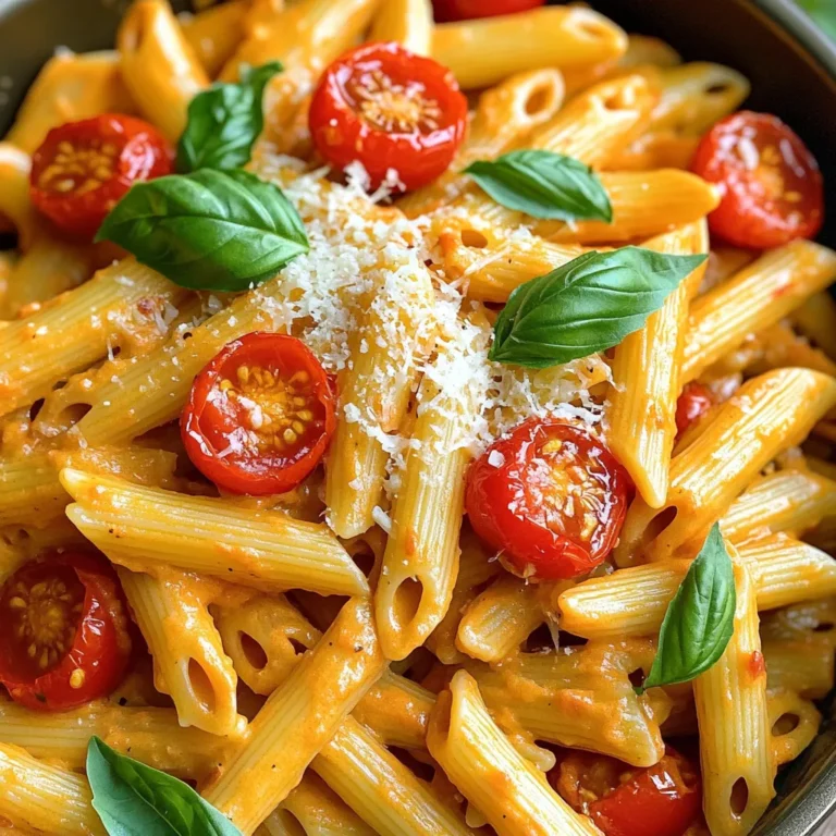 - 12 oz pasta (penne or fusilli works well) - 1 cup vegetable broth - 1 cup heavy cream or coconut cream for a dairy-free option - 2 large roasted red peppers, peeled and sliced - 1 cup cherry tomatoes, halved - 3 cloves garlic, minced - 1 medium onion, finely chopped - 1 teaspoon dried oregano - 1 teaspoon red pepper flakes (adjust for spice preference) - Salt and pepper to taste - Fresh basil leaves, for garnish - Grated Parmesan cheese, for serving (optional) For this One-Pot Creamy Roasted Red Pepper Pasta, I always start with the pasta. You can choose either penne or fusilli. Both types hold the sauce well and add great texture. Next, I use vegetable broth as the base. It gives a nice depth of flavor. If you want a creamy twist, heavy cream works best. For a dairy-free option, coconut cream is a fantastic choice. I love adding roasted red peppers. They add sweetness and a vibrant color. Cherry tomatoes also bring a fresh burst of flavor. I use three cloves of garlic for that aromatic kick and one medium onion for sweetness. Dried oregano adds warmth, while red pepper flakes give a little heat. Of course, salt and pepper help to enhance all these flavors. Finally, I like to top my pasta with fresh basil leaves. They add a lovely aroma and color. If you want, sprinkle some grated Parmesan cheese on top for a salty finish. This combination of ingredients creates a creamy, flavorful dish that is sure to please everyone. 1. Sautéing onions and garlic Start with a large pot or skillet. Heat a small drizzle of olive oil on medium heat. Add the finely chopped onion. Cook for about 3-4 minutes. The onions should become soft and clear. Then, add the minced garlic. Cook for another minute. You want the garlic to smell nice! 2. Blending the roasted red pepper sauce Take two large roasted red peppers. Peel and slice them. Now, put these peppers in a blender. Add one cup of vegetable broth. Pour in one cup of heavy cream or coconut cream. Add one teaspoon of dried oregano and one teaspoon of red pepper flakes. Don’t forget to add salt and pepper to taste. Blend everything until it is smooth and creamy. 3. Combining ingredients for cooking Pour the red pepper sauce into your pot with the sautéed onions and garlic. Add the halved cherry tomatoes and stir well. Bring the mixture to a gentle simmer. Now, add 12 ounces of uncooked pasta right into the pot. Make sure the pasta is well mixed and covered by the sauce. Cover the pot and cook for about 10-12 minutes. Stir occasionally to ensure even cooking. If the sauce gets too thick, add a splash of vegetable broth or water. Once the pasta is tender, check for seasoning. Adjust if needed, then serve hot with fresh basil and grated Parmesan cheese if you like. Achieving the best creamy texture To get a rich, creamy sauce, use heavy cream or coconut cream. Blend the roasted red peppers with the broth and cream until smooth. This mix gives you that dreamy texture. If the sauce seems thick, add a splash of broth or water to loosen it. Adjusting spice levels If you like it spicy, add more red pepper flakes. Start with one teaspoon and taste as you go. You can also add diced fresh chili for more heat. If you want less spice, cut back on the red pepper flakes or skip them. Perfecting the cooking time for pasta Cook the pasta for about 10-12 minutes. Stir it occasionally to prevent sticking. Check for doneness a minute before time is up. You want the pasta al dente, firm but cooked. If you overcook it, the pasta gets mushy and loses that nice bite. {{image_2}} You can make this dish fit your needs with some easy swaps. - Dairy-free alternatives: Use coconut cream instead of heavy cream. It adds a nice flavor and keeps it creamy. You can also try almond milk for a lighter option. - Adding protein: If you want more protein, add cooked chicken or shrimp. Cook the protein separately and mix it in at the end. It will make your meal more filling. - Vegetable additions: You can add more veggies for extra nutrition. Spinach, kale, or bell peppers work great. Just toss them in with the tomatoes while cooking. This not only boosts health but also adds color. These simple changes let you make the dish your own. To keep your One-Pot Creamy Roasted Red Pepper Pasta fresh, follow these tips: - Best practices for refrigeration: Let the pasta cool down first. Then, place it in an airtight container. Store it in the fridge for up to three days. This keeps it safe and tasty. - How to reheat pasta without losing texture: When you are ready to eat, add a splash of water or broth. Heat it in a pot over low heat. Stir gently. This helps keep the pasta creamy and soft. - Freezing options for longer storage: If you want to save some for later, freeze it. Use a freezer-safe container. It can last up to three months in the freezer. To reheat, let it thaw in the fridge overnight before warming it up. One-Pot Creamy Roasted Red Pepper Pasta can last up to four days in the fridge. Store it in an airtight container. Make sure it cools down before sealing. This keeps it fresh and tasty for your next meal. Yes, you can use other types of pasta! Penne and fusilli are great, but you can try spaghetti or shell pasta too. Just remember to adjust the cooking time based on the pasta type. Check the package for the right cooking time. This pasta pairs well with a simple green salad. You might also enjoy it with garlic bread or roasted vegetables. For protein, grilled chicken or shrimp complements the dish nicely. Adding a sprinkle of Parmesan or a drizzle of olive oil can elevate your meal even more. In this blog post, I shared how to make One-Pot Creamy Roasted Red Pepper Pasta. You learned about key ingredients like pasta, broth, and veggies. I covered simple steps to sauté, blend, and cook. Tips helped you get a creamy texture and adjust spices. I also shared fun variations and smart storage methods. Enjoy creating this dish in your kitchen. It’s quick, easy, and delicious!