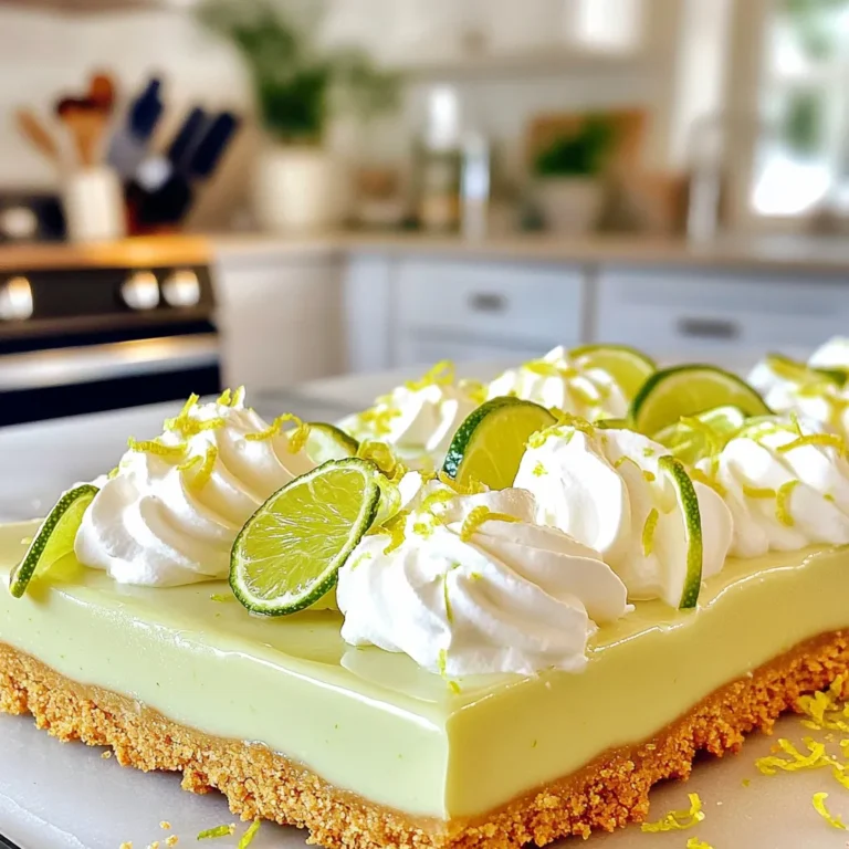 To make these no-bake key lime pie bars, gather the following ingredients: - 1 ½ cups graham cracker crumbs - ½ cup unsweetened shredded coconut - ½ cup unsalted butter, melted - 1/3 cup granulated sugar - 2 (8 oz) packages cream cheese, softened - 1 cup powdered sugar - ½ cup fresh key lime juice (about 5-6 limes) - Zest of 2 limes - 1 teaspoon vanilla extract - Whipped cream (for topping) - Lime slices and zest for garnishing You can make some swaps if you need to. Try these options: - Use digestive biscuits instead of graham crackers for a different flavor. - Swap the unsweetened coconut with crushed nuts for a crunch. - If you don’t have key limes, regular limes work too. Just know they are less tart! - For a lighter version, use reduced-fat cream cheese. Having the right tools makes cooking easier. Here’s what you need: - 9x9-inch square baking dish for the bars. - Large mixing bowl for combining crust ingredients. - Electric mixer for creamy filling. - Measuring cups and spoons for precise amounts. - Spatula for spreading the filling evenly. - Plastic wrap to cover and chill the bars. These tools help you create your delicious no-bake key lime pie bars with ease! First, gather your ingredients for the crust. You will need graham cracker crumbs, shredded coconut, melted butter, and granulated sugar. 1. In a large mixing bowl, combine: - 1 ½ cups graham cracker crumbs - ½ cup unsweetened shredded coconut - ½ cup unsalted butter, melted - 1/3 cup granulated sugar 2. Mix these ingredients well until you have a crumbly mixture. 3. Next, take a 9x9-inch baking dish. Press the crumb mixture evenly into the bottom. 4. Use the back of a measuring cup to compact it firmly. 5. Refrigerate the crust while you make the filling. This helps it set up nicely. Now, let’s make the key lime filling. You will need softened cream cheese, powdered sugar, fresh key lime juice, lime zest, and vanilla extract. 1. In another bowl, beat 2 (8 oz) packages of softened cream cheese with an electric mixer. Mix for about 2 minutes until smooth and creamy. 2. Gradually add in 1 cup of powdered sugar. Continue to beat until well combined. 3. Now, add ½ cup of fresh key lime juice, the zest of 2 limes, and 1 teaspoon of vanilla extract. 4. Mix everything until it is fully combined and creamy. It's time to assemble your delicious bars! 1. Pour the key lime filling over the prepared crust. 2. Spread it evenly using a spatula. 3. Cover the baking dish with plastic wrap. 4. Refrigerate for at least 4 hours or until set. 5. When ready, remove from the fridge and cut into bars. 6. Top each bar with whipped cream and garnish with lime slices and additional zest. This process is simple and leads to a tasty treat. Enjoy your no-bake key lime pie bars! To get a smooth filling, use softened cream cheese. Leave it out for an hour before mixing. This helps it blend well. Use a mixer on medium speed for about two minutes. This makes it light and fluffy. Slowly add powdered sugar to avoid lumps. Mix until it's creamy and smooth. Finally, add fresh key lime juice and zest. This adds a bright flavor. For a tasty crust, use fresh graham cracker crumbs. You can crush them by hand or in a food processor. Mix these crumbs with melted butter and sugar. This mix should feel like wet sand. Press it firmly into your baking dish. Use the back of a measuring cup to pack it tight. This helps the crust hold together. Don’t forget to chill the crust before adding the filling. This helps keep it firm. When serving, cut the bars into even squares. This makes them easy to grab. Top each bar with a dollop of whipped cream. A sprinkle of lime zest adds color and flavor. You can also add a lime slice on top. This looks pretty and fresh. Serve these bars cold for the best taste. Enjoy them at parties or casual get-togethers. They are sure to impress your guests! {{image_2}} You can switch up the flavor of your key lime pie bars. Mango adds a tropical twist. Use fresh mango puree in place of key lime juice. This makes a sweet and fruity treat. Coconut is another great option. Just add more shredded coconut to the filling. You can also use coconut cream for a richer taste. Get creative! Mix and match flavors to find your favorite. Making gluten-free key lime pie bars is easy. Simply swap graham cracker crumbs for gluten-free ones. You can find gluten-free graham crackers in stores. If you can't find them, use almond flour or crushed gluten-free cookies. These options work well and taste great. Your friends and family will love these bars, and they will never know they are gluten-free! If you want a vegan version, I have you covered. Replace cream cheese with vegan cream cheese. Use coconut cream or cashew cream for a plant-based filling. For the crust, use vegan butter or coconut oil instead of regular butter. These swaps make the recipe completely dairy-free. You still get that creamy texture and zesty flavor. Enjoy your vegan key lime pie bars guilt-free! To store your leftover no-bake key lime pie bars, keep them in the fridge. Place the bars in an airtight container. If you don’t have one, cover the dish tightly with plastic wrap. This keeps the bars fresh and tasty. They will stay good for about 3 to 5 days. Always ensure they are cool before covering to prevent condensation. You can freeze these key lime pie bars for later. Cut them into individual pieces first. Wrap each bar in plastic wrap and place them in a freezer-safe bag. Make sure to remove as much air as possible. They can last for up to 2 months in the freezer. When you're ready to eat, thaw them in the fridge overnight. For the best taste, eat the bars within 5 days if stored in the fridge. If you freeze them, eat within 2 months for the best flavor. Always check for any signs of spoilage before serving. If they smell off or have an unusual texture, it’s best to toss them. Enjoy these bars while they are fresh for the best key lime flavor! Yes, you can use regular limes. Key limes are smaller and have a unique taste. They bring a tart and sweet flavor. Regular limes will work but may change the taste slightly. If you want a true key lime flavor, stick with key limes. These bars last about five days in the fridge. Keep them covered to prevent drying out. The longer they sit, the more the flavors blend. This can make them even better! Absolutely! These bars are great for making ahead. You can prepare them a day or two before serving. Just keep them in the fridge. They will be ready when you are! In this article, we explored key lime pie bars, covering all the essential ingredients and tools. You learned step-by-step how to prepare the crust and filling, along with tips for the perfect texture and presentation. We also discussed tasty variations and proper storage methods to keep your bars fresh. Remember, you can always switch flavors or adapt for dietary needs. Enjoy making these delicious treats and sharing them with family and friends. Your baking journey can be fun and rewarding!