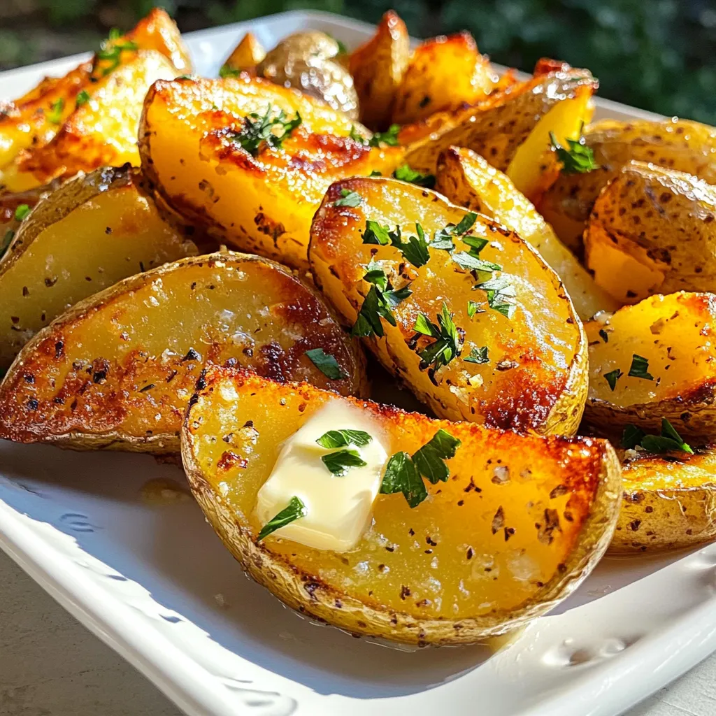 - 4 large russet potatoes - 1/2 cup unsalted butter - 6 cloves garlic - 1 teaspoon dried rosemary - 1 teaspoon dried thyme - 1/2 teaspoon smoked paprika - Salt and pepper - Fresh parsley for garnish - Baking sheet - Parchment paper - Mixing bowl - Knife and cutting board When I make garlic butter potato wedges, I start with these simple ingredients. Russet potatoes are my top choice. They have a nice texture that turns crispy when cooked. I use unsalted butter to control the saltiness. Fresh minced garlic adds a rich flavor. Dried herbs like rosemary and thyme give depth. Smoked paprika brings a hint of warmth. I always add salt and pepper to taste. Lastly, fresh parsley brightens up the dish. For equipment, a baking sheet is key. Lining it with parchment paper helps with cleanup and prevents sticking. A mixing bowl is perfect for combining the butter and spices. A good knife and cutting board make it easy to slice the potatoes into wedges. With these ingredients and tools, you are ready to create a tasty treat that everyone will love. - Wash and scrub the potatoes. This removes dirt and keeps them clean. - Cut the potatoes into wedges. Aim for about 8 wedges per potato. This size helps them cook evenly. - In a small bowl, combine melted butter and minced garlic. - Add dried rosemary, dried thyme, smoked paprika, salt, and pepper. - Mix until everything blends well. You want a smooth garlic butter sauce. - Toss the potato wedges with the garlic butter mixture. Make sure each wedge is coated. - Spread the wedges on a baking sheet in a single layer. Don’t crowd them! This helps them get crispy. - Roast in the oven at 425°F (220°C) for 30-35 minutes. Flip them halfway through for even cooking. - Look for a golden brown color. That’s when they are done! To get crispy potato wedges, space them well on the baking sheet. If they touch, they steam and won't crisp up. Keep them in a single layer. Flip the wedges halfway through cooking. This helps all sides get golden and crispy. Want more taste? Try adding other seasonings. Consider garlic powder, onion powder, or even a pinch of chili powder. Fresh garlic packs a punch, but minced garlic is easy. If using fresh, crush it for better flavor. Dipping sauces can take your wedges to the next level. Try garlic aioli or creamy ranch for a tasty combo. For a fun presentation, stack the wedges on a platter and sprinkle with parsley. Add a small bowl of sauce for a nice touch. {{image_2}} You can easily change the flavor of your garlic butter potato wedges. One great idea is to add parmesan cheese. This will give your wedges a rich and cheesy taste. Just sprinkle some grated parmesan over the top before roasting. It melts and creates a delicious crust. If you like heat, try cayenne pepper. Just a pinch can make your wedges spicy and exciting. Mix it in with the garlic butter before tossing the potatoes. This adds a nice kick that pairs well with the garlic. You don’t have to stick to the oven. An air fryer is a fantastic option for garlic butter potato wedges. Preheat your air fryer to 400°F (200°C). Toss the wedges with the garlic butter as before. Place them in the air fryer basket in a single layer. Cook for about 20-25 minutes, shaking halfway through. You'll end up with crispy, golden wedges in less time! Grilling is another fun choice, especially in summer. Preheat your grill and use a grill basket or foil. Coat the wedges in garlic butter and place them on the grill. Cook for 15-20 minutes, turning often. Grill marks add a lovely flavor and look to your wedges. Enjoy experimenting with these methods! To store your garlic butter potato wedges, place them in an airtight container. Make sure they are cooled completely before sealing. This helps to keep them fresh. You can store them in the refrigerator for up to 3 days. After that, they may lose their flavor and texture. When reheating leftover wedges, the best method is to use an oven or an air fryer. Preheat the oven to 400°F (200°C) and spread the wedges on a baking sheet. Heat for about 10-15 minutes. If you use an air fryer, cook at 350°F (175°C) for 5-7 minutes. This keeps them crispy. Avoid microwaving, as it can make them soggy. For extra crispiness, spray a little cooking oil on them before reheating. Garlic butter potato wedges last about 3 to 5 days in the fridge. Store them in an airtight container. This keeps them fresh and tasty. When you're ready to eat, just reheat them in the oven. This warms them and helps them regain some crispiness. Yes, you can use many types of potatoes. Here are some great options: - Yukon Gold potatoes for a creamy inside - Sweet potatoes for a hint of sweetness - Red potatoes for a waxy texture Each type brings a unique flavor and texture. Feel free to experiment! Garlic butter potato wedges pair well with many dishes. Here are some ideas: - Grilled chicken or steak for a hearty meal - Burgers for a fun backyard cookout - A fresh salad for a lighter option - Dipping sauces like garlic aioli or creamy ranch These pairings will make your meal even more delicious! In this article, we covered how to make delicious garlic butter potato wedges. You learned the right ingredients and equipment needed. I shared step-by-step instructions for prepping, coating, and roasting the wedges. Tips on getting them crispy and flavorful helped enhance your dish. You can also explore variations and storage options. These potato wedges are a tasty side dish. They complement many meals and are easy to make. Enjoy creating your own version and make them a favorite in your kitchen!