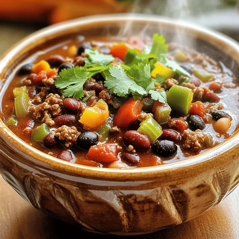 - 1 pound ground beef - 1 can (15 oz) kidney beans, rinsed and drained - 1 can (15 oz) black beans, rinsed and drained - 1 can (14 oz) diced tomatoes with green chilies - 1 medium onion, diced - 2 cloves garlic, minced - 1 tablespoon chili powder - 1 teaspoon cumin - 1 teaspoon smoked paprika - 1 teaspoon oregano - 1 cup beef broth - 1 bell pepper (any color), diced - 1 tablespoon olive oil - Salt and pepper to taste - Fresh cilantro for garnish (optional) Gathering the right ingredients is key for a great chili. Start with ground beef. It gives the chili a rich flavor and hearty texture. You will need about one pound. Next, add beans for protein and fiber. Use a can of kidney beans and a can of black beans. Rinse and drain them well before adding. For the base, diced tomatoes with green chilies bring a nice kick. This canned option saves time and adds flavor. You will also need a medium onion and a bell pepper for sweetness. Dice both to make them easy to mix in. Spices make this chili pop. You'll use chili powder for heat, cumin for warmth, smoked paprika for depth, and oregano for freshness. Don’t forget the minced garlic; it adds a lovely aroma. Finally, you need beef broth to keep the chili moist. Olive oil will help you sauté the veggies. Salt and pepper will enhance all the flavors. If you like, top your chili with fresh cilantro before serving. This ingredient list is simple yet packs a lot of flavor. 1. Sautéing the vegetables Start by heating 1 tablespoon of olive oil in a large skillet over medium heat. Add the diced onion and bell pepper. Cook for about 5 minutes until they are soft and fragrant. This step builds a tasty base for your chili. 2. Cooking the ground beef Add 2 cloves of minced garlic and 1 pound of ground beef to the skillet. Cook the beef until it is browned. Make sure to break it apart with a spoon as it cooks. If you see extra fat, drain it off. This keeps your chili rich but not greasy. 3. Transferring to the slow cooker Once the beef is cooked, transfer the mixture to your slow cooker. This sets you up for the next steps of mixing the ingredients. 1. Combining ingredients in the slow cooker In the slow cooker, add 1 can of kidney beans, 1 can of black beans, and 1 can of diced tomatoes with green chilies. Pour in 1 cup of beef broth. Add the cooked beef mix along with chili powder, cumin, smoked paprika, oregano, salt, and pepper. Stir everything until it’s well combined. This blend makes the chili flavor pop. 2. Cooking times and settings Cover the slow cooker and set it to low for 6-8 hours or high for 3-4 hours. The low setting lets the flavors meld nicely. If you're short on time, the high setting works too. Just check to ensure it’s cooked through. 1. Tasting and adjusting flavors Once the cooking time is up, taste your chili. If needed, adjust the seasoning with more salt or pepper. You want a balance that suits your taste buds. 2. Serving suggestions Serve the chili hot, garnished with fresh cilantro if you like. It pairs well with cornbread or tortilla chips. This hearty meal warms you up and fills you up. Enjoy! To make your chili pop, adjust the seasonings. You can add more chili powder for heat or more cumin for warmth. Try a dash of hot sauce for a kick. For toppings, consider shredded cheese, diced avocado, or sour cream. They add creaminess and balance the heat. Slow cooking works best with low heat. This method allows flavors to meld and beef to become tender. Avoid lifting the lid often, as this lets heat escape. To prevent overcooking, set a timer. Check your chili towards the end of the cooking time. Pair your chili with cornbread or tortilla chips. Both add great texture and flavor. A fresh side salad complements the richness of the chili. For drinks, serve with iced tea or a light beer. These choices enhance your meal experience. {{image_2}} You can switch the ground beef for other meats. Ground turkey or chicken works well. They will give a lighter flavor. If you want something richer, try pork. For a vegetarian option, use lentils or mushrooms. Both add a nice texture. You can also use plant-based ground meat for a meat-free dish. While kidney and black beans are great, you can try others. Pinto beans or garbanzo beans can add new flavors. Canned beans save time, but dried beans are cheaper. If you use dried beans, soak them overnight. This helps them cook evenly and stay tender. If you want a milder chili, use less chili powder. You can also add a bit of sugar to balance the heat. For more heat, add cayenne pepper or jalapeños. Unique spice mixes can bring fun flavors. Consider adding cinnamon for warmth or cocoa powder for depth. To keep your beef bean chili fresh, use airtight containers. Glass or plastic containers work well. Fill each container with chili, leaving some space at the top. This space helps the chili expand when frozen. Store the chili in the fridge for up to four days. If you want to keep it longer, freezing is a great choice. You can freeze the chili for up to three months for best quality. When it’s time to enjoy your leftovers, you have a few options. The best way to reheat chili is on the stove. Just pour it into a pot over medium heat. Stir it often until it’s hot. You can also use a microwave. Place the chili in a microwave-safe bowl. Heat it in short bursts, stirring in between. If you freeze the chili, let it thaw in the fridge overnight. Then, follow the reheating tips above. Enjoy every bite of your rich and hearty chili again! For slow cooker chili, I recommend ground beef. It cooks evenly and blends well with beans and spices. You can also use chuck roast, which adds rich flavor. Just cut it into small pieces. Both options work great for this dish. Yes, you can cook this chili on the stovetop. Just use a large pot. Brown the beef and sauté the veggies as you would in the slow cooker. Then add the beans, tomatoes, and spices. Let it simmer on low for about 30-45 minutes. This method cooks faster but requires more attention. To thicken your chili, try these tips. First, mash some beans against the pot's side. This adds creaminess. You can also add cornstarch mixed with water. Stir it in during the last hour of cooking. Lastly, let the chili cook uncovered for a bit to reduce liquid. This blog post covered how to make delicious slow cooker chili from scratch. We explored the key ingredients, detailed preparation steps, and ways to enhance flavors. You learned about variations, storage tips, and even answered common questions. In conclusion, slow cooker chili is versatile and rewarding. With a few simple ingredients and steps, you can craft a meal that delights everyone. Enjoy experimenting with flavors and make it your own!