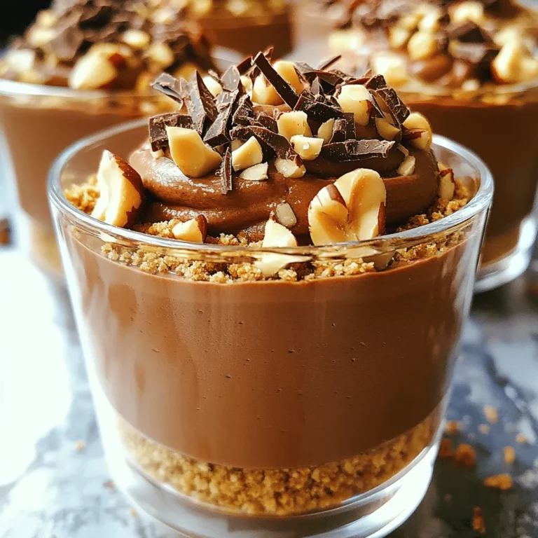To make these delightful mousse cups, you need simple, quality ingredients. Here’s what you will need: - 1 cup heavy whipping cream - 1 cup chocolate hazelnut spread (like Nutella) - 1 teaspoon vanilla extract - 1 tablespoon powdered sugar - 1/2 cup crushed hazelnuts (plus extra for garnish) - 1 cup graham cracker crumbs - 4 tablespoons unsalted butter, melted - 1 oz dark chocolate, finely grated (for garnish) Each ingredient plays a key role. The heavy cream provides a light, airy texture. The chocolate hazelnut spread brings rich flavor. Vanilla adds a warm note, while powdered sugar sweetens the mix. While the mousse is delicious as is, toppings can take it to the next level. Here are some options: - Extra crushed hazelnuts - A sprinkle of grated dark chocolate - Whipped cream dollops - A drizzle of chocolate sauce These garnishes add visual appeal and enhance the taste. Feel free to get creative with what you have on hand. You might not have all these ingredients. Here are some smart swaps: - Use coconut cream instead of heavy cream for a dairy-free option. - Swap chocolate hazelnut spread with almond butter or peanut butter if needed. - For a gluten-free base, use gluten-free graham crackers or crushed nuts. These substitutions keep the spirit of the dessert while catering to your needs. Always adjust the sweetness when substituting to balance flavors. To start, grab a medium bowl. Add 1 cup of graham cracker crumbs and 4 tablespoons of melted unsalted butter. Mix these two until the crumbs soak up the butter. This step gives your crust a rich flavor. Now, take 6 to 8 serving cups. Divide the crumb mixture evenly among them. Press the crumbs down firmly to form a nice base. This helps keep the mousse in place. Once done, refrigerate the cups while you make the mousse. Next, you will need a large bowl. Pour in 1 cup of heavy whipping cream. Use a handheld mixer or stand mixer on medium-high speed. Beat this until soft peaks form. This step is important for a fluffy mousse. In another bowl, mix 1 cup of chocolate hazelnut spread, 1 teaspoon of vanilla extract, and 1 tablespoon of powdered sugar. Stir until smooth and creamy. Now, gently fold the whipped cream into the chocolate mixture. Be careful! You want to keep the air in the whipped cream. Finally, add in 1/2 cup of crushed hazelnuts for extra crunch. Now it’s time to fill the cups. Spoon or pipe the mousse over the chilled graham cracker base. Aim for a smooth top using a spatula. Once filled, place the cups back in the fridge. Let them chill for at least 2 hours for the mousse to set. Before serving, sprinkle some crushed hazelnuts and grated dark chocolate on top. This adds a nice touch and great texture! Enjoy your delightful treat! To get the best whipped cream, start with cold cream. Cold cream whips faster and holds its shape better. Use a clean bowl and beaters. This will help you avoid any unwanted flavors in your mousse. Beat the cream until soft peaks form. This means the cream should hold its shape but still be soft. Avoid overbeating, as this can make the cream grainy and hard. When combining the whipped cream and the chocolate mixture, be gentle. Use a spatula and fold carefully. This keeps air in the cream, making the mousse light and fluffy. If you stir too hard, the mousse will lose its airy texture. Always mix just until you see no white streaks in the chocolate. These mousse cups can shine as a dessert for any occasion. Serve them chilled after a meal or at a party. You can add extra toppings for fun. Crushed hazelnuts add crunch, while dark chocolate shavings look fancy. Consider a sprig of mint on top for color. Present them in clear cups to show off those lovely layers. {{image_2}} You can switch up the flavors in your mousse. Try adding a few tablespoons of coffee for a mocha twist. For a fruity kick, mix in some pureed raspberries or strawberries. If you love a nutty taste, add almond extract instead of vanilla. Each change makes the mousse unique and fun. Instead of graham crackers, use crushed cookies like Oreos for a chocolate base. You can also use crushed nuts for a gluten-free option. If you like a lighter base, try using meringue layers. This gives your mousse a fun crunch and a different texture. To make this recipe vegan, swap heavy cream for coconut cream. Use a vegan chocolate hazelnut spread too. For gluten-free mousse, choose gluten-free graham crackers or other gluten-free cookies. These small changes still give you a rich and creamy dessert everyone can enjoy. To keep your no bake chocolate hazelnut mousse cups fresh, store them in the fridge. Use an airtight container to prevent them from absorbing other smells. You can also cover the cups with plastic wrap. This keeps the mousse moist and delicious. These mousse cups last about 3 to 5 days in the fridge. After that, they may lose their creamy texture and flavor. Always check for any signs of spoilage before serving. If you notice any change in smell or color, it’s best to toss them. You can freeze the mousse cups for later enjoyment. Place them in a freezer-safe container. They can stay frozen for up to 2 months. When you’re ready to eat, let them thaw in the fridge for a few hours. Avoid refreezing them once they have thawed. Following these tips keeps your mousse cups tasty and enjoyable! Yes, you can use any chocolate spread you like. Nutella is popular, but others work too. Look for smooth spreads for the best texture. Avoid chunky spreads, as they may change the mousse's consistency. Almond or peanut butter spreads can add fun flavors! Just keep the same amount. Refrigerate the mousse cups for at least 2 hours. This time lets the mousse set properly. If you have more time, letting them chill longer is even better. The mousse will become firmer and richer in flavor. Just remember to cover them to prevent odors from other foods. If your mousse does not set, check your whipped cream. It should form soft peaks. If it didn't whip enough, the mousse may stay runny. You can try chilling it longer to see if it firms up. Another option is to gently fold in more whipped cream. This can help add volume and texture. You learned how to make no-bake chocolate hazelnut mousse cups. We covered the main ingredients, optional toppings, and substitutions. The step-by-step process made it easy to follow along. I shared tips to achieve the best mousse and variations for different tastes. Remember to store your mousse cups correctly to keep them fresh. With these simple steps, you can impress friends and family with a tasty treat. Enjoy creating and sharing these delightful dessert cups!