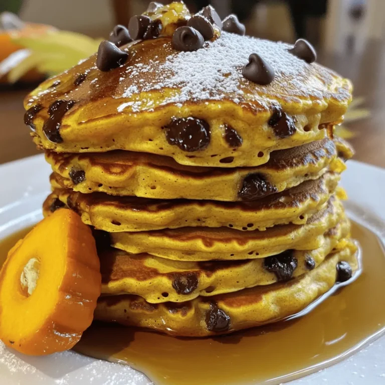 To make a great pumpkin chocolate chip pancake stack, you need: - 1 cup all-purpose flour - 1 tablespoon baking powder - 1/2 teaspoon baking soda - 1/2 teaspoon salt - 1 teaspoon ground cinnamon - 1/2 teaspoon ground nutmeg - 1 cup canned pumpkin puree - 2 large eggs - 1/2 cup milk (or plant-based alternative) - 1/4 cup maple syrup (plus more for serving) - 1 teaspoon vanilla extract - 1/2 cup chocolate chips You also need some basic tools to make these pancakes: - Mixing bowls - Whisk or fork - Non-stick skillet or griddle - Measuring cups and spoons When it comes to serving, consider these extras: - Maple syrup for drizzling - Butter or oil for cooking - Powdered sugar for dusting - Whipped cream for a rich touch - Extra chocolate chips for garnish - Pumpkin slices for decoration These ingredients and tools will set you up for a delicious pancake experience! First, gather your dry ingredients. In a large bowl, combine: - 1 cup all-purpose flour - 1 tablespoon baking powder - 1/2 teaspoon baking soda - 1/2 teaspoon salt - 1 teaspoon ground cinnamon - 1/2 teaspoon ground nutmeg Whisk these together until mixed well. This step is key for even flavor. Now, in a separate bowl, mix your wet ingredients. Add: - 1 cup canned pumpkin puree - 2 large eggs - 1/2 cup milk (or a plant-based alternative) - 1/4 cup maple syrup - 1 teaspoon vanilla extract Stir these until smooth. This mix gives the pancakes their rich flavor. Heat a non-stick skillet over medium heat. Lightly grease it with butter or oil. Pour about 1/4 cup of batter for each pancake onto the skillet. Cook until bubbles form, about 2-3 minutes. Flip the pancake and cook for another 2 minutes until golden brown. Repeat this with the rest of the batter. Adjust the heat as needed to prevent burning. Stack your pancakes high on a plate. Drizzle extra maple syrup over the top. For a fun touch, sprinkle more chocolate chips. Serve warm for the best taste. You can also add whipped cream or a slice of pumpkin for decoration. Enjoy this delightful treat! To make your pancakes fluffy, use fresh baking powder. Mix dry and wet ingredients separately. Combine them gently. Lumps in the batter are okay; they help keep the pancakes fluffy. Let the batter rest for about 5 minutes. This allows the baking powder to work better. Heat your skillet on medium, not too hot. If it's too hot, the pancakes will burn. Use a non-stick pan or griddle. Lightly grease it with butter or oil. Pour about 1/4 cup of batter for each pancake. Cook until bubbles form on top, then flip. Each side should be golden brown. Adjust heat as needed to avoid burning. Stack pancakes high on a large plate. Drizzle with maple syrup for sweetness. Add a sprinkle of chocolate chips for a fun touch. Dust with powdered sugar for a festive look. You can also top them with whipped cream. A slice of pumpkin on the side adds a nice touch. Enjoy your delicious creation! {{image_2}} You can make these pancakes even better by adding nuts or fruits. Chopped walnuts or pecans add a nice crunch. You can also try adding sliced bananas or blueberries. These add flavor and nutrients. Just fold them into the batter before cooking. If you need gluten-free pancakes, swap the all-purpose flour for a gluten-free blend. Look for one that works for baking. For a dairy-free option, use almond milk or oat milk instead of regular milk. These changes keep the flavor and texture great. Want to spice things up? Try adding extra spices like ginger or cloves. A pinch of allspice can also add warmth. You can even use flavored extracts, like almond or orange. These small tweaks can elevate your pancake experience to a new level. To keep your pumpkin chocolate chip pancakes fresh, let them cool first. Stack them with parchment paper between each pancake. Place the stack in an airtight container. Store the container in the fridge if you plan to eat them soon. They stay good for about three days this way. To reheat your pancakes, use a microwave or a skillet. For the microwave, place a pancake on a plate. Heat it for about 30 seconds. If you want it crisp, use a skillet. Heat it on medium for a few minutes until warm. This keeps them nice and soft. You can freeze these pancakes for later. Stack them as before and wrap them tightly in plastic wrap. Then, place them in a freezer bag. They can last up to two months in the freezer. When you want to eat them, take out the pancakes and let them thaw in the fridge overnight. You can reheat them after thawing. Enjoy your delicious pancakes anytime! Yes, you can use fresh pumpkin. First, roast the pumpkin until soft. Then, scoop out the flesh and mash it until smooth. This fresh pumpkin gives a nice flavor. Just use the same amount as canned pumpkin puree. To make them fluffier, you can add an extra egg. You can also use buttermilk instead of regular milk. This makes the batter lighter. Make sure not to overmix the batter. A few lumps are okay. If you don’t have maple syrup, you can use honey or agave syrup. Both add sweetness. You can even try fruit purees, like applesauce, for a different taste. Leftover pancakes can last up to three days in the fridge. Store them in an airtight container. You can also freeze them for up to two months. Reheat in a microwave or toaster. Enjoy your pancakes anytime! Now you know how to make tasty pumpkin chocolate chip pancakes. We covered the key ingredients and steps, plus tips for great texture and storage. Feel free to try different add-ins or swap ingredients to fit your needs. Enjoy your pancakes fresh, reheated, or frozen! Experiment and have fun with this easy recipe. You’ll impress family and friends every time!
