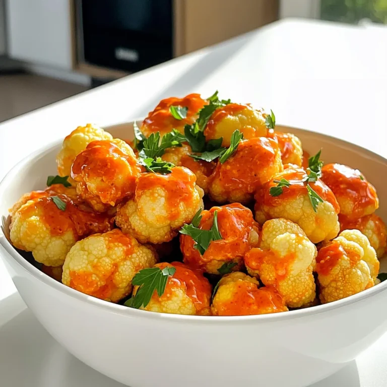 To make these tasty bites, you need some simple ingredients: - 1 medium head of cauliflower, cut into bite-sized florets - 1 cup all-purpose flour - 1 teaspoon garlic powder - 1 teaspoon onion powder - 1 teaspoon smoked paprika - 1 teaspoon salt - 1/2 teaspoon black pepper - 1 cup water (or plant-based milk) - 1 cup buffalo sauce (store-bought or homemade) - 2 tablespoons olive oil - Fresh parsley, chopped, for garnish These ingredients combine to create a crunchy and flavorful snack. You can switch some ingredients if you want. Here are a few ideas: - Use gluten-free flour instead of all-purpose flour if needed. - Swap buffalo sauce for BBQ sauce for a milder flavor. - Add cayenne pepper if you like extra heat. - Try adding nutritional yeast for a cheesy taste. These changes can help you customize the bites to your liking. In each serving, you will get about: - Calories: 180 - Protein: 4g - Carbohydrates: 24g - Dietary Fiber: 3g - Fat: 7g This dish is not just tasty; it is also a good source of nutrients. You can enjoy these bites guilt-free as a snack or appetizer. Start with one medium head of cauliflower. Cut it into bite-sized florets. Make sure the pieces are even. This helps them cook at the same rate. Rinse the florets under cold water. Pat them dry with a clean towel. Dry florets will hold the batter better. In a large mixing bowl, add one cup of all-purpose flour. Next, mix in one teaspoon of garlic powder, one teaspoon of onion powder, one teaspoon of smoked paprika, one teaspoon of salt, and half a teaspoon of black pepper. These spices add great flavor. Gradually pour in one cup of water or plant-based milk. Stir until the mixture is smooth. The batter should be thick enough to coat the florets well. Preheat your air fryer to 400°F (200°C). Dip each floret into the batter and let the excess drip off. Arrange the battered florets in a single layer in the air fryer basket. If needed, work in batches to avoid overcrowding. Lightly spray the basket with olive oil for crispiness. Cook the florets for 12 to 15 minutes. Shake the basket halfway through to ensure they cook evenly. They should turn golden brown and crispy. After cooking, toss the cauliflower bites in a bowl with one cup of buffalo sauce. Make sure each piece is coated well. Return them to the air fryer for an extra 3 to 5 minutes. This step caramelizes the sauce. When they are done, take them out and let them cool slightly. Garnish with fresh parsley before serving. Enjoy your crunchy delight! To get that perfect crunch, follow these steps. Start by preheating your air fryer to 400°F (200°C). The heat is key. Next, ensure your batter is thick. A thick batter coats the cauliflower well. This helps in creating a crispy texture. Avoid overcrowding the air fryer basket. Give space for air to circulate. Shake the basket halfway through cooking. This ensures even crisping on all sides. For great flavor, season your batter well. Use garlic powder, onion powder, and smoked paprika. These spices enhance the taste. Adjust the salt and pepper to your liking. After air frying, toss the cauliflower in buffalo sauce. This adds a spicy kick. For a mild version, try a lighter sauce. Fresh parsley on top adds color and freshness. If your bites are soggy, check your batter. It should be thick enough to cling. Ensure you air fry at the right temperature. If they burn, reduce cooking time slightly. If they lack flavor, increase your seasoning. Always taste before serving. Adjustments can make a big difference. If your bites are too spicy, pair them with a cool dip or ranch dressing. {{image_2}} If you like heat, add cayenne pepper to the batter. Start with 1/4 teaspoon. You can also use a hotter buffalo sauce. Look for a brand that rates high on the heat scale. For extra spice, toss in some chopped jalapeños with the cauliflower. These changes bring a fun kick to your bites. You can easily make this dish vegan. Instead of regular flour, use chickpea flour. Mix it with the same spices and water. For a gluten-free version, you can use almond flour or gluten-free all-purpose flour. Make sure to check your buffalo sauce for animal products, or make your own at home. Want to change the flavor? Try adding some nutritional yeast to the batter. It gives a cheesy taste without dairy. You can also mix in some Italian herbs like oregano or basil. For a smoky flavor, add more smoked paprika. Each variation lets you explore new tastes in your cauliflower bites. To keep your cauliflower bites fresh, store them in an airtight container. Let them cool down first. Place a paper towel in the container to absorb moisture. This helps maintain their crunch. They can stay fresh in the fridge for up to three days. When it's time to eat your leftovers, reheating is key. For the best crunch, use your air fryer. Set it to 350°F (175°C) and heat for about 5-7 minutes. This warms them up and brings back their crispy texture. You can also use an oven. Just preheat it to the same temperature and bake for 10-12 minutes. If you want to save your bites for later, freezing is a great option. First, let them cool completely. Then, place them on a baking sheet in a single layer. Freeze them for about an hour. Once frozen, transfer them to a freezer-safe bag. They can last for up to three months. When you’re ready to eat, just air fry them directly from frozen. Yes, you can use frozen cauliflower. Just thaw it first. Drain off any water. This helps the batter stick better. Remember, frozen cauliflower may cook faster. Check for crispness often. Making homemade buffalo sauce is simple. You need just a few ingredients. Combine 1/2 cup of hot sauce with 1/4 cup of melted butter. Add 1 tablespoon of white vinegar for tang. Whisk until smooth. Adjust heat by adding more hot sauce if you like it spicier. Several dipping sauces work great with these bites. Here are some tasty options: - Ranch dressing for coolness - Blue cheese dressing for a classic taste - Honey mustard for a sweet twist - Creamy avocado dip for a fresh flavor Choose one or mix and match! Enjoy your bites even more. In summary, this blog post covers all you need to know for making Air Fryer Cauliflower Buffalo Bites. We discussed key ingredients, detailed step-by-step instructions, and shared tips for the perfect crunch. Variations keep it fun, while storage info ensures your bites stay fresh. As you experiment with these bites, remember to add your twist. Enjoy the process, and don't be afraid to try new flavors!