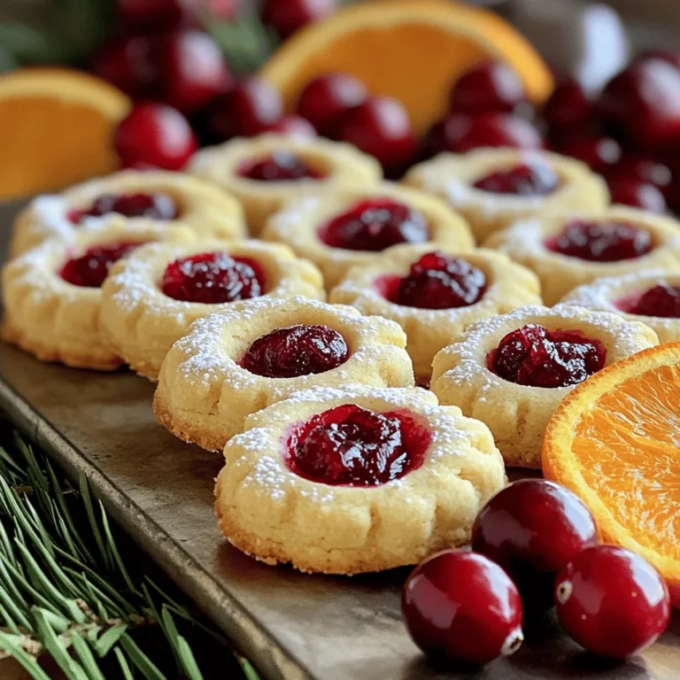 For these tasty cookies, gather these key items: - 1 cup unsalted butter, softened - 3/4 cup powdered sugar - 2 cups all-purpose flour - 1/4 teaspoon salt - Zest of 1 orange - 1 teaspoon vanilla extract - 1 cup dried cranberries, chopped - 1/2 cup orange marmalade These ingredients blend to create a rich, buttery cookie. The orange zest adds a bright flavor. Dried cranberries bring a sweet and tart note, while orange marmalade fills the center with a fruity burst. To boost the taste, consider adding: - 1/4 teaspoon ground cinnamon Cinnamon gives a warm, cozy flavor. If you enjoy spices, this is a great choice. It pairs well with the orange and cranberry. For baking these cookies, you’ll need: - Mixing bowls - Electric mixer or whisk - Baking sheet - Parchment paper - Measuring cups and spoons Having these tools ready helps the baking process go smoothly. The parchment paper makes for easy cleanup and helps the cookies bake evenly. Start by preheating your oven to 350°F (175°C). Line a baking sheet with parchment paper. In a large bowl, mix softened butter and powdered sugar. Beat them together until they look light and fluffy, about three to four minutes. Next, add the zest of one orange and vanilla extract. Stir until everything blends well. In another bowl, whisk together two cups of flour, salt, and cinnamon if you choose to use it. Gradually add this dry mix into the butter mixture. Mix until just combined. Finally, fold in the chopped dried cranberries. This adds a nice burst of flavor to your dough. Now it's time to shape the cookies. Take about a tablespoon of dough and roll it into a ball. Place this ball onto your prepared baking sheet, making sure to leave some space between each cookie. Using your thumb or the back of a teaspoon, press down gently in the center of each ball. This creates a small indentation for the filling. Fill each thumbprint with about half a teaspoon of orange marmalade. This gives the cookies a sweet and tangy flavor that pairs perfectly with the cranberries. Bake your cookies in the preheated oven for 12 to 14 minutes. Look for slightly golden edges to know they are ready. Once done, remove the cookies from the oven. Let them cool on the baking sheet for a few minutes. After that, transfer them to a wire rack to cool completely. This cooling step is important, as it helps the cookies hold their shape and texture. Enjoy the sweet aroma filling your kitchen! When baking Cranberry Orange Shortbread Thumbprint Cookies, be careful not to over-mix the dough. Over-mixing makes cookies tough and chewy. Also, don’t skip the chilling step. Chilling helps the cookies keep their shape. Lastly, use fresh ingredients. Old butter or flour can ruin the taste. For a soft and tender cookie, make sure your butter is softened, but not melted. Cream the butter and powdered sugar until light and fluffy. This step adds air and makes the cookies soft. When adding the flour, mix until just combined. This helps keep your cookies from being too dense. To make your cookies shine, dust them with extra powdered sugar before serving. Place them on a pretty platter. Add fresh cranberries and orange slices for color and fun. This makes your cookies look festive and inviting. Think about pairing them with tea or coffee for a delightful treat. {{image_2}} If you have dietary needs, you can still enjoy these cookies. For a dairy-free option, use a plant-based butter. Coconut oil works well too. If you're avoiding gluten, swap the all-purpose flour for a gluten-free blend. Make sure it contains xanthan gum for better texture. For those with a sugar restriction, you can use a sugar substitute like erythritol. Just keep in mind that the taste and texture may change a bit. These cookies are fun to play with! You can add different flavors for a twist. Try adding lemon zest for a brighter taste. You could also fold in some chopped nuts, like walnuts or pecans, for crunch. If you love chocolate, drizzle melted dark chocolate over the cooled cookies. Use white chocolate chips, or even a mix of both, to add a sweet surprise. Change up the flavors to match the seasons! In fall, you can add pumpkin spice to the dough. Just mix in a teaspoon of pumpkin spice when you add the dry ingredients. For winter, consider adding a hint of peppermint extract for a fresh taste. In the summer, fresh berries, like blueberries or raspberries, could make a tasty filling. Just mash them slightly before adding them to the cookie dough. To keep your Cranberry Orange Shortbread Thumbprint Cookies fresh, store them in an airtight container. Use parchment paper between layers to prevent sticking. Keep them at room temperature for up to one week. If you want to keep them longer, refrigerating can help. Just be sure to seal them well to avoid drying out. Freezing these cookies is easy and a great way to save them. First, let the cookies cool completely. Then, arrange them in a single layer on a baking sheet. Place them in the freezer for about an hour. This step prevents sticking. Once frozen, transfer the cookies to a freezer-safe bag. They can last for up to three months in the freezer. If your cookies lose some texture after storage, there’s a simple fix. Preheat your oven to 300°F (150°C). Place the cookies on a baking sheet for about 5 to 10 minutes. This warming will bring back their softness. Let them cool before serving again. Enjoy the fresh-baked taste! Yes, you can use fresh cranberries. However, fresh cranberries are tart. This can change the taste of your cookies. If using fresh, chop them and add a bit more sugar. This will help balance the tartness. Dried cranberries add sweetness and are softer. They work best in this recipe. To make these cookies gluten-free, swap all-purpose flour with gluten-free flour. Use a blend that works well for baking. You can also use almond flour or coconut flour. Just adjust the amount because these flours absorb moisture differently. Check the package for guidance on measurements. Store leftover cookies in an airtight container. Keep them at room temperature for up to a week. If you want them to last longer, freeze them. Place the cookies in a freezer-safe bag. They can stay fresh for up to three months. When you want to eat them, thaw at room temperature. This article covered everything you need for delicious cranberry orange thumbprint cookies. We talked about key and optional ingredients, essential equipment, and followed step-by-step instructions. I provided tips to avoid mistakes and shared variations for your needs. Plus, I offered smart storage tricks to keep cookies fresh. Baking can be fun and rewarding. Enjoy making these treats and share them with friends. Happy baking!