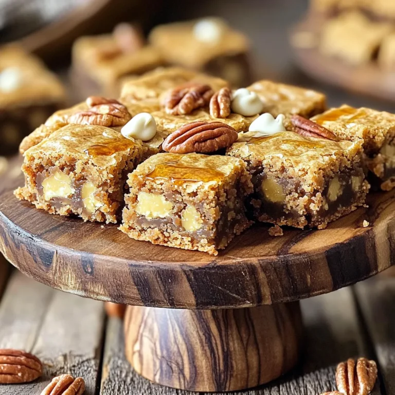 To make maple brown butter pecan blondies, gather these simple ingredients: - 1 cup unsalted butter - 1 cup packed brown sugar - 1/2 cup granulated sugar - 2 large eggs - 1 tablespoon pure vanilla extract - 1 1/2 cups all-purpose flour - 1 teaspoon baking powder - 1/2 teaspoon salt - 1/2 cup pure maple syrup - 1 cup pecans, roughly chopped - 1/2 cup white chocolate chips (optional) Here are some quick tips on measurements and substitutions: - You can swap unsalted butter for salted butter. Just reduce the added salt to 1/4 teaspoon. - If you don’t have brown sugar, use granulated sugar. Add 1 tablespoon of molasses for a similar flavor. - For a gluten-free option, use a gluten-free flour blend in place of all-purpose flour. - If you want to skip the eggs, use 1/4 cup unsweetened applesauce per egg. I often trust these brands for their quality: - For butter, I recommend Kerrygold or Land O'Lakes. - Use Domino for brown sugar and granulated sugar; they’re reliable and easy to find. - For maple syrup, I love using Grade A pure maple syrup from Crown Maple or Maple Grove Farms. - For pecans, go for Fisher or Planters for a fresh crunch. These ingredients and tips will help you make the best maple brown butter pecan blondies. Enjoy the process! First, preheat your oven to 350°F (175°C). This step warms the oven for even baking. Next, take a 9x9 inch baking pan. Line it with parchment paper, leaving some overhang. This will help you lift the blondies out later. In a medium saucepan, melt 1 cup of unsalted butter over medium heat. Watch it closely while it melts. Stir frequently to prevent burning. After about 5-7 minutes, the butter will turn golden brown. You’ll know it’s ready when it smells nutty. Remove the pan from the heat and let it cool a bit. In a large mixing bowl, combine the browned butter, 1 cup of packed brown sugar, and 1/2 cup of granulated sugar. Whisk them together well. Then, add 2 large eggs one by one, mixing well after each addition. Stir in 1 tablespoon of pure vanilla extract and 1/2 cup of pure maple syrup. Mix until everything is combined. In another bowl, whisk together 1 1/2 cups of all-purpose flour, 1 teaspoon of baking powder, and 1/2 teaspoon of salt. Slowly add the dry mix into the wet mix. Stir gently until it’s just combined. Be careful not to over-mix. Now, fold in 1 cup of roughly chopped pecans. If you like, add 1/2 cup of white chocolate chips for extra sweetness. Pour the blondie batter into your prepared pan. Spread it out evenly. Bake for 25-30 minutes. You’ll know they’re done when the edges are lightly golden. Insert a toothpick in the center; it should come out with a few crumbs, not wet batter. Once baked, let the blondies cool in the pan on a wire rack for about 15 minutes. Use the parchment overhang to lift them out. Let them cool completely on the rack before you cut them into squares. Enjoy your delicious treat! To achieve that perfect blondie texture, focus on mixing. Mix the wet and dry ingredients until just combined. Over-mixing can lead to tough blondies. The batter should look slightly lumpy. This will keep your blondies soft and chewy. Also, check the baking time closely. If you bake them too long, they will dry out. Store your blondies in an airtight container. This keeps them fresh for up to five days. For longer storage, wrap them well and freeze. They can last up to three months in the freezer. Just thaw them in the fridge overnight before enjoying. One common mistake is not browning the butter enough. It should be golden brown with a nutty smell. Avoid skipping the parchment paper; it helps with easy removal. Make sure to measure your ingredients accurately. Too much flour can make them dense. Finally, don’t forget to let them cool before cutting. This helps them hold their shape better. {{image_2}} You can still enjoy these blondies without nuts. Just skip the pecans. Replace them with more white chocolate chips for a sweet twist. You can also add oats for texture. This option keeps the blondies chewy and soft. For a dairy-free treat, swap the unsalted butter for coconut oil or vegan butter. Use a plant-based milk, like almond or oat milk, instead of regular milk if needed. This way, you maintain the rich flavor while keeping it dairy-free. Feel free to play with flavors! You can mix in dark chocolate chips or dried fruit like cranberries. Chopped toffee bits add a nice crunch. Just remember to balance the mix-ins to keep that blondie texture perfect. Enjoy experimenting! To keep your maple brown butter pecan blondies fresh, store them in an airtight container. Use parchment paper to separate layers. This helps prevent sticking. Keep the container at room temperature for the best taste and texture. If your kitchen is warm, find a cool spot. You can freeze these blondies for later. Once they cool completely, cut them into squares. Wrap each piece tightly in plastic wrap. Place the wrapped blondies in a freezer bag or container. They can last up to three months in the freezer. When you want one, let it thaw at room temperature. When stored properly, blondies last about a week at room temperature. They still taste great after a few days. If you keep them in the fridge, they can last up to two weeks. Always check for any signs of spoilage before eating. This way, you can enjoy them safely! Yes, you can use salted butter. The blondies may taste saltier. If you do use salted butter, skip the added salt in the recipe. This step helps keep the flavor balanced. Unsalted butter gives you more control over the salt level. I always prefer unsalted butter for baking. Blondies and brownies are both delicious bars, but they differ in flavor and color. Blondies use brown sugar and no cocoa powder, which gives them a light color. They have a sweet, caramel taste from the brown sugar and maple syrup. Brownies, on the other hand, use cocoa powder or chocolate, making them darker and richer. The texture can also vary, with blondies being chewier and brownies often fudgier. To check if your blondies are done, look for golden edges. Insert a toothpick into the center; it should come out with a few crumbs, not wet batter. This means they are ready. If the toothpick has too much batter, bake them a little longer. Keep a close eye on them, as overbaking can dry them out. This blog post covered how to bake perfect blondies. We explored ingredients, measurements, and the right brands. I shared step-by-step instructions from prepping the pan to baking. We discussed tips for the best texture and how to avoid common mistakes. I also shared variations and storage methods. Remember, baking is fun! Take your time and enjoy the process. With practice, you can create delicious blondies that everyone loves. Happy baking!