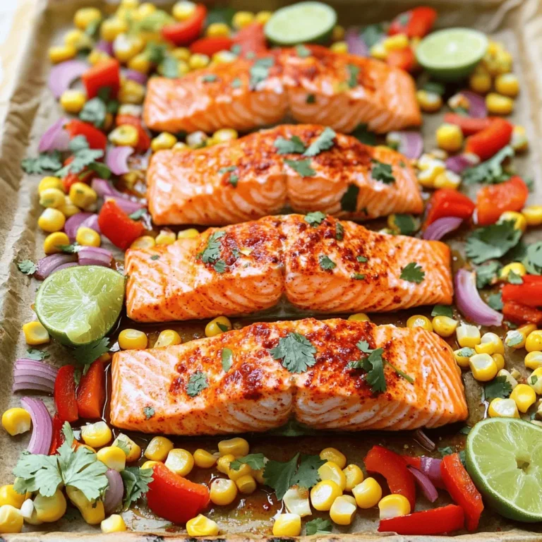 - 4 salmon fillets - 2 cups fresh corn kernels (or canned, drained) - 2 tablespoons olive oil - 2 tablespoons lime juice - 1 teaspoon chili powder - 1 teaspoon smoked paprika - 1 teaspoon garlic powder - Salt and pepper to taste - 1 red bell pepper, chopped - 1 small red onion, diced - Fresh cilantro for garnish (optional) Gather these ingredients for your savory sheet pan chili lime salmon and corn. The salmon fillets are the heart of this dish. They provide a rich, buttery flavor. Corn kernels add a sweet crunch that pairs perfectly with the salmon. The olive oil and lime juice create a zesty marinade that brightens every bite. The seasonings—chili powder, smoked paprika, and garlic powder—bring warmth and depth. Then, we have the vegetables. The red bell pepper adds color and sweetness, while the red onion gives a sharp contrast. If you want to add freshness, consider using cilantro as a garnish. This simple list makes it easy to create a tasty meal. 1. Preheat the oven and prepare baking sheet: Start by preheating your oven to 400°F (200°C). This temperature helps the salmon cook evenly. Line a large baking sheet with parchment paper. This makes cleanup easy and helps prevent sticking. 2. Make the zesty marinade: In a small bowl, whisk together 2 tablespoons of olive oil, 2 tablespoons of lime juice, 1 teaspoon of chili powder, 1 teaspoon of smoked paprika, 1 teaspoon of garlic powder, salt, and pepper. This mixture adds great flavor to the salmon and vegetables. 1. Arrange the salmon and vegetables on the baking sheet: Place 4 salmon fillets on one side of the baking sheet. On the other side, combine 2 cups of corn kernels, 1 chopped red bell pepper, and 1 diced red onion. 2. Brush salmon and coat vegetables with marinade: Use half of the marinade to brush the salmon fillets. Drizzle the remaining marinade over the corn and vegetable mix. Toss the vegetables to coat them evenly in the marinade. 3. Bake and check for doneness: Bake everything in the preheated oven for 15-20 minutes. Check that the salmon is cooked through and flakes easily with a fork. The corn should be tender, too. 1. Plating tips: When ready to serve, plate the salmon with a generous helping of the corn and vegetable mix. This adds color and makes the dish look inviting. 2. Garnishing options: For an extra touch, you can garnish with fresh cilantro. This adds a fresh flavor and brightens up the plate. Enjoy your meal! - Adjust cooking time based on salmon thickness: Salmon fillets can vary in thickness. Thicker fillets need more time. Check them around 15 minutes. If they are thick, add a few more minutes. The salmon should flake easily when done. - How to ensure even cooking: Make sure to place the salmon fillets skin-side down. This helps them cook evenly. Spread the corn and veggies in one layer. Avoid stacking them. This way, they roast nicely and do not steam. - Adding complementary spices: Want more flavor? Try adding cumin or cayenne pepper. These spices boost the chili lime taste. You can also mix in some fresh herbs like parsley or dill for a fresh twist. - Alternative marinades: If you want to change things up, try a honey mustard marinade. Just mix honey, mustard, and olive oil. This adds a sweet and tangy flavor. You can also use teriyaki sauce for an Asian flair. {{image_2}} You can swap the salmon for other fish. Try cod or trout for a change. These fish also soak up the flavors well. If you want a plant-based option, use tofu. For vegetables, feel free to mix it up. Zucchini or asparagus work great. You can also add cherry tomatoes for a pop of color. If you want grains, quinoa or brown rice make tasty additions. Just cook them separately and serve them on the side. If you need a gluten-free option, this recipe is already safe. Just check the labels on your ingredients. For low-carb diets, skip the corn and add more veggies like spinach or kale. For a vegan version, use tofu instead of salmon. Replace the olive oil with a vegan butter. You can also use agave or maple syrup in place of lime juice for a different twist. Just keep the spices to keep that chili lime kick! To keep your salmon and corn fresh, here are some best practices. First, let the dish cool down to room temperature. Then, place your leftovers in an airtight container. This helps prevent moisture loss and keeps flavors intact. You can store the salmon and corn in the fridge for up to three days. After that, the taste and texture may not be as good. When it's time to enjoy leftovers, reheating correctly is key. I recommend using an oven or a stovetop pan. Preheat your oven to 350°F (175°C). Place the salmon and corn on a baking sheet. Cover it with foil to keep moisture in. Heat for about 10-15 minutes, or until warmed through. If you use a stovetop, add a splash of water to the pan. Cover with a lid and heat on low. This method helps maintain the flavor and keeps the salmon moist. How long does it take to cook salmon on a sheet pan? It takes about 15 to 20 minutes to cook salmon on a sheet pan at 400°F (200°C). The salmon should be opaque and flake easily. I often check it at 15 minutes to avoid overcooking. Can I use frozen salmon for this recipe? Yes, you can use frozen salmon. Make sure to thaw it first. You can do this by placing it in the fridge overnight or running it under cold water for quick thawing. Cooking time may vary slightly, so check for doneness. What side dishes pair well with chili lime salmon? Chili lime salmon goes well with many sides. Here are some ideas: - Quinoa or rice for a hearty base. - A fresh green salad for crunch. - Roasted or steamed vegetables for extra nutrients. - Cornbread for a sweet touch. These options enhance the meal while keeping it balanced. This blog post guides you through a tasty salmon dish. You learned about the key ingredients, like salmon, corn, and fresh veggies. We went over how to prepare, cook, and serve it perfectly. I shared tips to enhance flavors and offered variations for different diets. Don’t forget about storage options for leftovers and reheating. Now, you can make a delicious meal that fits your taste. Enjoy cooking and share your results with friends!