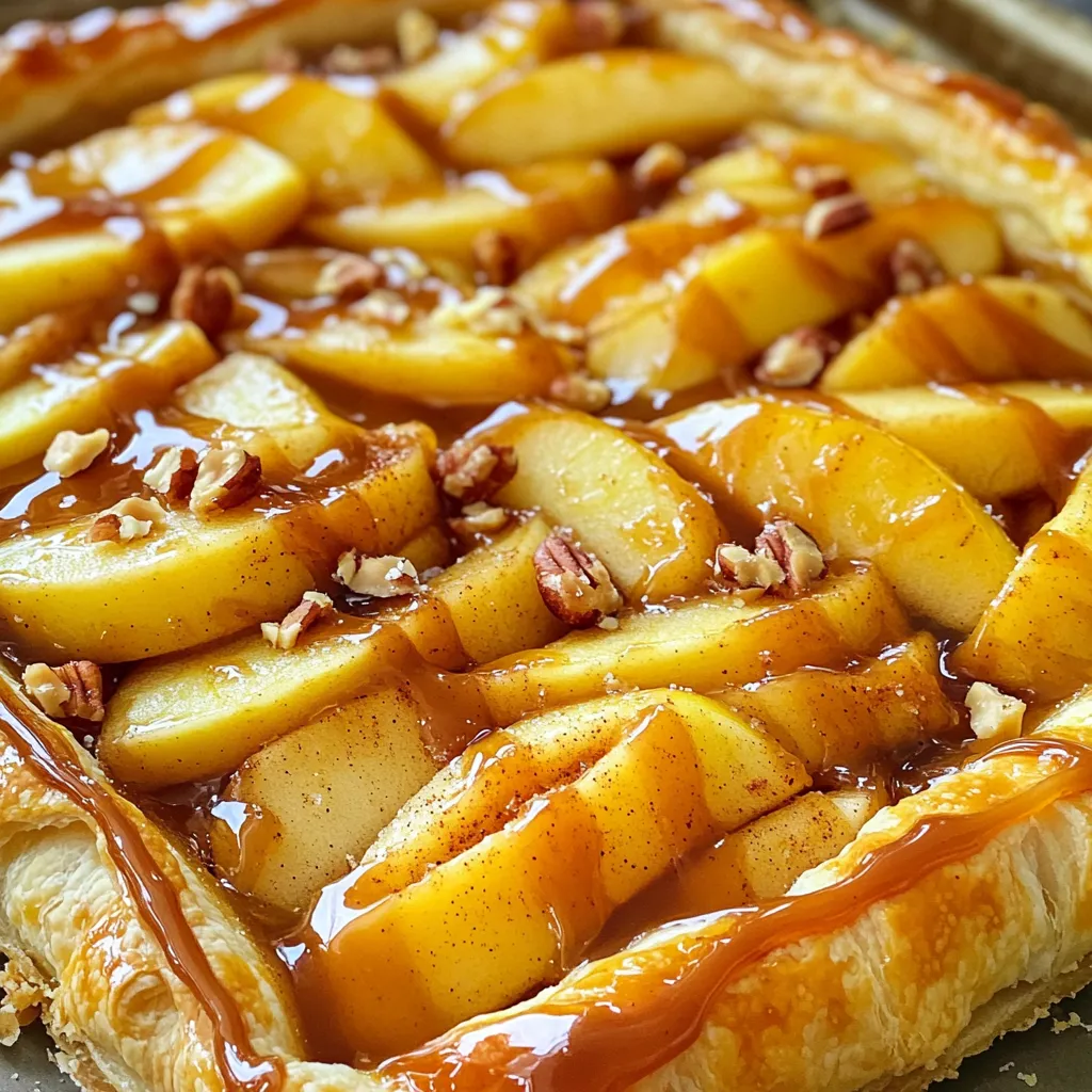 - Puff pastry details: Use 1 sheet of thawed puff pastry. This is the base of your tart. It should be rolled out to fit a 12-inch tart pan. The pastry makes the tart light and flaky. - Apple varieties to use: Choose 3 large apples. Good options include Granny Smith for tartness or Honeycrisp for sweetness. Peeling and slicing them helps them cook evenly. - Optional toppings and variations: You can sprinkle chopped nuts, like pecans or walnuts, on top for crunch. Sea salt adds a nice touch. You can also add nutmeg for extra flavor if you like. - Thawing and rolling out puff pastry Start by thawing your sheet of puff pastry. Place it in the fridge for a few hours or at room temperature for about 30 minutes. Once it's soft, roll it out on a lightly floured surface. Aim for a 12-inch circle. This will fit nicely in your tart pan. Place the rolled pastry in the pan and trim any extra edges. - Preparing the apple mixture Grab three large apples like Granny Smith or Honeycrisp. Peel, core, and slice them thinly. In a big bowl, mix the apple slices with 1 tablespoon of lemon juice, ½ cup of granulated sugar, 1 teaspoon of cinnamon, and ¼ teaspoon of nutmeg if you like. Let it sit for about 10 minutes. This draws out the apple juices, adding flavor. - Cooking apples and making caramel In a medium pan, melt ¼ cup of unsalted butter over medium heat. Add your apple mixture to the pan. Cook for about 5-7 minutes. You want the apples to be soft but not mushy. After that, remove the pan from heat. In the same pan, clean it first, melt the remaining sugar over medium heat. Don’t stir it. Wait until it turns golden brown. Carefully add ¼ cup of heavy cream. It will bubble, so be careful! Stir until smooth. - Arranging and baking the tart Spread the cooked apples evenly over the puff pastry. Drizzle half of the caramel over the apples. Brush the edges of the pastry with a beaten egg for a nice, golden look. Bake in a preheated oven at 400°F (200°C) for 20-25 minutes. The pastry should puff up and turn golden brown. - Adding final caramel and toppings Once baked, drizzle the remaining caramel over the tart. If you want extra flavor, sprinkle some chopped nuts like pecans or walnuts on top. A pinch of sea salt adds a nice touch, too! - Serving suggestions Let the tart cool for about 10 minutes. Slice it up and serve warm. For an extra treat, add a scoop of vanilla ice cream on the side. Drizzle more caramel on top for a beautiful finish. Enjoy your heavenly dessert delight! To get a golden, flaky crust, roll out the puff pastry evenly. Use a lightly floured surface. This helps avoid tears. Bake the tart at the right temperature. Set your oven to 400°F (200°C). For smooth caramel, melt the sugar slowly. Do not stir while it melts. Watch it closely to avoid burning. Once it turns golden brown, add heavy cream slowly. Stir until it is smooth and combined. You can add different spices to change the flavor. Try nutmeg or ginger for a warm twist. A pinch of allspice can also add depth. For toppings, consider using chopped nuts. Pecans or walnuts give a nice crunch. You can also sprinkle crushed graham crackers or toffee bits for added texture. {{image_2}} You can change the fruit in this tart for fun. Try pears or peaches if you want. Both fruits add a sweet and juicy twist. In fall, use ripe figs or cranberries for a seasonal treat. They bring tartness and a pop of color to your dish. You can also mix fruits. Combine apples with berries for a new flavor. The tart will still be delicious and look pretty! If you need a gluten-free option, use gluten-free puff pastry. Many brands offer this now, so check your local store. It tastes great and works well in this recipe. For vegan choices, swap the butter for coconut oil or vegan butter. Use plant-based cream for the caramel sauce. You can also skip the egg wash for a golden finish. This way, everyone can enjoy this tasty tart! To keep your tart fresh, wrap it tightly in plastic wrap. Store it in the fridge for up to three days. This keeps the puff pastry from getting too soggy. If you want a quick snack, just cut a slice. When you reheat it, use an oven instead of a microwave. Preheat the oven to 350°F (175°C). Place the slice on a baking sheet. Heat for about 10 minutes. This helps restore the crispiness of the pastry. You can freeze the tart for later. First, let it cool completely. Wrap it well in plastic wrap, then in aluminum foil. It can stay in the freezer for up to two months. When you're ready to enjoy it, take the tart out of the freezer. Place it in the fridge overnight to thaw. Then, reheat in the oven at 350°F (175°C) for about 15-20 minutes. This makes it taste almost fresh-baked! For baking, I recommend using Granny Smith or Honeycrisp apples. These apples hold their shape well and have a nice blend of sweet and tart flavors. This balance makes them ideal for tarts. Other good choices include Braeburn and Fuji apples. You can mix different apples for more depth in taste. Yes, you can prepare parts of this tart ahead of time. You can slice the apples and mix them with lemon juice and spices. Store this mixture in the fridge for a day. You can also make the caramel ahead and keep it in a jar. Just warm it up before using. However, I suggest baking it fresh for the best taste and texture. If your caramel burns, you can try to save it. Remove it from heat at the first sign of a burnt smell. If it looks dark, you may need to start over. For a less burnt taste, you can add a bit of cream to help smooth it out. Keep stirring until it blends. If it’s too dark, the flavor might still be off, so fresh caramel is best. This blog post covered making a delicious apple tart with puff pastry. We explored the best apple varieties, optional toppings, and how to create a golden crust. I shared tips to enhance flavors and ways to store or freeze leftovers for later enjoyment. Remember, minor tweaks can lead to a unique dessert each time. Enjoy experimenting with different fruits and flavors. Your apple tart will impress family and friends alike. Now, get baking and savor every bite!