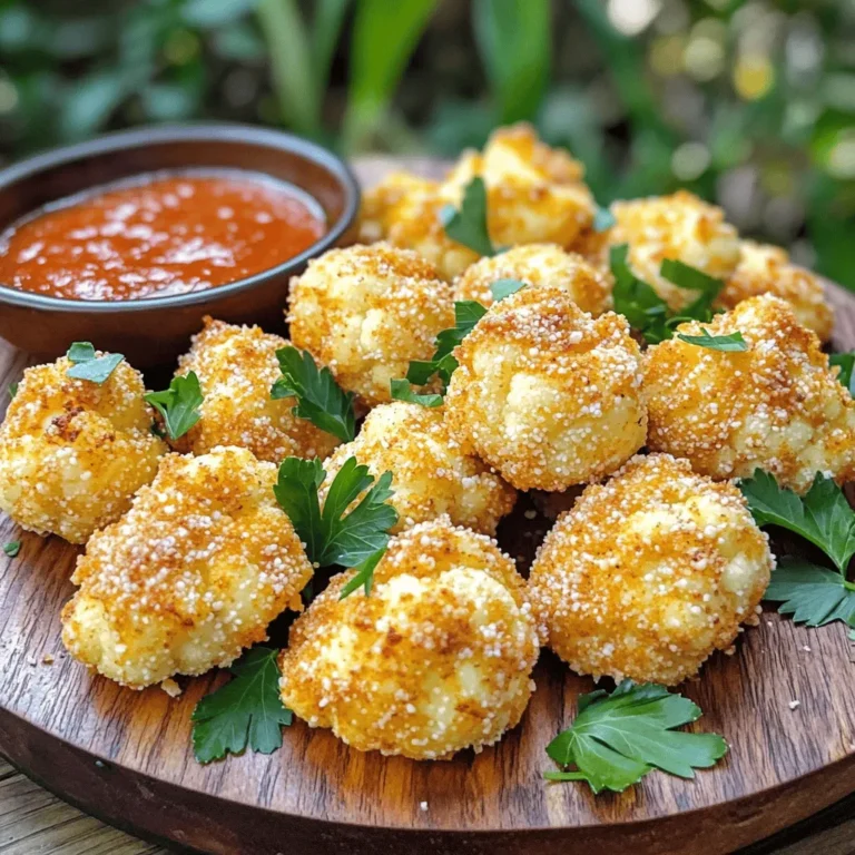 - 1 large head of cauliflower, cut into florets - 1 cup almond flour (or breadcrumbs) - 1/2 cup grated Parmesan cheese To make tasty cauliflower wings, start with fresh cauliflower florets. These will give you the best crunch. You can use almond flour or breadcrumbs for coating. Both options work well, but almond flour adds a nice nutty flavor. The Parmesan cheese adds a rich, savory taste that brings everything together. - 1 teaspoon garlic powder - 1 teaspoon onion powder - 1 teaspoon smoked paprika - 1/2 teaspoon salt - 1/2 teaspoon black pepper - 2 large eggs, beaten - 1 tablespoon olive oil - Fresh parsley, chopped (for garnish) Now, let’s spice things up! Garlic powder, onion powder, and smoked paprika create a bold flavor. Salt and black pepper enhance all the other tastes. The beaten eggs act like glue for the coating and add more protein. Olive oil keeps the wings moist as they cook. Finally, fresh parsley brightens up the dish and adds color. With these ingredients, you’ll create a crunchy delight that everyone will love! Preheating the air fryer Start by preheating your air fryer to 380°F (190°C) for about 5 minutes. This step helps to get the wings crispy. Mixing dry ingredients Take a large bowl and mix these dry ingredients: - 1 cup almond flour (or breadcrumbs) - 1/2 cup grated Parmesan cheese - 1 teaspoon garlic powder - 1 teaspoon onion powder - 1 teaspoon smoked paprika - 1/2 teaspoon salt - 1/2 teaspoon black pepper Stir until everything blends well. Preparing the egg wash In another bowl, beat 2 large eggs. Add 1 tablespoon of olive oil and mix well. This mixture will help the coating stick to the cauliflower. Dipping and coating the florets Take each cauliflower floret and dip it into the egg wash. Let the extra egg drip off. Then, coat the floret in the dry mix. Press lightly to help it stick. Make sure every piece is evenly covered. Air frying tips and timing Place the coated cauliflower wings in the air fryer basket. Keep them in a single layer without overcrowding. You may need to cook in batches for best results. Air fry them for about 15-18 minutes. Flip them halfway for even cooking. Checking for doneness Look for a golden brown color and crisp texture when done. If they need more time, check every few minutes. Once they are crispy, remove them and let them cool for a few minutes. To make great cauliflower wings, start with the coating. Use a mix of almond flour and Parmesan cheese. This mix gives a nice crunch. Make sure to coat each floret well. Dip it in the egg wash first. Let any extra egg drip off. Then, cover it in the dry mix, pressing lightly. This ensures the coating sticks. Next, avoid overcrowding in the air fryer. If you pile too many florets in, they'll steam instead of crisp. Cook in batches if needed. This way, each wing gets hot air and cooks evenly. You want them golden and crispy! When it's time to serve, think about your dips. Marinara sauce pairs well with the wings. Ranch dressing is another favorite. You can also try a spicy aioli for a kick. For presentation, use a nice platter. Arrange the wings in a circle. Sprinkle more Parmesan and fresh parsley on top. This adds color and makes the dish look fancy. Your guests will love it! {{image_2}} You can spice up your cauliflower wings easily. For a spicy kick, add hot sauce to the egg wash. This will give your wings a bold flavor. Try it if you love heat! You can also create an herb-infused version. For this, mix in dried herbs like oregano or thyme into the dry coating. This adds depth and fragrance to each bite. Both options make your wings fun and tasty. If you're gluten-free, use gluten-free breadcrumbs instead of almond flour. This ensures everyone can enjoy these wings. The texture remains crunchy and delicious. For those following a vegan diet, you can skip the eggs. Use flax eggs instead. Mix one tablespoon of flaxseed meal with three tablespoons of water. Let it sit for five minutes to thicken. Dip your florets in this mix, and coat them as usual. This keeps the wings plant-based and still tasty! To keep your Air Fryer Parmesan Cauliflower Wings fresh, store them right. First, let them cool completely. Then, place them in an airtight container. This will keep them crunchy for a longer time. You can refrigerate them for up to three days. If you want to keep them longer, consider freezing them. Use a freezer-safe bag or container. Just remember to label it with the date! When it comes to reheating, you want to keep that crunch. The air fryer is the best choice. Just set it to 350°F (175°C) and heat for about 5-7 minutes. This way, your wings will get crispy again. If you don’t have an air fryer, you can use an oven. Preheat it to 375°F (190°C) and bake for 10-15 minutes. Check on them to ensure they don’t get too soft. Enjoy your tasty wings! Can I use frozen cauliflower? Yes, you can use frozen cauliflower. Just thaw it first. Drain any excess water. This helps the coating stick better. How do I make this recipe vegan? To make this recipe vegan, replace the eggs with flax eggs. Mix one tablespoon of ground flaxseed with three tablespoons of water. Let it sit for five minutes to thicken. You can also use nutritional yeast instead of Parmesan for added flavor. Overview of calories and macros One serving of these cauliflower wings has about 150 calories. It contains 10 grams of carbs, 8 grams of protein, and 10 grams of fat. Health benefits of cauliflower and parmesan Cauliflower is low in calories and high in fiber. It helps with digestion and keeps you full. Parmesan adds calcium and protein, making this dish both tasty and nutritious. What temperature is best for air frying? Set your air fryer to 380°F (190°C). This temperature crisps the wings perfectly without burning. How to avoid soggy cauliflower wings? To prevent soggy wings, ensure they are dry before coating. Avoid overcrowding the air fryer basket. This allows hot air to circulate and keeps them crispy. Cauliflower wings are a tasty, healthy option. We discussed essential ingredients, like cauliflower florets and Parmesan cheese. I shared step-by-step instructions for prep, coating, and cooking. Remember to avoid overcrowding your air fryer and try fun flavor variations. Store leftovers properly to keep them fresh. Finally, enjoy experimenting with different dipping sauces. These tips will help you make great cauliflower wings!
