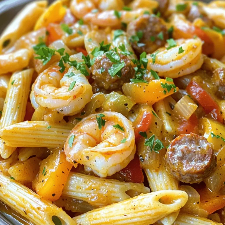 For this One-Pot Cajun Shrimp and Sausage Pasta, you will need: - 8 oz penne pasta - 1 lb shrimp, peeled and deveined - 8 oz smoked sausage, sliced - 1 bell pepper (red or yellow), chopped - 1 small onion, diced - 3 cloves garlic, minced - 2 cups chicken broth - 1 cup heavy cream - 2 tablespoons Cajun seasoning - 1 tablespoon olive oil - Salt and pepper to taste - Fresh parsley, chopped (for garnish) This mix of ingredients gives you a great blend of flavors. The shrimp adds sweetness, while the sausage brings a smoky depth. You can swap ingredients if needed: - Pasta: Use any pasta shape you like, such as fusilli or farfalle. - Shrimp: Frozen shrimp works well too. Thaw it first. - Sausage: Try chicken sausage or turkey sausage for a lighter option. - Cream: Substitute with half-and-half or a dairy-free cream for a lighter dish. - Broth: Vegetable broth can replace chicken broth for a vegetarian option. These substitutions help you tailor the recipe to your taste or dietary needs. When selecting shrimp: - Look for shrimp that feel firm and smell fresh. - Choose shrimp that are moist, not dry or slimy. For sausage: - Opt for smoked sausage with a rich color and no off-putting smell. - Check for natural casings, which provide better texture. Using fresh ingredients makes a big difference. They enhance the dish’s overall flavor and texture. First, grab a large pot and fill it with water. Add salt to season the water. Bring the water to a boil. Once boiling, add 8 oz of penne pasta. Cook it according to the package instructions until al dente. This usually takes about 8-10 minutes. When done, drain the pasta and set it aside. In the same pot, pour in 1 tablespoon of olive oil. Heat it over medium heat. Next, add 8 oz of sliced smoked sausage. Cook for about 3-4 minutes until it gets a nice brown color. Remove the sausage and set it aside. Now, add 1 small diced onion and 1 chopped bell pepper to the pot. Sauté for 2-3 minutes until they soften. Stir in 3 cloves of minced garlic and cook for 1 more minute. Your kitchen will smell great! Return the sausage to the pot. Then add 1 lb of peeled and deveined shrimp. Sprinkle 2 tablespoons of Cajun seasoning over the shrimp. Cook for 3-4 minutes until the shrimp turn opaque. Pour in 2 cups of chicken broth and 1 cup of heavy cream. Stir well to mix everything together. Bring the mixture to a gentle simmer. Now, add the cooked penne pasta back into the pot. Toss it gently to coat the pasta in the sauce. Let it simmer for 2-3 more minutes to let the flavors meld. Finally, taste and add salt and pepper as needed. Adjust the Cajun seasoning if you want more heat. To enhance the flavors in your Cajun shrimp and sausage pasta, start with fresh ingredients. Fresh shrimp and good sausage make a big difference. Use quality Cajun seasoning, too. You can even make your own by mixing paprika, cayenne, garlic powder, and onion powder. Adding a squeeze of lemon juice right before serving brightens the dish. Fresh parsley gives a fresh taste and nice color. You can easily adjust the heat in this dish. If you like it mild, cut back on the Cajun seasoning. Add half the amount at first, then taste. You can always add more later. For those who love spice, consider adding a pinch of cayenne pepper or some diced jalapeños. Just remember, a little goes a long way! One common mistake is overcooking the shrimp. Cook them until they just turn opaque, usually 3-4 minutes. If you cook them too long, they will become rubbery. Another mistake is not saving some pasta water. This starchy water can help thicken your sauce if it’s too thin. Lastly, don’t skip the garnishes. Fresh parsley and a lemon wedge make the dish look and taste better! {{image_2}} You can switch up the pasta type for this dish. Try using fettuccine, linguine, or fusilli. Each shape holds the sauce differently. For a gluten-free option, use rice pasta or zucchini noodles. Both are great and keep the dish light. To make this dish vegetarian, swap the shrimp and sausage for smoked tofu or mushrooms. They add a nice texture and flavor. For a vegan option, use coconut cream instead of heavy cream. Add more veggies like spinach or cherry tomatoes for extra color and taste. Want to boost the flavor? Add cajun spice blends for more heat or lemon zest for brightness. You can also toss in chopped green onions or fresh thyme for a fresh taste. A splash of white wine adds depth and richness to the sauce. Each of these options makes the dish even more special. After you enjoy your One-Pot Cajun Shrimp and Sausage Pasta, store any leftovers in an airtight container. Let the pasta cool to room temperature before sealing. This helps keep it fresh. Place the container in the fridge. It will last for 3 to 4 days. If you want to keep it longer, consider freezing. To reheat, you can use the microwave or the stove. For the microwave, place your pasta in a microwave-safe dish. Cover it with a damp paper towel to keep it moist. Heat for about 1-2 minutes, stirring halfway through. On the stove, add the pasta to a pan with a splash of water or broth. Heat over low until warm, stirring often. Avoid high heat, as it can overcook the shrimp. To freeze your pasta, make sure it has cooled completely. Then, portion it into freezer-safe bags or containers. Squeeze out as much air as you can. Label each bag with the date. This way, you know how long it’s been in the freezer. You can freeze it for up to 3 months. When ready to eat, thaw it in the fridge overnight before reheating. Yes, you can use different meats in this recipe. Chicken breast or andouille sausage works well. You can even mix shrimp with chicken for extra flavor. If you like, you can add crawfish or crab too. These meats bring their unique taste to the dish. Just remember to adjust cooking times for each type of meat. For chicken, cook until no longer pink. To add more heat, try these simple tips. Use more Cajun seasoning in the recipe. You can also add diced jalapeños or crushed red pepper flakes. If you like hot sauce, drizzle it on top when serving. Another great idea is to sprinkle in some cayenne pepper. Adjust these spices to your taste for the perfect kick. This dish goes great with many sides. A fresh green salad complements the pasta nicely. You can also serve it with garlic bread for a tasty crunch. Steamed vegetables, like broccoli or green beans, make a healthy choice. If you want something hearty, try cornbread or rice. These sides balance the flavors and keep your meal exciting. You learned about key ingredients, cooking steps, and helpful tips for your dish. Knowing how to choose fresh shrimp and sausage helps improve taste. You can also try different pasta types and adjust spice levels to fit your needs. Remember to store leftovers properly for future meals. Keep exploring variations and make it your own! Enjoy cooking and sharing this dish with friends and family. Your kitchen adventures can lead to tasty memories.