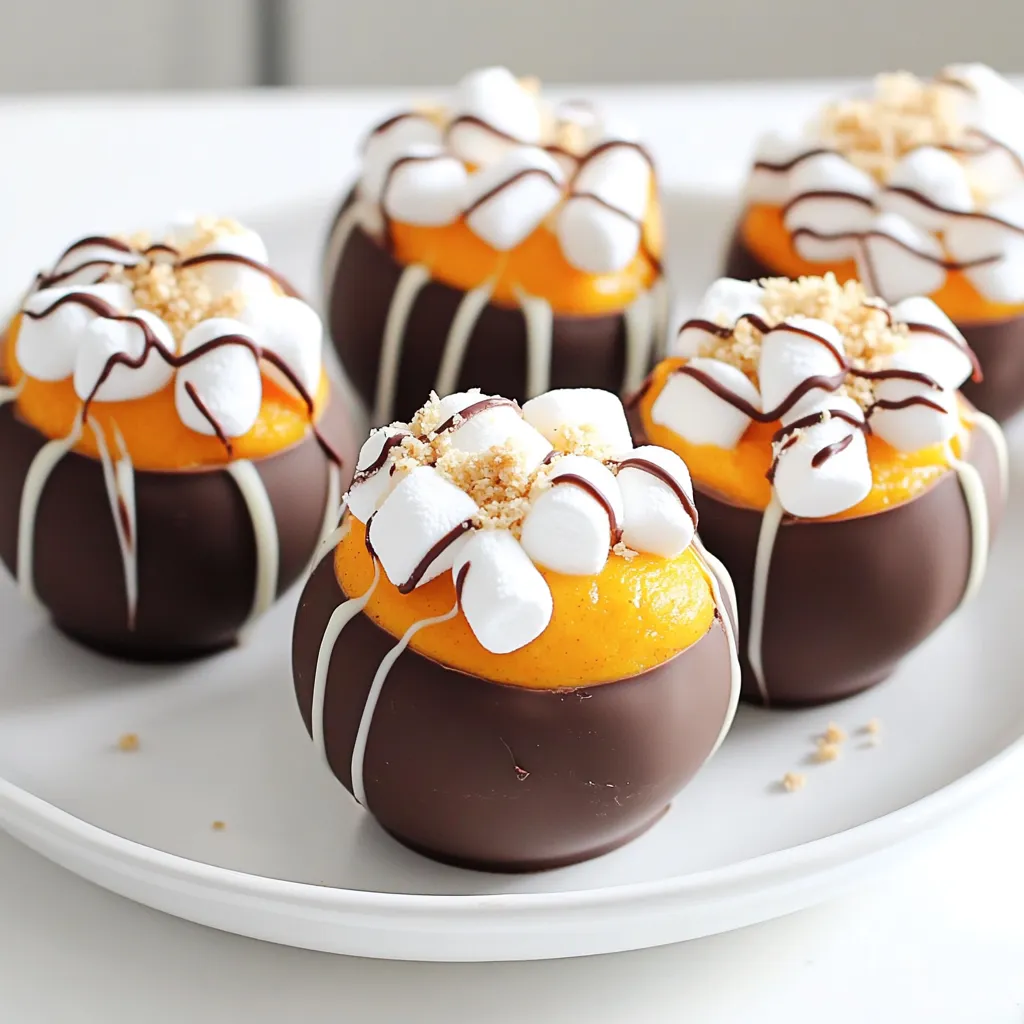 To make cozy pumpkin spice hot cocoa bombs, you will need: - 1 cup milk chocolate chips - 1 cup white chocolate chips - 1 teaspoon coconut oil - 1 cup hot cocoa mix - ½ cup pumpkin puree - 1 teaspoon pumpkin spice blend (cinnamon, nutmeg, ginger) - Mini marshmallows - Optional: whipped cream and crushed graham crackers for topping These ingredients create a warm and rich drink. The pumpkin puree adds a nice texture and flavor. The mix of spices brings out the cozy fall vibes. For the best flavor, I recommend using high-quality chocolate. Here are some brands I trust: - Ghirardelli: Their chocolate chips melt well and taste rich. - Callebaut: This brand offers a smooth melt with great flavor. - Guittard: Known for its fine chocolate, it works perfectly for bombs. Using quality chocolate makes a big difference in taste and texture. So, choose wisely for the best results. Feel free to get creative with your hot cocoa bombs! Here are some fun ideas: - Peppermint extract for a minty twist. - Caramel sauce for extra sweetness. - Crushed Oreos for a cookie crunch. - Chopped nuts for added texture. These add-ins can enhance the flavor and make your cocoa bombs unique. Try mixing and matching to find your favorite combo! To start, gather your tools. You need a microwave-safe bowl and a silicone sphere mold. First, measure 1 cup of milk chocolate chips and add 1 teaspoon of coconut oil to the bowl. Heat this in the microwave. Do it in 30-second bursts. Stir well after each burst until the mix is smooth. Next, pour the melted chocolate into the mold. Use the back of a spoon to spread it evenly. Make sure to fill the mold up to the rim. Once all molds are filled, place them in the fridge. Chill for about 10-15 minutes or until the chocolate is hard. While the chocolate sets, it’s time to make the pumpkin filling. In a mixing bowl, combine 1 cup of hot cocoa mix, ½ cup of pumpkin puree, and 1 teaspoon of pumpkin spice blend. This blend includes cinnamon, nutmeg, and ginger. Stir everything together until it’s smooth and well mixed. Set your filling aside for later. Once the chocolate shells are ready, carefully remove them from the molds. Take half of the shells and fill each one with a spoonful of your pumpkin filling. Add a few mini marshmallows on top of the filling for extra sweetness. Now, warm the edges of the remaining chocolate shells. You can do this by briefly placing them over a hot pan. This will help the shells stick together. Place them on top of the filled shells and press gently to seal the edges. For a fun twist, melt the white chocolate chips with another teaspoon of coconut oil. Drizzle this over the top of the bombs. You can also sprinkle crushed graham crackers on top for a s'mores feel. Finally, chill the bombs again in the fridge for another 10-15 minutes. Now you are ready to enjoy your cozy pumpkin spice hot cocoa bombs! To melt chocolate well, use a microwave-safe bowl. Combine your chocolate chips with coconut oil. The oil helps keep the chocolate smooth. Heat in 30-second bursts. Stir each time to avoid burning. If you notice a few lumps, keep stirring. The heat from the melted chocolate will melt the lumps. This method keeps your chocolate rich and glossy. For a strong seal on your cocoa bombs, warm the edges before you press them together. You can use a hot pan for this. Gently touch the edges of each half to the pan. This softens the chocolate just enough. Quickly place the warm half on the filled half. Press down gently to seal. Make sure the edges touch completely. This prevents any filling from leaking out. Make your cocoa bombs pop with fun decorations! After sealing, melt white chocolate and drizzle it over the top. This adds a lovely contrast to the dark chocolate. For extra flair, sprinkle crushed graham crackers on top. This gives it a s'mores vibe. You can also add mini marshmallows on top. They look cute and taste great! Serve your cocoa bomb in a mug with hot milk for a cozy treat. {{image_2}} You can play with flavors to make your hot cocoa bombs unique. Try using dark chocolate for a richer taste. For a minty twist, add peppermint extract to your filling. You can even switch pumpkin puree for other purees like raspberry or almond. Each change adds a new layer of delight. Toppings can elevate your cocoa bombs. Instead of mini marshmallows, use chocolate chips or toffee bits. Drizzling caramel or chocolate sauce adds a tasty touch. You can also sprinkle crushed nuts or candy pieces for crunch. Get creative and mix your favorite treats! You can easily make these cocoa bombs vegan. Use dairy-free chocolate chips and almond or oat milk. Replace regular cocoa mix with a vegan version. For the filling, you can use coconut cream instead of pumpkin puree. It gives a lovely texture while keeping it plant-based. Enjoy these cozy delights no matter your dietary needs! To keep your cocoa bombs fresh, place them in an airtight container. You can use a glass jar or a plastic box with a tight lid. It is best to store them in a cool, dry place, away from heat and sunlight. This helps maintain their shape and flavor. Avoid stacking them on top of each other to prevent breaks. Homemade cocoa bombs can last about two weeks when stored properly. Check for any signs of spoilage. If you see any white spots or a change in texture, it’s best to throw them away. A strange smell is also a sign that they are no longer fresh. You can freeze cocoa bombs for longer storage. Wrap each bomb in plastic wrap and place them in a freezer bag. They can last up to three months in the freezer. To use, take them out and let them thaw at room temperature for about 30 minutes. This keeps them from melting too quickly when you pour hot milk over them. Enjoy your cozy treat! A hot cocoa bomb is a chocolate sphere filled with cocoa mix and toppings. When you pour hot milk over it, the shell melts. This releases the cocoa mix and marshmallows inside, creating a rich drink. It's a fun treat, perfect for chilly days! Yes, you can use different types of chocolate! Dark, milk, or even white chocolate all work great. Each type gives a unique flavor. Just remember to adjust the sweetness based on your choice. Dark chocolate will taste more bitter, while white chocolate is very sweet. To serve, place a hot cocoa bomb in a mug. Heat your milk until it's hot but not boiling. Pour the hot milk over the bomb. Watch as it dissolves! Stir it well to mix everything up. You can top it with whipped cream or crushed graham crackers for extra fun. Enjoy your cozy treat! Hot cocoa bombs are fun and easy to make. This post covered essential ingredients, like quality chocolate and tasty add-ins. We shared step-by-step instructions to craft these treats, from making the shells to sealing them tight. You learned helpful tips for Melt chocolate and serving ideas. We also explored different flavor combos, vegan options, and how to store them well. In the end, hot cocoa bombs offer a warm and customizable drink experience. Try making them your way for a special treat!