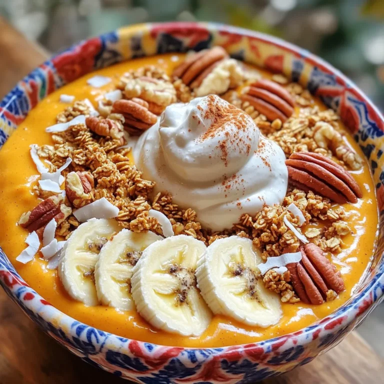 - 1 cup pumpkin puree - 1 banana, frozen - 1/2 cup Greek yogurt - 1/2 cup milk (dairy or non-dairy alternative) - 2 tablespoons maple syrup (adjust to taste) - 1 teaspoon vanilla extract - 1 teaspoon pumpkin pie spice - 1/4 teaspoon cinnamon - Granola - Pecans - Sliced bananas - Coconut flakes - Whipped cream To make a pumpkin cheesecake smoothie bowl, gather your main ingredients first. Pumpkin puree brings that rich, creamy base. The frozen banana adds natural sweetness and a smooth texture. Greek yogurt boosts protein and creaminess. Milk, whether dairy or a nut milk, helps blend everything together. Next, let’s talk about sweeteners and spices. Maple syrup adds a lovely sweetness. You can adjust it to your taste. Vanilla extract enhances the flavor, making it richer. Pumpkin pie spice and cinnamon create that warm, cozy feel. They bring out the pumpkin’s natural sweetness. Now for the fun part: toppings! Granola adds crunch and texture. Pecans give a nice nutty flavor. Sliced bananas can make it even sweeter. Coconut flakes add a tropical twist. Finally, a dollop of whipped cream makes it feel like dessert. Each topping adds something special to your bowl. Enjoy mixing and matching! - Step 1: Combine all main ingredients in the blender. Use 1 cup of pumpkin puree, 1 frozen banana, 1/2 cup of Greek yogurt, and 1/2 cup of milk. Add 2 tablespoons of maple syrup, 1 teaspoon of vanilla extract, 1 teaspoon of pumpkin pie spice, and 1/4 teaspoon of cinnamon. - Step 2: Blend until smooth and creamy. This should take about 30 seconds on high speed. The mix should be thick but pourable. - If your smoothie is too thick, add more milk. Start with 1 tablespoon, blend, and check again. - To keep a creamy texture, ensure all ingredients are cold. Frozen bananas help create that rich feel. - Pour the smoothie into a bowl. Use the back of a spoon to create a swirl on top. - For decoration, add granola, pecans, sliced bananas, and coconut flakes. - Finish with a dollop of whipped cream for a cheesecake-like touch. Use a colorful bowl to make it look extra inviting. A cute spoon on the side adds charm. Enjoy your tasty and nutritious pumpkin cheesecake smoothie bowl! When making your Pumpkin Cheesecake Smoothie Bowl, the right ingredients matter. For milk, you can choose dairy or non-dairy options. Dairy milk gives a rich taste. If you prefer plant-based, almond or oat milk works well too. They add creaminess without the dairy. For bananas, always use frozen ones. Frozen bananas create a smooth texture and cold temperature. Fresh bananas don't blend as well and can make your bowl too warm and runny. To make your smoothie bowl even better, consider adding spices. Besides pumpkin pie spice, try nutmeg or ginger. These spices enhance the pumpkin flavor and add warmth. Adjust sweetness with maple syrup. Start with two tablespoons. Taste and add more if needed. This way, you control how sweet your bowl is. A beautiful bowl makes a meal more appealing. Choose a bright bowl that contrasts with your smoothie. This draws the eye and makes it fun to eat. Use a cute spoon alongside. It adds charm to your breakfast. For toppings, be creative! Arrange granola, sliced bananas, and pecans in fun patterns. A sprinkle of coconut flakes adds texture. Finally, a dollop of whipped cream can make it feel like a treat. {{image_2}} If you need a dairy-free or vegan option, you can easily swap ingredients. Use coconut yogurt instead of Greek yogurt. For the milk, almond or oat milk works great. These changes keep the taste creamy and delicious. For low-sugar variations, cut back on maple syrup. You can use stevia or monk fruit sweetener instead. This lets the pumpkin flavor shine without added sugar. Want to change things up? Adding nut butters can give your smoothie bowl a tasty twist. Almond or cashew butter adds creaminess and healthy fats. You can also mix in chocolate protein powder for an extra boost. This gives you more protein and a rich flavor. These small changes can make your smoothie even more satisfying. You can make this smoothie bowl fun for any season! In the fall, try adding cooked apples or pears for a warm flavor. For a festive touch during the holidays, top your bowl with crushed candy canes or festive sprinkles. These little details can make your smoothie bowl feel special and fun. Explore different toppings to keep your breakfast exciting all year round! To keep your pumpkin cheesecake smoothie bowl fresh, store it in a sealed container. Place it in the fridge right after you make it. The smoothie bowl stays good for about two days. Make sure it is covered well to prevent it from absorbing any strong odors from the fridge. You can use leftover ingredients in many tasty ways. If you have extra pumpkin puree, mix it into oatmeal or pancakes. The frozen banana can go into other smoothies. Greek yogurt is great in dips or salad dressings. Maple syrup works well in baked goods, like muffins or cookies. These ideas help reduce waste and add variety to your meals. If you want to save time later, freeze the smoothie base. Pour it into ice cube trays or freezer bags. When you're ready to enjoy it, just thaw it in the fridge overnight. You can also use the microwave for a quick thaw. This method keeps the flavor and texture nice, making it easy to whip up a delicious breakfast in no time. Yes, you can! To prep this smoothie bowl early, make the base and store it. Blend the pumpkin puree, frozen banana, Greek yogurt, milk, maple syrup, vanilla extract, pumpkin pie spice, and cinnamon. Place the mix in an airtight container. You can keep it in the fridge for up to 2 days. When ready to serve, stir it well. Add your toppings fresh for the best taste. If you need a substitute for Greek yogurt, try these options: - Silken tofu: A great choice for a dairy-free option. - Coconut yogurt: Adds a nice flavor and is dairy-free. - Regular yogurt: Use plain yogurt if you prefer a lighter option. These alternatives can help meet different dietary needs while keeping your smoothie bowl creamy. To cut calories in this smoothie bowl, consider these swaps: - Use a low-fat yogurt: This reduces the fat content while keeping the creaminess. - Reduce maple syrup: Start with one tablespoon and adjust to your taste. - Choose unsweetened milk: This way, you avoid extra sugar. These changes help you enjoy a lighter version while keeping the flavor intact. Yes, this smoothie bowl is a great breakfast choice! It is packed with nutrients. The pumpkin puree offers vitamins A and C, while the banana adds potassium. Greek yogurt gives protein for energy. Toppings like granola and nuts add fiber and healthy fats. This meal keeps you full and satisfied all morning. Enjoy it as a tasty, nutritious start to your day! The pumpkin cheesecake smoothie bowl is a delight to make and enjoy. We covered the key ingredients, including pumpkin puree and spices that bring flavor. I shared tips for blending, serving, and presenting your bowl for a great look. You can easily adjust this recipe for various needs, like vegan or low-sugar options. Lastly, don’t forget about storage tips for any leftovers. This treat is perfect for breakfast or a snack, so enjoy crafting your own unique version!