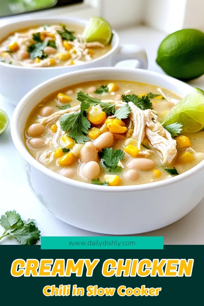 Warm up with this delicious and easy creamy white chicken chili that's perfect for any occasion! Made with tender chicken, hearty white beans, and a touch of spice, it's a comforting meal your whole family will love. Ready in just 7 hours, this slow cooker recipe is perfect for busy days. Don't wait, click through to discover the full recipe and get ready to enjoy a bowl of happiness! #WhiteChickenChili #ChiliRecipes #ComfortFood #SlowCookerMeals