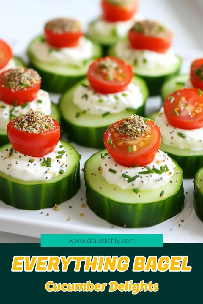 Elevate your appetizer game with these Everything Bagel Cucumber Bites! This refreshing recipe combines crisp cucumber slices topped with a creamy, herb-infused spread and juicy cherry tomatoes, perfect for any gathering. Easy to make in just 15 minutes, these tasty bites will wow your guests. Click through to explore the full recipe and impress everyone with your culinary skills! #Appetizers #HealthySnacks #CucumberRecipes #PartyFood