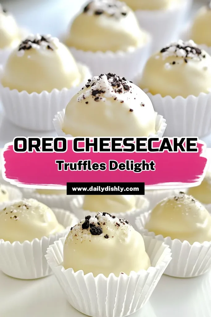 Indulge your sweet tooth with these Oreo Cheesecake Truffles that are irresistibly delicious and easy to make! Perfect for parties or a delightful treat at home, these creamy bites are coated in silky white chocolate and crushed Oreos. Ready in just 55 minutes, they'll become a favorite for any occasion. Click through for the full recipe and tips to impress your guests! #OreoTruffles #DessertRecipes #NoBakeTreats #SweetTreats
