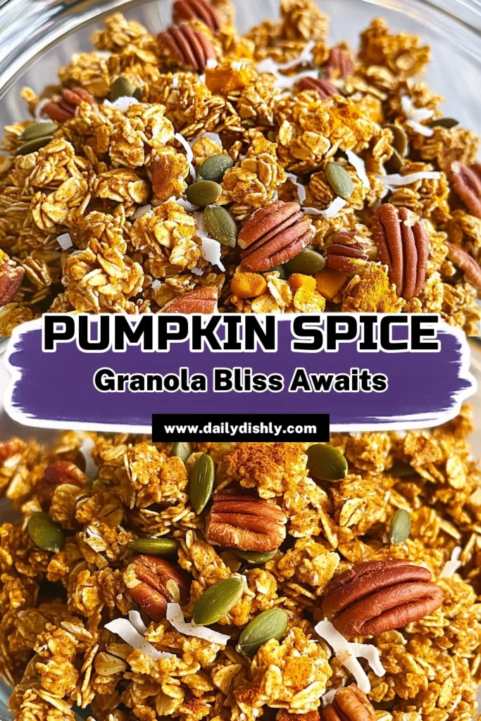Craving a seasonal treat? Try this Pumpkin Spice Delight Granola recipe! Whip up a delicious and crunchy granola packed with rolled oats, pecans, and pumpkin goodness that's perfect for breakfast or a snack. Easy to make and bursting with fall flavors, this recipe will have everyone asking for more. Click through to discover how to create your own batch! #PumpkinSpice #GranolaRecipe #HealthySnacks #FallFlavor