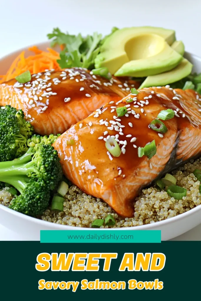 Elevate your dinner game with these delicious Honey Garlic Salmon Bowls! This quick and easy recipe features tender salmon fillets marinated in a sweet and savory blend, served over a bed of nutritious quinoa, steamed broccoli, and sliced avocado. Perfect for a healthy weeknight meal, this dish is as vibrant as it is tasty. Click to discover the full recipe and impress your family tonight! #HoneyGarlicSalmon #HealthyRecipes #QuickLunch #SalmonBowls