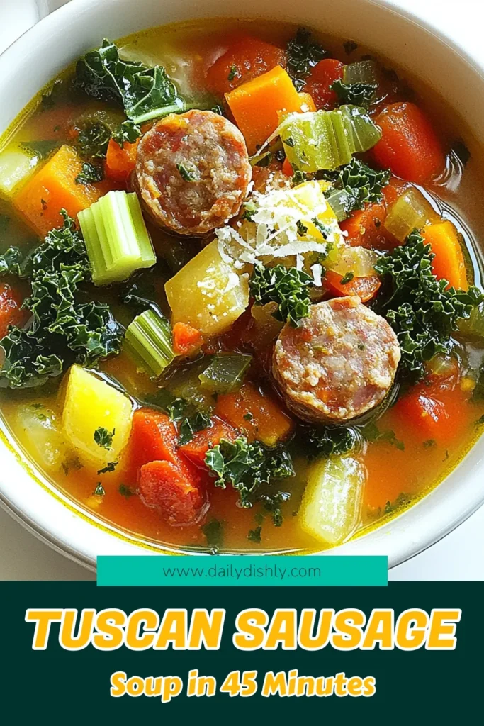 Warm up your day with this Tuscan Sausage Delight Soup! Packed with hearty Italian sausage, fresh veggies, and vibrant spices, this comforting dish is perfect for any meal. Follow easy steps to create a delicious and nutritious soup that your family will love. Don't miss out on this flavorful recipe—click through for all the details and start cooking! #TuscanSausageDelightSoup #HealthyRecipes #SoupSeason #ComfortFood