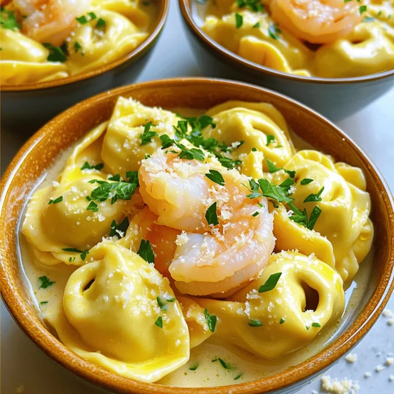 To make this dish, you need a few key ingredients: - 12 oz cheese tortellini - 1 lb large shrimp, peeled and deveined - 3 tablespoons olive oil - 4 cloves garlic, minced - 1 cup heavy cream - 1 cup grated Parmesan cheese - 1 teaspoon Italian seasoning - Salt and pepper to taste - Fresh parsley, chopped (for garnish) These ingredients come together to create a rich and tasty meal. The cheese tortellini adds a lovely texture, while the shrimp brings in a fresh flavor. Garlic and cream make a perfect sauce. You can also customize this dish with some optional ingredients: - Lemon juice for brightness - Red pepper flakes for heat - Spinach for added nutrients - Sun-dried tomatoes for a burst of flavor Feel free to mix and match these options. They can enhance the taste and add fun twists to your meal. When choosing shrimp, look for these details: - Smell: Fresh shrimp should smell like the ocean, not fishy. - Color: Look for shrimp that are pink or gray without dark spots. - Texture: The shrimp should feel firm and not slimy. Buying fresh shrimp ensures your dish will taste its best. Always check the expiration date and choose shrimp that is still cold to the touch. To start, boil water in a large pot. Add salt to the water to enhance flavor. Once the water is boiling, add 12 oz of cheese tortellini. Cook the tortellini according to the package instructions. This usually takes about 3 to 5 minutes. You want them to be al dente. When done, drain the tortellini and set them aside. Next, grab a large skillet and heat 3 tablespoons of olive oil over medium heat. Add 1 lb of peeled and deveined shrimp to the skillet. Cook the shrimp for about 2 to 3 minutes on each side. Look for them to turn pink and opaque. Once cooked, remove the shrimp from the skillet and set them aside. In the same skillet, add 4 minced garlic cloves. Sauté the garlic for about 1 minute. You want it to be fragrant but not burnt. After that, lower the heat to medium-low. Pour in 1 cup of heavy cream and stir to combine. Bring the mixture to a gentle simmer. Now it's time to mix in flavor! Add 1 cup of grated Parmesan cheese and 1 teaspoon of Italian seasoning to the cream. Stir well until the cheese melts and the sauce is smooth. Season with salt and pepper to taste. Finally, add the cooked tortellini and shrimp back into the skillet. Toss everything together until well coated in the creamy sauce. Let it cook on low heat for an extra 2 to 3 minutes to heat through. To cook perfect tortellini, follow these steps: - Use a large pot with plenty of water. - Add salt to the water before boiling. - Cook the tortellini according to the package instructions. - Check for al dente texture; it should be firm yet tender. - Drain the tortellini gently to avoid breaking them. To create a rich and creamy sauce: - Start with fresh garlic; it adds great flavor. - Sauté the garlic in olive oil until fragrant. - Lower the heat before adding heavy cream. - Stir in Parmesan cheese slowly for a smooth blend. - Season with salt and pepper to enhance taste. You can adjust the flavors easily: - Add more garlic for a stronger taste. - Mix in red pepper flakes for some heat. - Use fresh herbs like basil or thyme for freshness. - Experiment with lemon juice for brightness. - Taste as you go to find your perfect balance. {{image_2}} You can boost the nutrition of your creamy garlic shrimp tortellini by adding vegetables. Spinach, peas, or cherry tomatoes work well. Just toss them in the skillet after sautéing the shrimp. Cook for a few minutes until tender. This adds color and flavor to your dish. Plus, it makes your meal healthier! If you have dietary needs, you can make simple swaps. For gluten-free options, use gluten-free tortellini. If you avoid dairy, try a plant-based cream and nutritional yeast instead of Parmesan. These changes keep the dish tasty while catering to your needs. Always check labels to ensure the products fit your diet. You can switch up the protein or carbs in this recipe. Instead of shrimp, try chicken or tofu for a different taste. If you want a lighter meal, use zucchini noodles instead of tortellini. These swaps keep your meal fresh and exciting. Enjoy experimenting with flavors and textures! To keep leftover creamy garlic shrimp tortellini fresh, use an airtight container. Make sure to cool the dish to room temperature before sealing. Store it in the fridge. It’s best to eat leftovers within three days for the best taste. You can freeze creamy garlic shrimp tortellini, but it may change texture. Place it in a freezer-safe container or bag. Remove as much air as possible before sealing. This helps avoid freezer burn. When you want to eat it, thaw in the fridge overnight. Reheat gently on the stove over low heat. Add a splash of cream to restore its creaminess. The shelf life of creamy garlic shrimp tortellini is about three days in the fridge. If you freeze it, it can last up to three months. Always check for any off smell or changes in color before consuming. This ensures your meal stays safe and delicious. You can serve this dish with a simple side salad. A fresh green salad with lemon vinaigrette works well. Garlic bread is another great choice. It adds a nice crunch and flavor. You might also enjoy a light vegetable like steamed asparagus or roasted broccoli. These sides balance the richness of the creamy sauce. Yes, you can prepare this dish in advance. Cook the tortellini and shrimp, then make the sauce. Store each component in separate containers. Keep them in the fridge for up to two days. When ready to serve, just combine them and heat gently. This helps maintain the dish's flavor and texture. To reheat, use a skillet over low heat. Add a splash of cream or milk to keep it creamy. Stir gently until warmed through. Avoid high heat, as this can cause the sauce to separate. You want to keep that smooth, rich texture. Enjoy your meal just like it was freshly made! This blog post covered how to make creamy garlic shrimp tortellini. We explored key ingredients, gave cooking steps, and shared tips for success. You learned about fun variations and how to store leftovers. In the end, this dish is easy, flavorful, and adaptable for any meal. Enjoy your cooking journey!