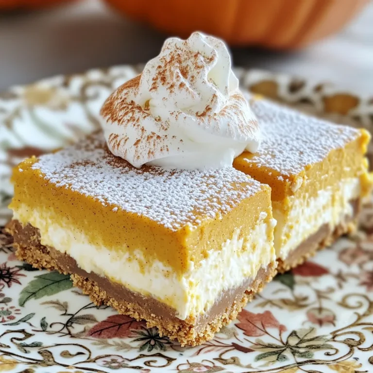 To make delicious pumpkin latte cheesecake bars, gather these ingredients: - 1 cup graham cracker crumbs - 1/4 cup unsalted butter, melted - 2 tablespoons brown sugar - 16 oz cream cheese, softened - 1 cup pumpkin puree - 1/2 cup granulated sugar - 1/2 cup brown sugar - 3 large eggs - 2 teaspoons vanilla extract - 1 teaspoon ground cinnamon - 1/2 teaspoon ground nutmeg - 1/4 teaspoon ground ginger - 1/4 teaspoon salt - 1 cup brewed coffee (cooled) You can swap ingredients based on what you have: - Use almond flour instead of graham cracker crumbs for a gluten-free base. - Coconut oil can replace unsalted butter for a dairy-free option. - For cream cheese, try a dairy-free cream cheese alternative. - Maple syrup can replace granulated sugar for a natural sweetener. - Any nut milk can work well if you want a lighter version. Choosing the right pumpkin puree is key to great flavor. Here are my tips: - Look for pure, canned pumpkin without added spices or sugar. - Check for a deep orange color, which means it’s ripe and ready. - If using fresh pumpkin, pick small sugar or pie pumpkins for the best taste. - Always check the can for a good seal to ensure freshness. - Smell the puree. It should have a sweet, earthy scent without any off-notes. These tips help you get the best out of your pumpkin puree, making your bars truly delightful. Start by preheating your oven to 325°F (160°C). Grab an 8x8-inch baking pan and line it with parchment paper. Make sure to leave some paper hanging over the edges. This will help you lift the bars out later. In a medium bowl, mix together 1 cup of graham cracker crumbs, 1/4 cup of melted unsalted butter, and 2 tablespoons of brown sugar. Stir until the crumbs look like wet sand. Press this crumb mix evenly into the bottom of your pan. Bake it for 10 minutes, then set it aside to cool slightly. In a large bowl, beat 16 ounces of softened cream cheese until it’s nice and smooth. Gradually add in 1/2 cup of granulated sugar and 1/2 cup of brown sugar. Mix well until combined. Next, add in 1 cup of pumpkin puree, 3 large eggs, 2 teaspoons of vanilla extract, 1 teaspoon of ground cinnamon, 1/2 teaspoon of ground nutmeg, 1/4 teaspoon of ground ginger, and 1/4 teaspoon of salt. Mix until everything is smooth and creamy. Slowly pour in 1 cup of cooled brewed coffee while mixing. This gives the filling a rich flavor. Pour the creamy pumpkin cheesecake mix over the cooled crust. Spread it out evenly. Bake the bars for 35-40 minutes. You want the edges to set while the center remains slightly jiggly. Remember, they will firm up as they cool. After baking, let the bars cool at room temperature for about 1 hour. Then, put them in the fridge for at least 4 hours, or until they are fully chilled. When chilled, use the parchment paper to lift the cheesecake out of the pan. Cut it into bars and enjoy! To get the best texture for your bars, mix your cream cheese well. Start with softened cream cheese and beat it until smooth. This step helps avoid lumps. When adding eggs, mix one at a time. This keeps the batter creamy. Pour in the cooled coffee slowly while mixing. This step adds moisture without making it too runny. One common mistake is not cooling the crust enough. Let it cool before adding the filling. If it's too warm, the filling can melt. Another mistake is overbaking. Keep an eye on the bars. They should have a slight jiggle in the center when done. Lastly, don't skip the chilling time. Refrigerate for at least four hours for set bars. For a beautiful presentation, dust the tops with powdered sugar. This adds a nice touch. Use a sharp knife for clean cuts. Serve each slice on a decorative plate. Add a dollop of whipped cream on the side. A sprinkle of cinnamon on top looks lovely too. These simple steps make your bars look as good as they taste. {{image_2}} You can make these bars gluten-free easily. Use gluten-free graham cracker crumbs instead of regular ones. Check the label to ensure they are truly gluten-free. This small swap keeps the crust tasty and crunchy. You can also use almond flour mixed with a bit of sugar and butter for a different twist. Want to mix things up? Add chocolate chips for a sweet surprise. You can also stir in some caramel sauce for a rich flavor. If you love spice, try adding a pinch of cloves or allspice. Each option gives your cheesecake bars a unique taste, making them fun for all. These pumpkin latte cheesecake bars shine at any event. For a cozy fall gathering, serve them with warm cider. At a holiday party, pair them with coffee or tea. For a birthday, add festive plates and colorful candles. You can even serve them at a picnic with fresh fruit. Every occasion can be special with these delightful bars! Store your Pumpkin Latte Cheesecake Bars in an airtight container. Place them in the fridge. They will stay fresh for up to five days. If you want them to last longer, freezing is an option. To freeze the bars, cut them into individual pieces first. Wrap each piece in plastic wrap. Then, place the wrapped bars in a freezer-safe bag or container. They can last for up to three months in the freezer. When ready to enjoy, just thaw them in the fridge overnight. To reheat the bars, you can use the microwave. Heat them for about 15-20 seconds. Check to make sure they are warm, but not hot. This keeps the texture nice. You can also enjoy them cold straight from the fridge. Yes, you can use canned pumpkin. It saves time and is very convenient. Just make sure you choose 100% pure pumpkin. Avoid pumpkin pie filling, as it has added sugars and spices. Canned pumpkin gives you the same rich flavor and smooth texture. These cheesecake bars last about 5 days in the fridge. Store them in an airtight container to keep them fresh. If you want to enjoy them later, you can freeze them. Just wrap each bar tightly in plastic wrap and put them in a freezer bag. They can last up to 3 months in the freezer. Great drinks to enjoy with these bars include coffee, chai tea, or spiced apple cider. A warm cup of coffee enhances the latte flavor in the dessert. Chai tea adds a nice spice that complements the pumpkin. Spiced apple cider brings a sweet, fruity note that balances the rich cheesecake. This post covered all you need to make amazing Pumpkin Latte Cheesecake Bars. We discussed the key ingredients and how to find the best ones. You learned step-by-step instructions to prepare the crust and filling. I shared tips for achieving the perfect texture and avoiding common mistakes. We also explored fun variations and storage methods for leftovers. Enjoy making these bars for your next event! You will impress your friends and family with your skills.
