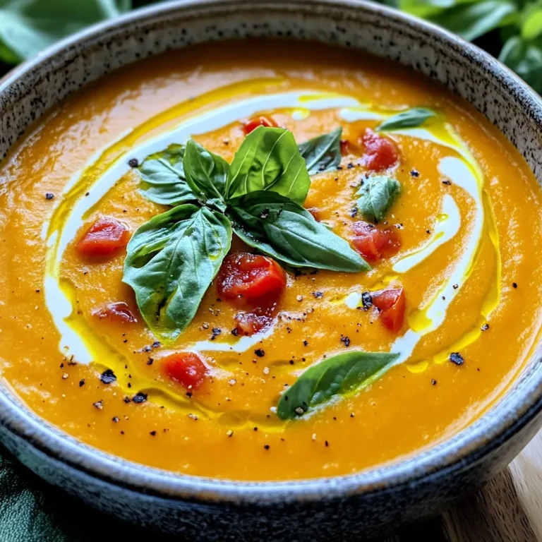 - 1 cup pumpkin purée (canned or homemade) - 2 cups ripe tomatoes, diced (or 1 can of diced tomatoes) - 1 medium onion, chopped - 2 cloves garlic, minced - 1 cup vegetable broth - 1 cup coconut milk (or heavy cream) - Spices and garnishes - 1 teaspoon ground cumin - 1 teaspoon smoked paprika - Olive oil - Salt and pepper - Fresh basil leaves for garnish This soup is rich and creamy, perfect for a cozy meal. You need fresh and simple ingredients. I love using either canned or homemade pumpkin purée. It gives a great texture and taste. Ripe tomatoes add a fresh flavor that balances the pumpkin perfectly. Onions and garlic are essential. They build a flavorful base for the soup. The vegetable broth adds depth, while coconut milk or heavy cream gives it a smooth finish. The spices, ground cumin and smoked paprika, bring warmth and richness. Olive oil adds a nice touch and helps sauté the onions. Don’t forget salt and pepper! They enhance all the flavors. For a pop of color and freshness, I always top my soup with fresh basil leaves. They make every bowl look special. Gather these ingredients, and you’ll be ready to make a delightful bowl of creamy pumpkin tomato soup. It's simple, yet so satisfying! - Sauté onion and garlic: Start by heating olive oil in a large pot over medium heat. Add the chopped onion and cook it until it looks clear, about 5 minutes. This makes the base full of flavor. Then, add the minced garlic and stir it for 1 more minute until you smell its goodness. - Combine main ingredients: Now, add the diced tomatoes and pumpkin purée to the pot. Pour in the vegetable broth next. Finally, sprinkle in the ground cumin and smoked paprika. These spices bring warmth and depth to the soup. - Simmer and blend the soup: Bring the mixture to a boil. Once boiling, lower the heat and let it simmer for about 15 minutes. This cooks the flavors together. After simmering, use an immersion blender to mix the soup until smooth. If you don’t have one, carefully pour the soup into a blender in batches. - Add coconut milk and season: Stir in the coconut milk or heavy cream. Heat it gently for another 5 minutes. Taste the soup and add salt and pepper to make it perfect. Adjust the spices if you want more flavor. - Garnish with fresh basil: Serve the soup hot. Top it with fresh basil leaves for a bright finish. This adds a pop of color and flavor. - Pairing ideas: Enjoy this soup with crusty bread or a fresh salad. It makes a cozy meal that warms the heart. Choosing the right pumpkin purée When you pick pumpkin purée, look for brands that use 100% pumpkin. Avoid those with added sugars or flavors. If you want to make your own, roast a small pumpkin, scoop out the flesh, and blend it until smooth. Homemade tastes fresh and bright. Fresh versus canned tomatoes Fresh tomatoes bring a nice texture and taste. Use ripe, juicy ones for the best flavor. If you choose canned tomatoes, pick whole or diced without added salt. Both options work well in this soup, so pick what you like best. How to safely blend hot soup When blending hot soup, always let it cool a bit first. If you use a blender, fill it halfway. Leave the lid slightly ajar to let steam escape. If using an immersion blender, keep it submerged to avoid splashes. Adjusting consistency and flavor If your soup is too thick, add more vegetable broth or coconut milk until you reach the right texture. Taste your soup before serving. If it needs more spice, add a pinch of salt or extra cumin for depth of flavor. Serving options You can serve this soup in bowls or mugs, making it fun and easy. Pair it with crusty bread or a fresh salad for a full meal. Creative garnishes Garnish your soup with fresh basil leaves for a pop of color and taste. You could also drizzle a bit of coconut milk on top for a fancy touch. A sprinkle of smoked paprika adds a nice visual and flavor boost too. {{image_2}} For those with special diets, there are tasty swaps you can make. - Dairy-free options: Use coconut milk instead of heavy cream. This keeps the soup creamy without dairy. Almond milk is another choice, but it may change the taste a bit. - Low-carb modifications: You can skip the tomatoes or use fewer of them. This keeps carbs low. Try adding more pumpkin for flavor and creaminess. Want to amp up the taste? Here are some easy ideas to try. - Adding spices: Spice it up by adding cayenne pepper or chili powder. A pinch can give the soup a nice kick. You can also add fresh herbs like thyme or rosemary for depth. - Incorporating other vegetables: Blend in carrots, bell peppers, or spinach. These not only boost nutrition but also add new flavors. You could even roast the veggies first for a smoky taste. Make this soup your own with some regional flair. - Italian-inspired adjustments: Add a touch of Italian seasoning and a splash of balsamic vinegar. Top with grated Parmesan cheese for a rich finish. - Thai-inspired variations: Mix in some red curry paste and lime juice. Top the soup with fresh cilantro and a drizzle of coconut milk. This gives a bright and bold taste that is refreshing. You can keep creamy pumpkin tomato soup in the fridge for about three to four days. To store it, use an airtight container. This helps keep the soup fresh and tasty. Let the soup cool down before you seal the container. This keeps moisture from building up inside. If you'd like to save the soup for later, freezing works great. First, let the soup cool completely. Then, pour it into freezer-safe bags or containers. Leave some space at the top since soup expands when frozen. For defrosting, place the soup in the fridge overnight. You can also defrost it in the microwave on low heat. You can reheat the soup either on the stovetop or in the microwave. For the stovetop, pour the soup into a pot and heat it on low. Stir it often to avoid sticking. If using the microwave, heat it in short intervals. Stir between each to make sure it warms evenly. After reheating, taste the soup. You can add a splash of coconut milk or a pinch of salt to enhance the flavors. Can I use fresh pumpkin instead of purée? Yes, you can use fresh pumpkin. Just peel, seed, and chop it into small cubes. Boil or steam the pumpkin until soft. Then, blend it until smooth. This gives a fresh taste but takes more time. How can I make this soup spicier? To spice up your soup, add red pepper flakes or diced jalapeños. You can also mix in a dash of hot sauce. These will give your soup a nice kick without changing the flavor too much. Calorie count and health benefits One serving of this soup has about 200 calories. It is rich in vitamins A and C. The pumpkin adds fiber and antioxidants, which help your body stay healthy. Plus, coconut milk offers healthy fats. Alternative options for added nutrition You can add lentils or quinoa for extra protein. Chopped spinach or kale can boost vitamins too. These options make your soup heartier and more filling, perfect for a meal. What to serve with creamy pumpkin tomato soup? This soup pairs well with crusty bread or a fresh salad. You could also serve it with grilled cheese sandwiches for a classic combo. These sides complement the soup's rich flavors nicely. Is it a good meal prep option? Yes, this soup is great for meal prep. It stores well in the fridge for up to five days. You can also freeze it for up to three months. Just reheat when you're ready to enjoy it again. This creamy pumpkin tomato soup combines simple ingredients and easy steps. You start by sautéing onion and garlic, then blend in ripe tomatoes and pumpkin purée. I’ve shared useful tips to enhance flavor, adjust consistency, and present the dish beautifully. Whether you prefer dairy-free options or regional twists, there's a variation to suit every taste. This soup stores well, making it perfect for meal prep. Enjoy making it part of your cooking routine—it’s tasty, healthy, and satisfying!