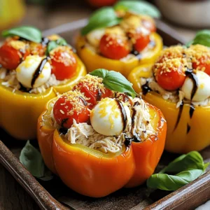 To make tasty Caprese Chicken Stuffed Peppers, gather these key items: - 4 large bell peppers (any color) - 2 cups cooked shredded chicken - 1 cup cherry tomatoes, halved - 1 cup fresh mozzarella balls, halved - 1/2 cup fresh basil leaves, chopped - 1 tablespoon balsamic glaze - 1 tablespoon olive oil - Salt and pepper to taste - 1 teaspoon Italian seasoning - 1/2 cup grated Parmesan cheese These ingredients come together to create a delicious meal. The bell peppers serve as a tasty, colorful bowl. The chicken adds protein, while the tomatoes and mozzarella bring fresh flavors. You can change this recipe to fit your taste by adding: - Cooked spinach or kale for greens - Sliced olives for a briny touch - Diced jalapeños for some heat - Cooked quinoa or rice for extra texture Feel free to mix and match these items. This flexibility lets you tailor the dish to your liking. Adding herbs and spices can boost the flavor. Here are some suggestions: - Fresh oregano for a bright taste - Crushed red pepper for heat - Garlic powder for depth - Lemon zest for a citrus pop Experiment with these seasonings. They will help you create a unique and flavorful dish. Start by preheating your oven to 375°F (190°C). Next, take four large bell peppers. You can use any color you like. Slice off the tops of the peppers and remove the seeds. Make sure to clear out the membranes too. Now, lightly brush the outside of each pepper with olive oil. Place the peppers upright in a baking dish. This helps them stay filled. In a mixing bowl, gather your cooked shredded chicken. Add in one cup of halved cherry tomatoes. Next, toss in one cup of halved fresh mozzarella balls. Chop up half a cup of fresh basil leaves and add that too. Pour in one tablespoon of balsamic glaze for extra flavor. Sprinkle in one teaspoon of Italian seasoning, along with salt and pepper. Mix everything well until it’s all combined. This filling is colorful and packed with flavor. Carefully stuff each pepper with the chicken mixture. Press down gently to pack the filling tight. Top each pepper with half a cup of grated Parmesan cheese. This will create a nice golden crust as it bakes. Cover your baking dish with foil and place it in the oven. Bake for 25 minutes, then remove the foil. Bake for an additional 10 to 15 minutes. Look for tender peppers and bubbly cheese. Once done, take them out and let them cool for a few minutes. You can garnish with extra basil if you want. When stuffing bell peppers, make sure they are fresh. Choose peppers that are firm and bright. Cut the tops off carefully. Remove the seeds and membranes gently. This helps the filling stick better. Pack the filling tightly but don’t overfill. This keeps the peppers intact during cooking. Brush the outside with olive oil for extra flavor and a nice shine. To get that gooey, melted cheese on top, use fresh mozzarella. It melts beautifully and adds great taste. Sprinkle the grated Parmesan evenly on each pepper. Cover with foil while baking to keep moisture in. This helps the cheese melt evenly. Remove the foil near the end of baking. Let the cheese get a little golden and bubbly for the best look. Prep ahead to save time. Cook and shred the chicken the day before. You can also chop the vegetables ahead of time. Store them in the fridge. When you’re ready to cook, just mix everything in a bowl. Using pre-cooked chicken cuts down on cooking time. This way, you can enjoy your meal faster without losing any flavor. {{image_2}} You can switch up the filling for new tastes. Try using ground turkey or beef instead of chicken. You can also mix in black beans for a hearty option. For a spicy kick, add jalapeños or crushed red pepper. These changes keep the dish exciting and fun. If you want a vegetarian version, use quinoa or rice in place of chicken. You can mix in sautéed mushrooms for texture. For a vegan option, replace mozzarella with vegan cheese. Make sure to use a balsamic glaze with no added sugar. These swaps make the dish plant-based and still delicious. You can cook stuffed peppers in various ways. The Instant Pot saves time and keeps them moist. Just set it to high pressure for about 10 minutes. Grilling gives a smoky flavor. Wrap the peppers in foil and place them on the grill. Baking is still the classic method, and it lets the cheese melt beautifully. Each method offers a unique taste and texture. To store leftover stuffed peppers, wait until they cool down. Place each pepper in an airtight container. You can keep them in the fridge for up to four days. If you want to keep them longer, freezing is a great option. When you are ready to eat, reheat the stuffed peppers. Preheat your oven to 350°F (175°C). Place the peppers in a baking dish. Cover them with foil to keep them moist. Bake for about 20 minutes. You can also use the microwave. Heat them for 2-3 minutes, checking every minute. Make sure they are hot all the way through. If you choose to freeze stuffed peppers, wrap each one tightly in plastic wrap. Then, place them in a freezer-safe bag. They can last for up to three months. When you are ready to eat, let them thaw overnight in the fridge. Then, reheat as mentioned above. This way, you can enjoy your Caprese chicken stuffed peppers anytime! Yes, you can use any type of pepper. Bell peppers are popular, but try poblanos or even jalapeños for heat. Each type adds its own flavor and texture. Just make sure they are sturdy enough to hold the filling. Caprese chicken stuffed peppers pair well with a simple salad. A side of garlic bread also complements the meal. You can add roasted veggies for extra color and nutrients. Consider a light pasta as a fun side dish, too. Cook your chicken to an internal temperature of 165°F (75°C). Use a meat thermometer for accuracy. If you shred pre-cooked chicken, it’s already safe. When baking, monitor the cooking time to keep everything tender. You learned how to make tasty stuffed peppers. We covered essential and optional ingredients, plus seasonings. I shared steps for prepping, filling, and baking your peppers. You picked up tips for stuffing and achieving melted cheese. I also offered ideas for variations, storage, and reheating. These tips will make your cooking easier and more fun. Try new fillings and methods! Enjoy your delicious creation!