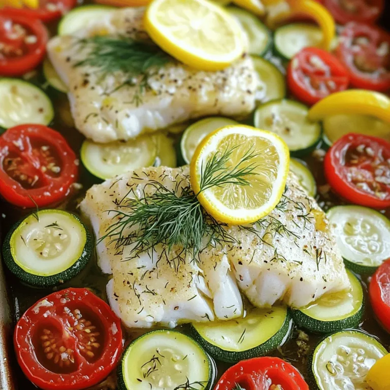 - 4 cod fillets (about 6 oz each) - 2 medium zucchinis, sliced into half-moons - 1 red bell pepper, sliced - 1 cup cherry tomatoes, halved - 3 cloves garlic, minced - 2 tablespoons fresh dill, chopped (or 1 tablespoon dried dill) For this dish, you need fresh cod fillets. They are mild and flaky, perfect for roasting. Zucchini adds a nice texture. The red bell pepper brings sweetness, while cherry tomatoes offer juiciness. Garlic and dill give it a fresh taste. - 3 tablespoons olive oil - Salt and pepper to taste - 2 lemons (one juiced, one sliced) Olive oil helps everything cook well and adds flavor. Salt and pepper enhance the taste of the cod and veggies. Fresh lemons bring a bright, zesty kick that pairs perfectly with fish. - Other vegetable options: carrots, asparagus, or broccoli - Additional spices: 1 teaspoon paprika for extra flavor You can switch up the veggies based on what you have. Carrots can add crunch, while asparagus brings a nice touch. If you like more spice, try adding paprika or even some chili flakes. This keeps the dish fun and new every time you make it! 1. Preheat your oven to 400°F (200°C). This step is key to achieving a crispy texture. 2. Prepare the vegetables. Slice the zucchinis into half-moons and chop the red bell pepper. Halve the cherry tomatoes. 1. In a small bowl, mix together 3 tablespoons of olive oil, the juice of one lemon, and 3 cloves of minced garlic. Add 2 tablespoons of chopped dill, salt, pepper, and optional paprika. This mixture brings bright flavor to the dish. 2. On your sheet pan, spread the prepared vegetables evenly. Drizzle half of the olive oil mixture over them and toss to coat. 3. Make space in the middle of the pan for the cod fillets. Place the fillets there, then brush the remaining olive oil mixture on top. Add lemon slices on each fillet for extra zing. 1. Roast everything in the preheated oven for 15-20 minutes. You want the cod to be flaky and the veggies tender. 2. Once done, remove the pan from the oven and let it rest for a couple of minutes. This helps the flavors meld together. Enjoy this simple yet tasty dish! To cook cod just right, start with fresh fillets. Look for firm and shiny fish. The best way to know if it's done is by checking its texture. Perfectly cooked cod should flake easily with a fork. You can also use a food thermometer. The safe internal temperature for cod is 145°F (63°C). When you reach this temp, your fish is ready to enjoy. When roasting with cod, choose quick-cooking veggies. Zucchini, red bell peppers, and cherry tomatoes work great. Slice them into equal pieces for even cooking. Add the denser vegetables, like bell peppers, first. They need a bit more time in the oven. After about 10 minutes, add the zucchini and cherry tomatoes. This way, all your veggies will come out tender and flavorful. For a nice presentation, serve the cod and veggies right from the sheet pan. This gives a homey, casual feel. If you want to impress, transfer them to a large platter. Add fresh dill and lemon wedges on top for color. A bright garnish makes the dish pop. It also adds a fresh taste. Enjoy your beautiful meal! {{image_2}} You can easily adjust this recipe for your dietary needs. For a gluten-free option, make sure to choose condiments without gluten. Most spices are gluten-free, but check the labels. This dish is naturally dairy-free, so you can enjoy it without any worries. If you want a vegan version, swap out the cod. You can use firm tofu or chickpeas for protein. Both options soak up flavors well. Just treat them the same way as the cod in the recipe. Herbs add a lot of taste. You can switch dill for parsley or basil. Both give a fresh twist. If you like bold flavors, add some thyme or rosemary. These herbs work well with fish and veggies. Want a kick? Sprinkle chili flakes or drizzle some hot sauce on top. This can bring a new dimension to the dish. You can adjust the heat to match your taste. Using seasonal veggies makes this dish even better. In spring, try asparagus or green beans. In fall, sweet potatoes or Brussels sprouts are great picks. Each season offers fresh choices that enhance the meal. You can also change the recipe based on the time of year. In summer, use fresh corn or bell peppers. In winter, root vegetables like carrots and parsnips shine. Adapting to the season keeps the dish exciting and fun to make! To keep your cod and veggies fresh, store them in the fridge. Place leftovers in an airtight container. Make sure to cool them before sealing. This helps keep the moisture in. Try to eat the leftovers within two days for the best taste. When you’re ready to enjoy your meal again, reheat it gently. The best way is to use the oven. Preheat it to 350°F (175°C). Place the cod and veggies on a baking sheet. Heat for about 10 minutes, or until warm. This keeps the flavor and texture just right. You can also use the microwave, but be careful not to overcook. If you want to save some for later, freezing works great. Put the cod and veggies in a freezer-safe container. Make sure to seal it tightly to avoid freezer burn. You can freeze this meal for up to three months. When you’re ready to eat, thaw it in the fridge overnight. Reheat as mentioned above for best results. Enjoy your meal with fresh flavors! Cod cooks quickly. For fillets about 6 ounces, it takes 15 to 20 minutes at 400°F (200°C). Thicker fillets may need a few extra minutes. Always check for flakiness to know it’s done. Cod should be opaque and break apart easily with a fork. Yes, you can use frozen cod! Just make sure to thaw it first. Place the frozen fillets in the fridge overnight. If you're short on time, you can also thaw them in cold water. Pat them dry before cooking to avoid excess moisture. Many sides work well with lemon dill cod. Try these: - Roasted potatoes for a hearty feel - Steamed rice for a light touch - A fresh green salad for a crisp contrast - Quinoa for a nutty flavor These sides will enhance your meal without overpowering the cod. You can prep some parts in advance. Chop the veggies and mix the olive oil blend a day ahead. Store them in the fridge separately. When you’re ready to cook, assemble everything on the sheet pan. This way, you save time and still enjoy a fresh meal. This recipe for sheet-pan lemon dill cod is simple and tasty. You learned about the key ingredients, preparation steps, and cooking tips to ensure your cod cooks perfectly. We also explored variations for different diets and seasonal changes. Storing leftovers ensures you enjoy this dish later. Remember, you can customize flavors and side dishes to suit your taste. Keep experimenting and have fun in the kitchen. Enjoy your delicious cod dish and impress your friends and family!
