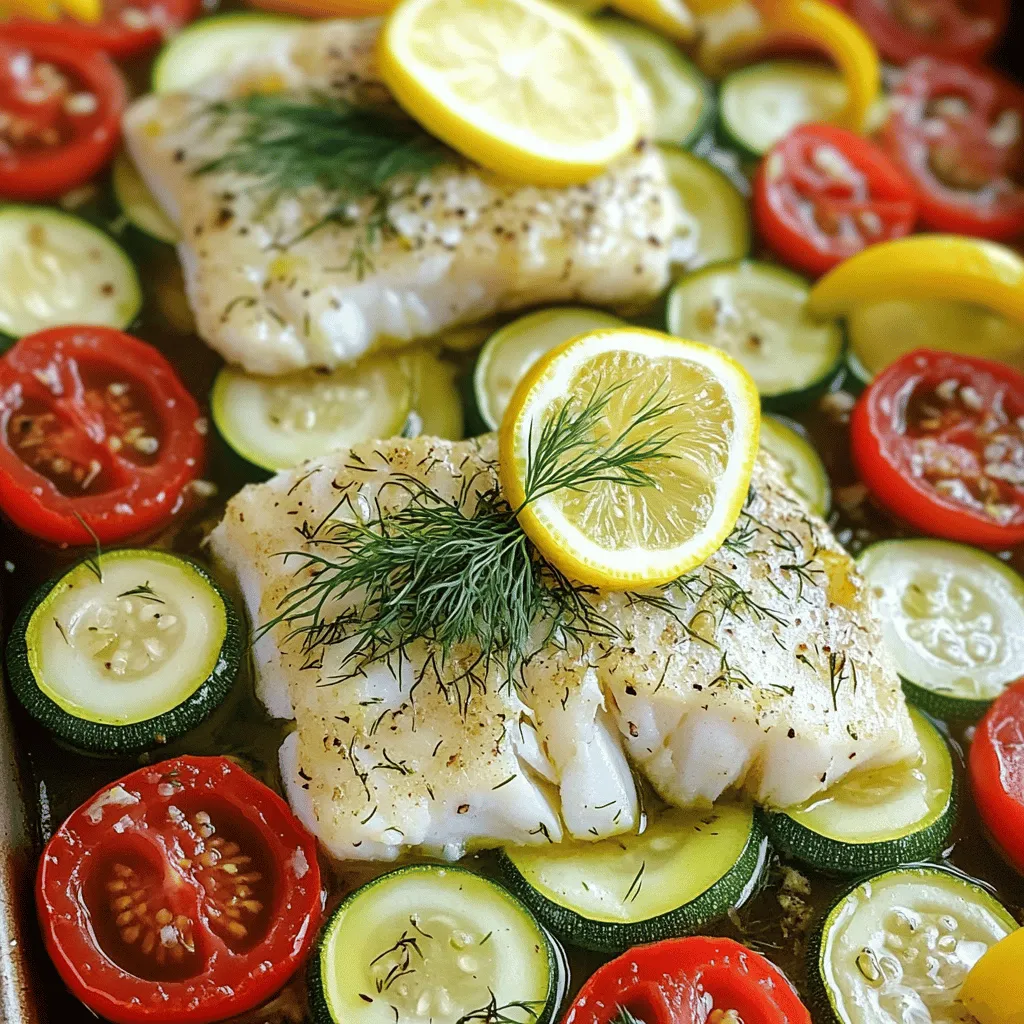 - 4 cod fillets (about 6 oz each) - 2 medium zucchinis, sliced into half-moons - 1 red bell pepper, sliced - 1 cup cherry tomatoes, halved - 3 cloves garlic, minced - 2 tablespoons fresh dill, chopped (or 1 tablespoon dried dill) For this dish, you need fresh cod fillets. They are mild and flaky, perfect for roasting. Zucchini adds a nice texture. The red bell pepper brings sweetness, while cherry tomatoes offer juiciness. Garlic and dill give it a fresh taste. - 3 tablespoons olive oil - Salt and pepper to taste - 2 lemons (one juiced, one sliced) Olive oil helps everything cook well and adds flavor. Salt and pepper enhance the taste of the cod and veggies. Fresh lemons bring a bright, zesty kick that pairs perfectly with fish. - Other vegetable options: carrots, asparagus, or broccoli - Additional spices: 1 teaspoon paprika for extra flavor You can switch up the veggies based on what you have. Carrots can add crunch, while asparagus brings a nice touch. If you like more spice, try adding paprika or even some chili flakes. This keeps the dish fun and new every time you make it! 1. Preheat your oven to 400°F (200°C). This step is key to achieving a crispy texture. 2. Prepare the vegetables. Slice the zucchinis into half-moons and chop the red bell pepper. Halve the cherry tomatoes. 1. In a small bowl, mix together 3 tablespoons of olive oil, the juice of one lemon, and 3 cloves of minced garlic. Add 2 tablespoons of chopped dill, salt, pepper, and optional paprika. This mixture brings bright flavor to the dish. 2. On your sheet pan, spread the prepared vegetables evenly. Drizzle half of the olive oil mixture over them and toss to coat. 3. Make space in the middle of the pan for the cod fillets. Place the fillets there, then brush the remaining olive oil mixture on top. Add lemon slices on each fillet for extra zing. 1. Roast everything in the preheated oven for 15-20 minutes. You want the cod to be flaky and the veggies tender. 2. Once done, remove the pan from the oven and let it rest for a couple of minutes. This helps the flavors meld together. Enjoy this simple yet tasty dish! To cook cod just right, start with fresh fillets. Look for firm and shiny fish. The best way to know if it's done is by checking its texture. Perfectly cooked cod should flake easily with a fork. You can also use a food thermometer. The safe internal temperature for cod is 145°F (63°C). When you reach this temp, your fish is ready to enjoy. When roasting with cod, choose quick-cooking veggies. Zucchini, red bell peppers, and cherry tomatoes work great. Slice them into equal pieces for even cooking. Add the denser vegetables, like bell peppers, first. They need a bit more time in the oven. After about 10 minutes, add the zucchini and cherry tomatoes. This way, all your veggies will come out tender and flavorful. For a nice presentation, serve the cod and veggies right from the sheet pan. This gives a homey, casual feel. If you want to impress, transfer them to a large platter. Add fresh dill and lemon wedges on top for color. A bright garnish makes the dish pop. It also adds a fresh taste. Enjoy your beautiful meal! {{image_2}} You can easily adjust this recipe for your dietary needs. For a gluten-free option, make sure to choose condiments without gluten. Most spices are gluten-free, but check the labels. This dish is naturally dairy-free, so you can enjoy it without any worries. If you want a vegan version, swap out the cod. You can use firm tofu or chickpeas for protein. Both options soak up flavors well. Just treat them the same way as the cod in the recipe. Herbs add a lot of taste. You can switch dill for parsley or basil. Both give a fresh twist. If you like bold flavors, add some thyme or rosemary. These herbs work well with fish and veggies. Want a kick? Sprinkle chili flakes or drizzle some hot sauce on top. This can bring a new dimension to the dish. You can adjust the heat to match your taste. Using seasonal veggies makes this dish even better. In spring, try asparagus or green beans. In fall, sweet potatoes or Brussels sprouts are great picks. Each season offers fresh choices that enhance the meal. You can also change the recipe based on the time of year. In summer, use fresh corn or bell peppers. In winter, root vegetables like carrots and parsnips shine. Adapting to the season keeps the dish exciting and fun to make! To keep your cod and veggies fresh, store them in the fridge. Place leftovers in an airtight container. Make sure to cool them before sealing. This helps keep the moisture in. Try to eat the leftovers within two days for the best taste. When you’re ready to enjoy your meal again, reheat it gently. The best way is to use the oven. Preheat it to 350°F (175°C). Place the cod and veggies on a baking sheet. Heat for about 10 minutes, or until warm. This keeps the flavor and texture just right. You can also use the microwave, but be careful not to overcook. If you want to save some for later, freezing works great. Put the cod and veggies in a freezer-safe container. Make sure to seal it tightly to avoid freezer burn. You can freeze this meal for up to three months. When you’re ready to eat, thaw it in the fridge overnight. Reheat as mentioned above for best results. Enjoy your meal with fresh flavors! Cod cooks quickly. For fillets about 6 ounces, it takes 15 to 20 minutes at 400°F (200°C). Thicker fillets may need a few extra minutes. Always check for flakiness to know it’s done. Cod should be opaque and break apart easily with a fork. Yes, you can use frozen cod! Just make sure to thaw it first. Place the frozen fillets in the fridge overnight. If you're short on time, you can also thaw them in cold water. Pat them dry before cooking to avoid excess moisture. Many sides work well with lemon dill cod. Try these: - Roasted potatoes for a hearty feel - Steamed rice for a light touch - A fresh green salad for a crisp contrast - Quinoa for a nutty flavor These sides will enhance your meal without overpowering the cod. You can prep some parts in advance. Chop the veggies and mix the olive oil blend a day ahead. Store them in the fridge separately. When you’re ready to cook, assemble everything on the sheet pan. This way, you save time and still enjoy a fresh meal. This recipe for sheet-pan lemon dill cod is simple and tasty. You learned about the key ingredients, preparation steps, and cooking tips to ensure your cod cooks perfectly. We also explored variations for different diets and seasonal changes. Storing leftovers ensures you enjoy this dish later. Remember, you can customize flavors and side dishes to suit your taste. Keep experimenting and have fun in the kitchen. Enjoy your delicious cod dish and impress your friends and family!