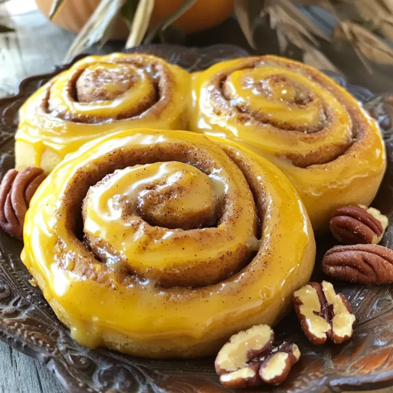 - 1 cup pumpkin puree - 1/2 cup milk, warmed - 1/4 cup sugar - 1/4 teaspoon salt - 1 teaspoon ground cinnamon - 1 teaspoon nutmeg - 1/4 teaspoon allspice - 1 packet (2 1/4 teaspoons) instant yeast - 3 tablespoons unsalted butter, melted - 3 cups all-purpose flour (plus more for dusting) - 1/4 cup brown sugar (for filling) - 2 tablespoons ground cinnamon (for filling) - 1/4 cup unsalted butter, softened (for filling) - 1 cup powdered sugar (for glaze) - 1/4 cup brown butter - Use a standard measuring cup for liquid and dry ingredients. - Make sure to pack the brown sugar lightly when measuring. - For accurate results, weigh the flour if possible. - Pumpkin Puree: This adds moisture and flavor. Canned is fine, but fresh is great too. - Milk: Warm milk helps activate the yeast. Do not boil it; just warm it slightly. - Brown Butter: This gives a nutty flavor to the glaze. Watch it closely to avoid burning. - Spices: Ground cinnamon, nutmeg, and allspice create a warm, cozy taste typical of fall. - Yeast: Instant yeast works fast and does not need proofing. This makes the process quicker and easier. These ingredients combine to create a warm, soft roll that is full of pumpkin flavor and topped with a rich brown butter glaze. Enjoy the process, and have fun baking! Start with a big bowl. Mix warm milk, sugar, and yeast. Let it sit for five minutes. The yeast will foam up. This means it’s ready. Next, add pumpkin puree, melted butter, salt, ground cinnamon, nutmeg, allspice, and two cups of flour. Stir until it’s all mixed. Now, add the rest of the flour slowly. Do this one cup at a time. You want a soft dough. When it forms, knead it on a floured surface. Knead for about five to seven minutes. The dough should feel smooth and elastic. Place it in a greased bowl. Cover it with a towel and let it rise for an hour. It should double in size. While the dough rises, let’s make the filling. Grab a small saucepan and melt the butter over medium heat. Swirl it around until it turns golden brown. This should take about five to seven minutes. It will smell nutty, which is perfect. Once done, set it aside to cool. After the dough rises, punch it down. Roll it out on a floured surface into a large rectangle. Aim for about 16x12 inches. Spread the softened butter for the filling evenly over the dough. Next, sprinkle brown sugar and ground cinnamon on top. Now comes the fun part! Starting from one long edge, roll the dough tightly into a log. Use a sharp knife or dental floss to cut it into 12 equal rolls. Place the rolls in a greased baking dish. Cover them with a towel and let them rise for another 30 minutes. Meanwhile, preheat your oven to 350°F (175°C). When the rolls have risen, it’s time to bake! Put them in the oven for 25 to 30 minutes. They should be golden brown when ready. For the glaze, mix powdered sugar with the cooled brown butter in a bowl. Drizzle this over the warm rolls as soon as they come out of the oven. Enjoy every bite of your pumpkin cinnamon rolls with brown butter! To get the best dough, you need to knead it well. Kneading helps develop gluten, making your rolls fluffy. Aim for a smooth, elastic dough. If your dough is too sticky, add a little flour. If it's too dry, add a splash of milk. Letting your dough rise is key. Cover it with a towel and place it in a warm spot. This helps it double in size. Don't rush this step; it makes all the difference. Brown butter adds a rich, nutty flavor. To make it, melt unsalted butter in a saucepan. Watch it closely as it cooks. Swirl it around until it turns golden brown. You'll know it’s ready when it smells nutty. This step takes about 5-7 minutes. Let it cool a bit before using it in your glaze. The flavor of brown butter will elevate your rolls like nothing else. The glaze is where you can get creative. Combine powdered sugar and brown butter for a simple glaze. Drizzle it over warm rolls for a sweet finish. If you want to add a twist, mix in vanilla extract or a pinch of salt. For added texture, sprinkle crushed nuts on top. These simple changes can transform your rolls into a showstopper at any gathering. {{image_2}} To make these rolls even more exciting, you can add extra spices. Try adding cloves for a warm kick or some ginger for a zesty touch. Mix these spices into the dough for a richer flavor. You can also sprinkle some pumpkin pie spice on the filling. This adds a cozy autumn taste that everyone loves. Adding nuts gives these rolls a nice crunch. Chopped pecans or walnuts work great. Fold them into the filling with the brown sugar and cinnamon. This brings in a delightful texture. Toasting the nuts before adding them can enhance their flavor. It’s a simple step that pays off with a deep, nutty taste. For those who need a gluten-free treat, you can swap the flour. Use a gluten-free all-purpose blend that includes xanthan gum. This helps the dough rise and hold its shape. You may need to adjust the amount of liquid a bit since gluten-free flours can absorb more moisture. Keep an eye on the dough’s texture. It should still be soft and slightly sticky. Enjoy your tasty gluten-free pumpkin cinnamon rolls! To keep your pumpkin cinnamon rolls fresh, let them cool completely. Place them in an airtight container. You can store them at room temperature for up to two days. If you want to keep them longer, refrigerate them. They stay good in the fridge for about a week. When you want to enjoy your rolls again, preheat your oven to 350°F (175°C). Place the rolls on a baking sheet. Cover them with foil to keep them moist. Heat for about 10-15 minutes. You can also use the microwave if you're in a hurry. Heat them for about 15-30 seconds, but keep an eye on them to avoid drying out. If you want to freeze the rolls, do this before glazing them. Wrap each roll tightly in plastic wrap and then in foil. Store them in a freezer bag. They can stay in the freezer for up to three months. To enjoy later, thaw them in the fridge overnight and reheat as mentioned. This way, you can savor the warm, gooey goodness whenever you want! You can use butternut squash puree or sweet potato puree as a substitute. Both have a similar texture and flavor. If you need a lighter option, try using applesauce. Just keep in mind that it will change the taste slightly. You may need to adjust the spices to balance the flavor. Yes, you can. If you use regular yeast, you need to activate it first. Mix it with warm milk and sugar, letting it sit for about 5 to 10 minutes. Once it foams, it’s ready to mix with the other ingredients. This step is key for getting fluffy rolls. The rolls are done when they are golden brown on top. You can also tap the bottom; it should sound hollow. If you're unsure, you can use a toothpick. Insert it in the center of a roll; it should come out clean. Let them cool slightly before drizzling the glaze. You learned about the key ingredients needed for delicious rolls. We discussed how to prepare the dough and filling, and the best baking steps. Tips helped you perfect your technique, and we explored tasty variations like pumpkin spice. You also gained insights on storing leftovers and reheating them. I hope you feel ready to make your own rolls. Enjoy this fun cooking adventure!