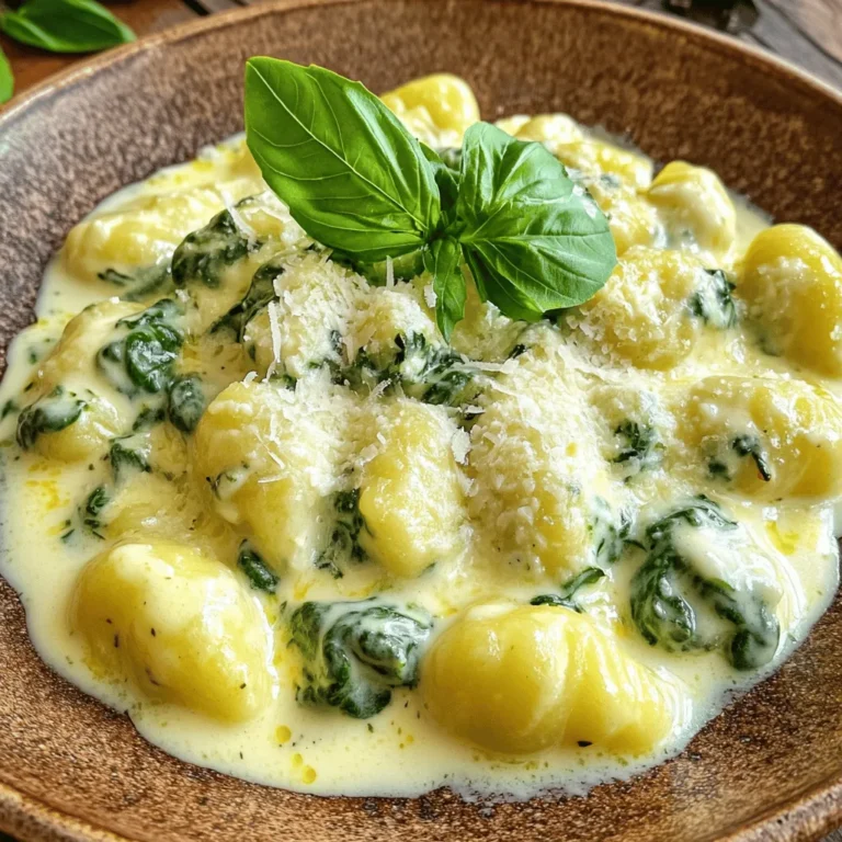 To make creamy spinach ricotta gnocchi, you'll need these simple ingredients: - 2 cups fresh spinach, chopped - 1 cup ricotta cheese - 1 cup all-purpose flour (plus extra for dusting) - 1 large egg - 1/4 teaspoon nutmeg - Salt and pepper to taste - 1 tablespoon olive oil - 1 cup heavy cream - 1/2 cup grated Parmesan cheese - Fresh basil leaves for garnish Each ingredient plays a key role in creating a rich and comforting dish. The fresh spinach gives a nice color and a healthy twist. Ricotta cheese adds creaminess. The flour helps bind everything so you can shape the gnocchi. The egg is essential for adding richness and helps the dough hold together. Nutmeg adds a warm flavor that enhances the dish. Olive oil provides a nice base for your sauce, while heavy cream adds that luscious, velvety texture. Finally, Parmesan adds a salty depth that makes each bite delicious. You can also choose garnish options like fresh basil leaves. They bring a fresh flavor and a pop of color to your plate. Enjoy these ingredients as you create your delightful meal! Start by cooking the spinach. In a skillet, add the chopped spinach and a splash of water. Heat it over medium heat. Cook until the spinach wilts, which takes about 2-3 minutes. Once it's done, remove it from the heat and let it cool. Next, squeeze out excess moisture. After cooling, take the spinach and press it firmly with your hands or use a clean cloth. This step is key to avoid watery gnocchi. Finally, chop the spinach finely to ensure it mixes well in the dough. Now it's time to make the gnocchi dough. In a large bowl, mix the ricotta cheese, chopped spinach, egg, nutmeg, and a pinch of salt and pepper. Stir until everything is well blended. Gradually add the flour, about 1/4 cup at a time. Mix it in gently. Be careful not to overwork the dough. You want it soft but not sticky. If it feels too wet, add a bit more flour. To shape the gnocchi, first, divide the dough into four equal parts. On a lightly floured surface, roll each part into a rope. Aim for a thickness of about 1/2 inch. Next, cut the rope into 1-inch pieces. If you like, roll each piece over the tines of a fork. This creates ridges that help hold the sauce better. Bring a large pot of salted water to a boil. Carefully drop the gnocchi in, but do it in batches. Watch them closely. Once they float to the surface, they are done. This usually takes about 2-3 minutes. Use a slotted spoon to remove them and set them aside. In the same skillet used for the spinach, add olive oil over medium heat. Pour in the heavy cream and bring it to a gentle simmer. Stir in the grated Parmesan cheese until it melts completely. Season the sauce with salt and pepper to make it flavorful. Taste it to make sure it’s just right. Now it’s time to combine the gnocchi with the sauce. Gently toss the cooked gnocchi in the creamy sauce. Make sure each piece gets coated well. Let it simmer for another minute on low heat. This helps the gnocchi soak up the tasty flavors. When serving, plate the creamy spinach ricotta gnocchi in a nice bowl. For a touch of color, garnish with fresh basil leaves. You can also add extra grated Parmesan on top for added flavor. Enjoy your comforting dish! To avoid mushy dough, always use the right amount of flour. Start with one cup of flour and add more gradually. If the dough feels sticky, add a bit more flour. Knead the dough gently and don’t overwork it. When shaping the gnocchi, keep your surface floured. Roll the dough into ropes about half an inch thick. Cut them into one-inch pieces. Use a fork to create ridges on each piece for better sauce adherence. You can change the flavor of the sauce easily. Add garlic or shallots for extra depth. A pinch of red pepper flakes gives a nice kick. Lemon zest brightens the dish, making it fresh and lively. If you want to switch cheeses, try mascarpone or cream cheese. Both create a rich, creamy texture. For a stronger taste, use aged cheddar or goat cheese. To avoid sticky gnocchi, ensure your water is boiling before adding them. Cook them in small batches. This keeps them from clumping together. When cooking in batches, remove the cooked gnocchi with a slotted spoon. Place them on a plate lined with parchment paper. This prevents them from sticking while you cook the rest. {{image_2}} You might want to add proteins to your creamy spinach ricotta gnocchi. If you enjoy meat, consider adding cooked chicken or shrimp. These options bring a hearty flavor that pairs well with the creamy sauce. For a vegetarian twist, try adding chickpeas or lentils. They boost protein and keep the dish filling. You can also sprinkle in some cooked quinoa for a nutty flavor. To elevate the taste, think about herbs and spices. Fresh basil, thyme, or oregano can add a lovely aroma. A pinch of red pepper flakes gives a nice kick, too. Cheese can also change the flavor. Try adding feta for a tangy twist or mozzarella for a creamy melt. Mixing cheeses can lead to a unique taste that excites your palate. Mixing in more vegetables keeps the dish fresh and vibrant. You can add roasted bell peppers, zucchini, or mushrooms for extra texture. Seasonal vegetables are a fun choice, too. In spring, add peas or asparagus. In fall, consider pumpkin or butternut squash. These swaps keep your gnocchi interesting and colorful all year round. To store leftover creamy spinach ricotta gnocchi, place it in an airtight container. This keeps the dish fresh. It will last in the fridge for about 3 days. Before serving, check for any off smells or changes in texture. You can freeze gnocchi for later use. First, spread uncooked gnocchi on a baking sheet and freeze them for 1-2 hours. Then, transfer them to a freezer bag. This way, they won’t stick together. Frozen gnocchi can last up to 2 months. When you’re ready to eat, cook them straight from the freezer. To reheat gnocchi, the stovetop is best. Heat a little cream or sauce in a pan. Add the gnocchi and heat until warm. This method keeps their soft texture. If using a microwave, place gnocchi in a bowl with a splash of water. Heat in short bursts, stirring often, to avoid drying them out. Yes, you can use frozen spinach. Just thaw it first and squeeze out the water. This helps keep your gnocchi from getting too watery. Frozen spinach is a great time-saver, too. Just remember to chop it finely after thawing. You will know the gnocchi is cooked when they float to the top of the water. This usually takes about 2-3 minutes. Once they rise, give them a minute more to ensure they are fully cooked. Use a slotted spoon to remove them gently. If you need a substitute for ricotta, use cottage cheese or cream cheese. Both will work well in this recipe. Just blend them until smooth to mimic the texture of ricotta. You can also try using mascarpone for a richer flavor. Yes, you can make this dish gluten-free. Use gluten-free flour in place of all-purpose flour. Many brands have blends that work well for gnocchi. Just be sure to check the package for the right measurements as they can differ. Absolutely! You can prepare the gnocchi ahead of time and store them in the fridge. Just place them in a single layer on a baking sheet and freeze. Once frozen, transfer them to a bag. When you’re ready, cook them straight from the freezer. This blog post covered how to make delicious spinach ricotta gnocchi from scratch. We discussed key ingredients, step-by-step instructions for preparing the gnocchi, and tips for improving both the gnocchi and cream sauce. I shared variations to add proteins and flavors, as well as essential storage and reheating tips. Making gnocchi can be easy and fun. With practice, you can master this comforting dish and impress your friends and family. Enjoy creating your own version and savor every bite!