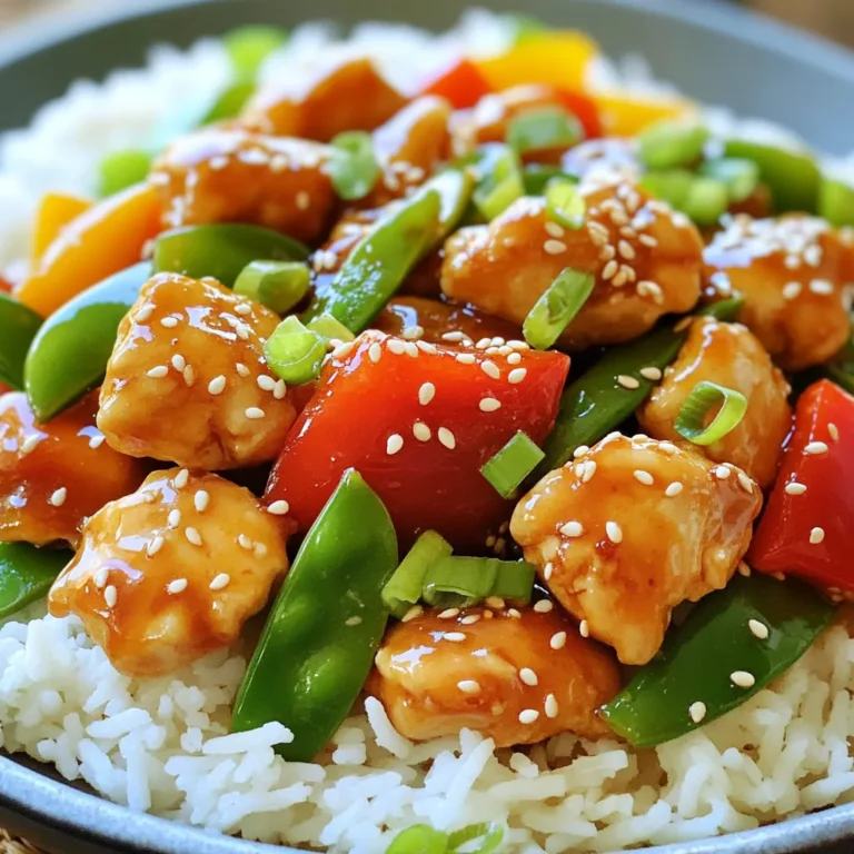 - Chicken: 1 lb (450g) boneless, skinless chicken breast, cut into bite-sized pieces - Vegetables: - 1 bell pepper (red or yellow), sliced - 1 cup snap peas, trimmed - 1 carrot, julienned - Sauce Ingredients: - 2 tablespoons honey - 2 tablespoons soy sauce (low-sodium preferred) - 1 tablespoon sesame oil - 1 tablespoon cornstarch - Sesame seeds: 2 tablespoons - Green onions: Fresh, sliced for garnish The main ingredients bring a lot of flavor and color. The chicken makes it hearty. The veggies add crunch and nutrition. The sauce ties everything together with sweet and savory notes. You can adjust the sauce to your liking. If you want it sweeter, add more honey. For more depth, use dark soy sauce. Optional garnishes enhance the dish. Sesame seeds give a nice crunch and nutty flavor. Green onions add freshness and color. You can sprinkle these on just before serving. It makes the dish look great and taste even better! In a bowl, whisk together the honey, soy sauce, sesame oil, and cornstarch. This mix makes a smooth sauce. Set it aside for later. It will add great flavor to the dish. Heat 1 tablespoon of vegetable oil in a large skillet over medium-high heat. Add the bite-sized chicken pieces. Cook them for about 5-7 minutes until they turn golden brown. Make sure the chicken is fully cooked. Once done, remove the chicken from the pan and set it aside. In the same skillet, add the remaining tablespoon of vegetable oil. Now, sauté the sliced bell pepper, snap peas, and julienned carrot. Cook these for about 2-3 minutes. You want them tender but still crisp. This adds great texture. Add minced garlic and grated ginger to the skillet. Cook for another 30 seconds until you smell the aroma. Then, return the cooked chicken to the skillet. Pour the honey-soy sauce mixture over everything. Stir well to coat the chicken and veggies evenly. Cook for an additional 2-3 minutes. This allows the sauce to thicken and glaze the chicken. Sprinkle sesame seeds over the stir fry and toss gently to combine. Remove from heat and let it sit for a minute. Then, garnish with sliced green onions. Enjoy your meal! - Pre-chop vegetables and chicken. This saves time during cooking. - Use pre-minced garlic and ginger. It makes your prep faster and easier. - For perfect stir-frying, keep the heat high. This cooks food quickly. - Cut all items evenly. This helps them cook at the same rate. - Adding more spices, like red pepper flakes, gives a kick. - Adjust the sweetness of the sauce. Add more honey for sweetness or soy sauce for saltiness. {{image_2}} You can easily add some heat to this dish. Just sprinkle chili flakes into the sauce. Or, add a dash of sriracha when cooking. This gives a nice kick and adds depth. If you want a stronger flavor, use fresh chili peppers. Feel free to mix in other veggies. Broccoli adds crunch and nutrition. Zucchini is soft and soaks up the sauce well. You can also use bok choy or mushrooms for variety. The more colorful the dish, the more fun it is to eat! You can swap out chicken for tofu or shrimp. Tofu works great for a vegetarian option. Just make sure to press it first to remove extra water. Shrimp cooks quickly and adds a nice flavor. Both choices make this dish unique and tasty. After you make Honey Sesame Chicken Stir Fry, store leftovers in an airtight container. This keeps the dish fresh. Place it in the fridge within two hours of cooking. Enjoy your leftovers within three days for the best taste. Always reheat thoroughly before serving again. To freeze the stir fry, let it cool completely first. Place it in a freezer-safe container. Seal it tightly to avoid freezer burn. You can freeze it for up to three months. When ready to eat, thaw it overnight in the fridge. Reheat on the stove over medium heat until warm. Add a splash of water or broth to help it heat evenly. In the fridge, Honey Sesame Chicken Stir Fry lasts about three days. If frozen, it stays good for about three months. Always check for any changes in color or smell before eating. Proper storage keeps your meal tasty and safe to eat. Yes, you can use frozen vegetables in this stir fry. Here are some points to consider: - Pros: Frozen veggies are quick and easy. They are often already cut and ready to use. They can save you time on prep. - Cons: Frozen vegetables may not be as crisp as fresh ones. They can release extra water when cooked, which might make the dish soggier. Using frozen vegetables can still yield a tasty meal. Just be sure to cook them until they are heated through. You can lower the calories in this Honey Sesame Chicken Stir Fry with these tips: - Use skinless chicken breast instead of thighs. - Cut back on the honey or use a sugar substitute. - Choose low-sodium soy sauce to reduce sodium intake. - Use less oil when cooking. You can reduce it by half. - Serve with cauliflower rice instead of regular rice to cut carbs. These small changes can make a big difference without losing flavor. Pair this stir fry with some great side dishes, such as: - Steamed white rice or brown rice for a classic touch. - Quinoa for a healthy, protein-packed option. - A light Asian salad with sesame dressing for crunch. - Stir-fried bok choy or other greens for added color and nutrients. These sides complement the sweet and savory flavors of the stir fry perfectly. This blog post covered how to make a tasty Honey Sesame Chicken Stir Fry. We explored the main ingredients, how to prepare the sauce, and the best cooking techniques. You learned about time-saving tips and flavor enhancements, along with variations for spicier or veggie-filled options. Proper storage methods help keep your stir fry fresh. Finally, I shared answers to common questions. With these insights, you can create a delicious meal that suits your taste. Enjoy cooking and experimenting with this easy recipe!
