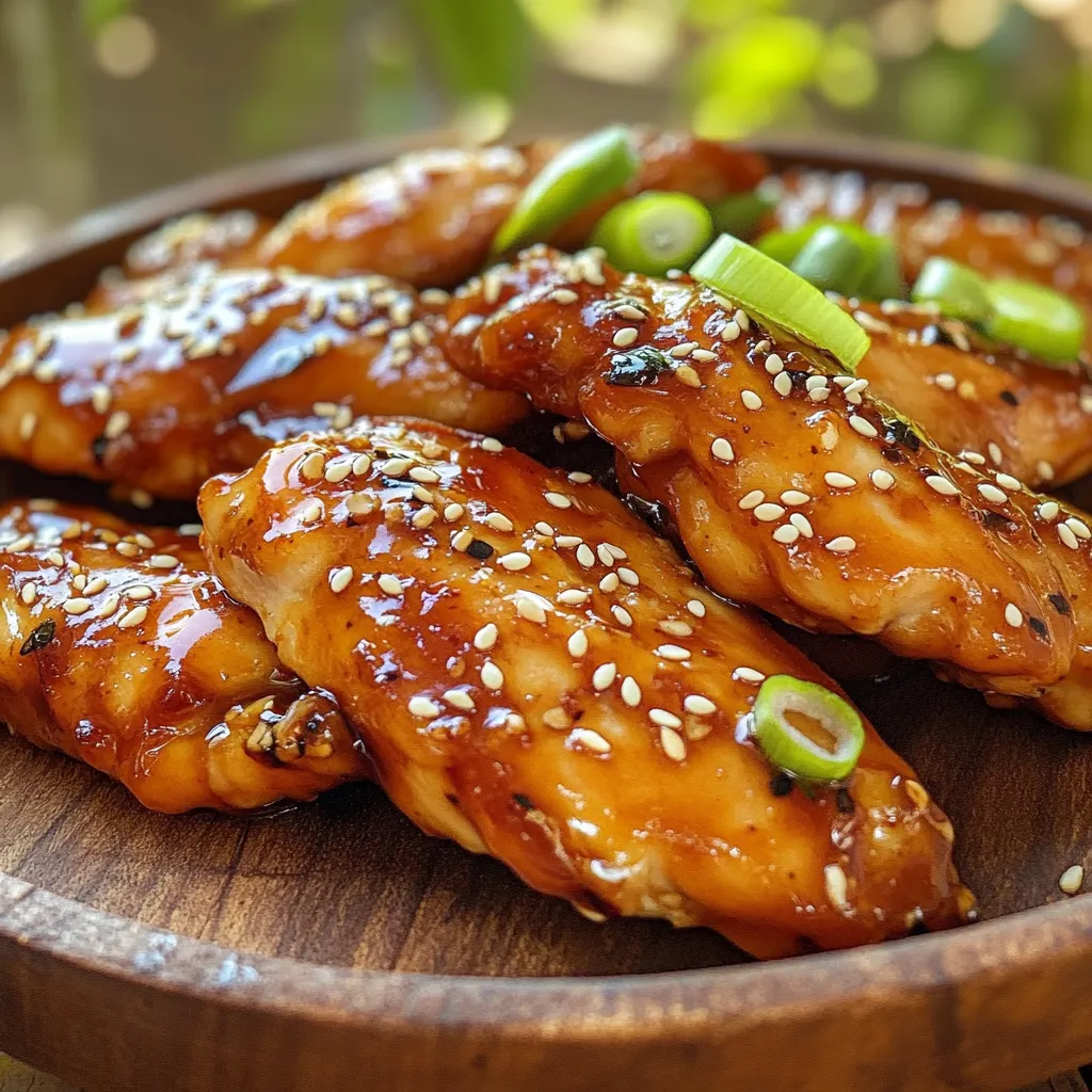 - 1 pound chicken breast, cut into strips - 1/4 cup soy sauce (low sodium if preferred) - 2 tablespoons honey - 1 tablespoon rice vinegar - 1 tablespoon sesame oil - 2 cloves garlic, minced - 1 teaspoon grated ginger - 1 tablespoon cornstarch - 1 tablespoon water - 1 teaspoon sesame seeds (for garnish) - 2 green onions, sliced (for garnish) These ingredients form the heart of the dish. The chicken gives you a nice protein base. The soy sauce adds saltiness and depth. Honey brings sweetness, while rice vinegar adds a tangy kick. Sesame oil introduces a warm, nutty flavor. Garlic and ginger add aroma and spice. Cornstarch and water help thicken the sauce, making it rich and sticky. - Red pepper flakes for heat - Pineapple chunks for sweetness - Bell peppers for added crunch - Broccoli florets for extra veggies You can easily customize your dish with these options. If you like heat, add red pepper flakes. Pineapple adds a tropical twist. Bell peppers give a nice crunch. Broccoli can boost the dish's nutrition. - Choose fresh, high-quality chicken breast. Look for a bright color and firm texture. - Use low-sodium soy sauce if you want a lighter dish. - Fresh ginger and garlic are best for flavor. Avoid pre-minced options. - Use pure honey for the best taste. Selecting the right ingredients is key. Fresh chicken makes a big difference in taste. Low-sodium soy sauce helps control the salt. Fresh garlic and ginger deliver a stronger flavor than processed ones. High-quality honey will give you the best sweetness. To start, grab a bowl. Add 1/4 cup of soy sauce, 2 tablespoons of honey, and 1 tablespoon of rice vinegar. Then, pour in 1 tablespoon of sesame oil. Next, add 2 minced cloves of garlic and 1 teaspoon of grated ginger. Whisk these ingredients well until they blend together. This marinade packs a punch of flavor. Now, take 1 pound of chicken breast and cut it into strips. Place the chicken strips into the marinade bowl. Toss the chicken to coat it evenly. This step is key for flavor. Let the chicken marinate for at least 30 minutes. For deeper flavor, you can marinate it up to 2 hours. When the chicken has marinated, remove it from the bowl. Keep the marinade for later. Preheat your air fryer to 400°F (200°C) for about 5 minutes. Place the chicken strips in a single layer in the air fryer basket. Cook them for 10 to 12 minutes. Don't forget to flip them halfway through. They should turn golden brown and be fully cooked. While the chicken cooks, take the reserved marinade. In a small bowl, mix 1 tablespoon of cornstarch with 1 tablespoon of water to make a slurry. Add this slurry to the marinade and stir well. Pour the marinade into a small saucepan. Bring it to a boil and then reduce the heat. Let it simmer for 2 to 3 minutes. This thickens the sauce nicely. Once the chicken is ready, drizzle the thickened teriyaki sauce over it. Toss gently to coat the chicken strips. Now, they are ready to serve! Air frying chicken gives it a nice crunch. Keep these tips in mind: - Preheat your air fryer: This helps cook the chicken evenly. - Don’t overcrowd the basket: Leave space for air to flow. - Flip halfway: This ensures both sides brown well. - Check the temperature: Chicken should reach 165°F (75°C). - Use a light coat of oil: This helps with browning without adding too much fat. To get juicy and tender chicken strips, follow these steps: - Marinate well: Let the chicken soak in the sauce for at least 30 minutes. - Dry the chicken: Pat it dry before cooking to ensure crispiness. - Use cornstarch: This makes the outside crispier when air frying. - Cook in batches: If you have a lot of strips, cook them in small groups. Serve your teriyaki chicken strips with these ideas: - Rice or quinoa: These grains soak up the sauce well. - Steamed veggies: Broccoli or snap peas add color and nutrition. - Salad: A fresh green salad adds crunch and balance. - Dipping sauces: Try spicy mayo or additional teriyaki sauce. - Garnish: Use sesame seeds and green onions for a nice look. {{image_2}} You can switch out chicken for other meats. Try turkey or pork strips for a twist. Both options work well with the teriyaki flavors. If you choose beef, use thin cuts like flank or sirloin. These meats will soak up the marinade nicely. Just make sure to adjust cooking times. For a plant-based dish, use tofu or tempeh. Both soak up the marinade and taste great. Press the tofu to remove excess water. Then, cut it into strips like chicken. You can also use seitan for a meatier texture. Cook them in the air fryer just like the chicken. You can make your own teriyaki sauce at home. Combine soy sauce, honey, and ginger for a quick mix. Add some garlic and sesame oil for depth. Want a spicy kick? Include some sriracha or chili flakes. You can also try a pineapple teriyaki sauce for a fruity twist. Just blend pineapple juice with soy sauce and honey for a sweet sauce. To keep your leftover chicken strips fresh, place them in an airtight container. You can store them in the fridge for up to 3 days. Make sure they cool down before sealing. This helps prevent sogginess. If you want to keep them longer, consider freezing them. To reheat, use your air fryer or oven. Preheat the air fryer to 375°F (190°C). Place the chicken strips in a single layer. Heat for about 5-7 minutes or until warm. For the oven, set it to 350°F (175°C) and bake for 10-15 minutes. Both methods will help keep them crispy. For long-term storage, freeze the chicken strips. First, let them cool completely. Then, wrap each strip in plastic wrap. After that, place them in a freezer bag. Squeeze out the air before sealing. They can last in the freezer for up to 3 months. When ready to eat, thaw in the fridge overnight before reheating. Yes, you can use frozen chicken. However, it is best to thaw it first. This helps the chicken absorb the marinade better. Place the frozen chicken in the fridge overnight to defrost. If you are in a hurry, you can also use the microwave. Just make sure it is fully thawed before marinating. If you need a soy sauce substitute, try tamari or coconut aminos. Both provide a similar flavor. You can also use liquid aminos, which are a good choice for a soy-free option. If you want a sweeter taste, mix some balsamic vinegar with water and a pinch of salt. To check if the chicken is cooked, use a meat thermometer. The internal temperature should reach 165°F (74°C). If you don’t have a thermometer, cut a piece open. The meat should be white and the juices should run clear. No pink should be visible. Yes, you can make this recipe in a regular oven. Preheat your oven to 400°F (200°C). Place the marinated chicken on a baking sheet. Bake for about 20-25 minutes. Flip the chicken halfway through for even cooking. Keep an eye on it to make sure it doesn’t dry out. This blog post shared how to make tasty air fryer teriyaki chicken strips. We covered the main and optional ingredients, along with tips for selection. I walked you through the step-by-step process from marinating to cooking. We also explored variations and storage tips for leftover strips. In closing, air frying offers a quick way to enjoy this dish. With the tips and tricks shared, you can easily customize your meal. Enjoy the flavorful journey of cooking!
