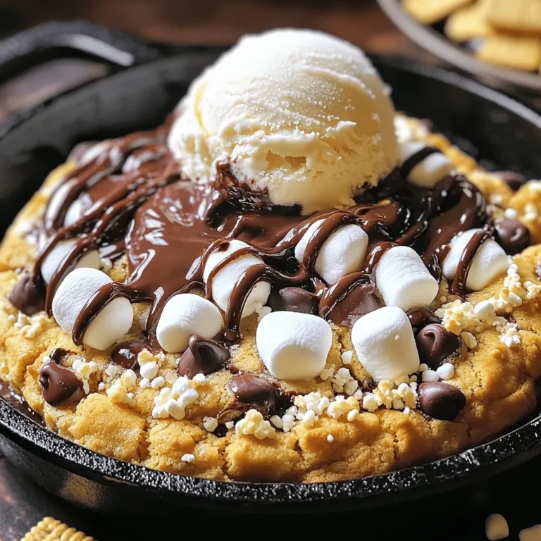 To make the S'mores Skillet Cookie, gather these ingredients: - 1 cup all-purpose flour - 1/2 teaspoon baking soda - 1/4 teaspoon salt - 1/2 cup unsalted butter, softened - 1/2 cup brown sugar, packed - 1/4 cup granulated sugar - 1 large egg - 1 teaspoon vanilla extract - 1/2 cup semi-sweet chocolate chips - 1/2 cup mini marshmallows - 1/2 cup crushed graham crackers - Extra marshmallows and chocolate for topping Choosing the right ingredients can make a big difference. Here are some tips: - Butter: Use unsalted butter for better control over the salt. - Chocolate Chips: Go for semi-sweet chips for a nice balance of sweet and rich. - Marshmallows: Mini marshmallows melt easily and spread flavor well. - Graham Crackers: Look for fresh graham crackers; they give the best crunch. If you need to make swaps, here are some ideas: - Gluten-Free: Use a gluten-free flour mix instead of all-purpose flour. - Dairy-Free: Substitute the butter with coconut oil or a dairy-free spread. - Sugar Alternatives: Use coconut sugar or honey if you want a different sweetness. - Chocolate Options: You can try milk chocolate or dark chocolate for a richer taste. 1. Start by preheating your oven to 350°F (175°C). This step is key for even baking. 2. In a medium bowl, whisk together 1 cup of all-purpose flour, 1/2 teaspoon of baking soda, and 1/4 teaspoon of salt. Set this mixture aside for now. 3. In a large bowl, cream together 1/2 cup of softened unsalted butter, 1/2 cup of packed brown sugar, and 1/4 cup of granulated sugar. Mix until it looks light and fluffy. 4. Next, beat in 1 large egg and 1 teaspoon of vanilla extract. Make sure these ingredients blend well. 5. Gradually add your dry mixture into the wet ingredients. Mix until a dough forms. 6. Now, fold in 1/2 cup of semi-sweet chocolate chips, 1/2 cup of mini marshmallows, and 1/2 cup of crushed graham crackers. Ensure they are evenly mixed. 7. Grease a cast-iron skillet with cooking spray or butter. This helps the cookie come out easily. 8. Spread the cookie dough evenly in the skillet. Make sure it reaches the edges for a nice shape. 9. For extra flavor, top the cookie batter with more marshmallows and chocolate pieces if you wish. 10. Place your skillet in the oven and bake for 20-25 minutes. Keep an eye on it until the top turns golden brown. The edges should pull away from the skillet. 11. Once baked, remove it from the oven. 12. Allow the skillet cookie to cool for a few minutes. This makes it easier to serve. 13. Serve it directly in the skillet for a fun look. I love adding a scoop of vanilla ice cream on top. Drizzle it with chocolate sauce and sprinkle more graham cracker crumbles for a tasty touch. Enjoy your delicious treat! To make your s'mores skillet cookie just right, follow these tips: - Preheat your oven: Always preheat to 350°F for even baking. - Use room temperature butter: Softened butter mixes better, giving a nice texture. - Don’t overmix the dough: Mix just until combined to keep it soft. - Spread evenly: Make sure the dough reaches the edges of the skillet. This skillet cookie is best served warm. Here are some fun ideas: - Serve in the skillet: It looks great and keeps it warm. - Add ice cream: A scoop of vanilla ice cream on top is a must. - Drizzle chocolate sauce: Add some chocolate sauce for extra sweetness. - Graham cracker crumbles: Sprinkle extra crushed graham crackers for crunch. You can mix in extra flavors for a twist: - Peanut butter chips: Swap some chocolate chips with peanut butter ones. - Fun toppings: Add nuts or candies for a fun crunch. - Flavored extracts: Use almond or coconut extract for a different taste. - Seasonal spices: A pinch of cinnamon or nutmeg can elevate the flavor. {{image_2}} To add a nutty twist, try adding nuts. Chopped walnuts or pecans work great. Mix in 1/2 cup of nuts when you fold in the chocolate chips. The nuts give a nice crunch and flavor. You can also use nut butter for a rich taste. Just replace some butter with 1/4 cup of your favorite nut butter. This adds creaminess and a hint of nuttiness. Want to make this cookie gluten-free? Simply swap the all-purpose flour for a gluten-free blend. Look for a blend that works in baking. Follow the rest of the recipe as usual. This way, you can enjoy all the gooey goodness while keeping it gluten-free. To make a vegan version, replace the egg with a flax egg. Mix 1 tablespoon of ground flaxseed with 2.5 tablespoons of water. Let it sit for 5 minutes to thicken. Use vegan butter instead of regular butter, and choose dairy-free chocolate chips. This way, you can enjoy a sweet treat without animal products. Follow the same steps for baking, and you’ll have a delicious vegan s'mores skillet cookie! After enjoying your s'mores skillet cookie, you might have some left. To keep it fresh, let the cookie cool completely. Then, cover it tightly with plastic wrap or aluminum foil. You can also place it in an airtight container. Stored this way, it lasts for up to three days at room temperature. If you want to keep it longer, consider freezing it. When you're ready to enjoy leftovers, you can easily reheat them. Preheat your oven to 350°F (175°C). Place the skillet cookie in the oven for about 10 minutes. This warms it up and keeps it soft. If you prefer, you can microwave a slice for about 20-30 seconds. Just be careful not to overheat, as it can get tough. Freezing your s'mores skillet cookie is a great option for later. First, let it cool completely. Then, cut it into slices. Wrap each slice in plastic wrap and place them in a freezer bag. Remove as much air as possible before sealing. The cookie can stay in the freezer for up to two months. When you're ready to enjoy it, thaw it overnight in the fridge and reheat as mentioned above. Yes, you can. Make the dough ahead of time. Store it in the fridge for up to 24 hours. When ready, spread it in the skillet and bake. This way, you save time when guests arrive. A cast-iron skillet works best. It heats evenly and gives a nice crust. You can also use an oven-safe pan. Just make sure it can hold the heat well. Avoid non-stick pans, as they might not give the best results. To get a gooey center, do not overbake the cookie. Check it around the 20-minute mark. The cookie should be golden on the edges but soft in the middle. Remember, it will keep cooking after you take it out. Absolutely! You can mix dark, milk, or white chocolate. Each type adds a different taste. Experiment with your favorites for a unique twist. You could also try chocolate bars instead of chips for a fun texture. You learned how to make a tasty S’mores Skillet Cookie. I shared the key ingredients and tips for choosing the best ones. I also gave you simple steps for baking and cooling. Plus, I offered fun variations and storage ideas. Remember, every tweak can make it special. Get creative with flavors and enjoy! You now have all you need to bake this delicious treat. Happy baking!