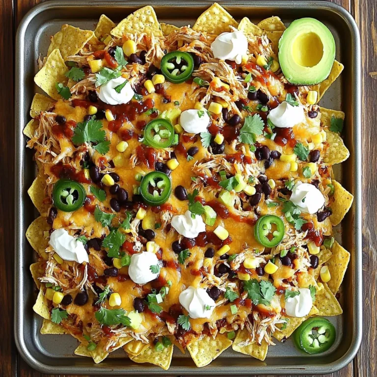 For these tasty nachos, you will need: - 2 cups shredded cooked chicken - 1 cup BBQ sauce - 1 large bag tortilla chips - 2 cups shredded cheddar cheese - 1 cup black beans, rinsed and drained - 1 cup sweet corn (canned or frozen) - 1 jalapeño, sliced - 1/4 cup chopped fresh cilantro - 1/2 cup sour cream - 1/4 cup sliced green onions - Optional: avocado slices for topping These ingredients work together to create a tasty mix of flavors. The chicken gets juicy with the BBQ sauce. The chips give a nice crunch. You can make these nachos even better with extra toppings. Here are some ideas: - Avocado slices add creaminess. - Fresh tomatoes bring a burst of color. - Lime wedges add a tangy twist. - Pickled jalapeños can give more heat. - Olives add a briny flavor. Feel free to mix and match your favorites. No worries if you don’t have everything! Here are some easy swaps: - Use rotisserie chicken if you want a quick option. - Swap BBQ sauce for a spicy salsa or hot sauce. - Try pepper jack cheese for a kick instead of cheddar. - Use pinto beans instead of black beans for a different taste. - For a vegan version, use plant-based chicken and dairy-free cheese. These substitutions keep the spirit of nachos alive while fitting your pantry. Start by preheating your oven to 400°F (200°C). In a large bowl, mix 2 cups of shredded cooked chicken with 1 cup of BBQ sauce. Use a spoon to stir. Make sure the chicken gets fully coated in the sauce. This step adds a lot of flavor to your nachos. Grab a large sheet pan and spread out the tortilla chips. Use a big bag, and let the chips overlap slightly. Next, take the BBQ chicken mixture and spread it evenly over the chips. Then, add 1 cup of rinsed black beans and 1 cup of sweet corn. Sprinkle 2 cups of shredded cheddar cheese over the top. For some heat, layer jalapeño slices on top. Now, place the sheet pan in the oven. Bake for about 15 minutes. Keep an eye on it until the cheese melts and starts to bubble. Once it's done, take it out and add fresh cilantro and sliced green onions for a nice touch. Serve your nachos hot with sour cream and optional avocado slices on the side. Enjoy the feast! To get that gooey cheese you crave, use fresh shredded cheese. Pre-shredded cheese often has anti-caking agents that stop it from melting well. Spread the cheese evenly over the nachos. This way, every chip gets its fair share. Bake until the cheese bubbles and turns golden. It takes about 15 minutes at 400°F. Keep an eye on it to avoid burning. Layering is key for great nachos. Start with tortilla chips. Make sure they cover the pan evenly. Then add half of the BBQ chicken. Next, sprinkle the black beans and corn. Follow with the rest of the chicken. Finish with cheese on top. This way, you keep chips from getting soggy. Each chip will stay crunchy and flavorful. Jalapeños can add a fun kick to your nachos. If you love spice, slice them thin and spread them on top. For milder heat, remove the seeds before slicing. You can also use pickled jalapeños for a tangy twist. Start with a little, then taste. You can always add more if you like. {{image_2}} You can switch up the flavor of your nachos by using different BBQ sauces. For a sweet touch, try honey BBQ sauce. If you want heat, go for chipotle BBQ sauce. A tangy option, like mustard-based BBQ sauce, adds a unique twist. You can even mix sauces for a fun flavor blend. Each sauce choice changes the taste and makes your nachos feel new. If you want a vegetarian version, simply swap the chicken for black beans or grilled veggies. You can add more beans for protein. For a vegan option, use plant-based cheese instead of cheddar. Make sure your BBQ sauce is vegan, too. This way, everyone can enjoy the nachos, no matter their diet. You can boost the nutrition by adding more veggies. Bell peppers, diced tomatoes, or zucchini work well. For extra protein, add shredded pork or beef. If you like a crunch, toss in some radishes or fresh corn. These additions not only enhance flavor but also make the dish more colorful and fun. Leftover nachos need proper storage for freshness. First, let them cool down. Then, place them in an airtight container. Cover the nachos with a lid or plastic wrap. Store them in the fridge for up to three days. Avoid stacking them to keep the chips from getting soggy. To reheat your nachos, use an oven for the best texture. Preheat your oven to 350°F (175°C). Spread the leftover nachos on a baking sheet. Heat them for about 10 minutes, or until they are warm. This will help the chips stay crisp. You can also microwave them, but they may get soft. Freezing nachos is an option for longer storage. However, not all ingredients freeze well. If you want to freeze them, skip the cheese and toppings. Assemble the nachos with chips and chicken only. Wrap the tray tightly with plastic wrap. Store them in a freezer-safe bag. They can last for up to two months. When ready to enjoy, thaw in the fridge overnight. Then, add cheese and toppings before baking. No, you should not use raw chicken. The dish needs cooked chicken for safety. Raw chicken takes too long to cook in the oven with the nachos. It can lead to undercooked meat and food safety issues. Always use shredded cooked chicken for the best results. This makes the dish easy and quick to prepare. You can add many tasty toppings to your nachos. Here are some great options: - Diced tomatoes - Sliced olives - Guacamole - Fresh lime juice - Sliced red onion - Chopped bell peppers - Crumbled queso fresco Feel free to mix and match to create your perfect flavor. Nachos are all about fun and creativity! Making this dish gluten-free is simple. Just choose gluten-free tortilla chips. Many brands offer tasty options. Always check the label to ensure they meet your needs. You can also add gluten-free sauces and toppings. This way, everyone can enjoy your delicious nachos without worry! We explored how to make tasty sheet-pan BBQ chicken nachos. You learned about essential ingredients, cooking steps, and handy tips. I shared fun variations and ways to store leftovers. You can adjust flavors to suit your taste. These nachos are easy to prepare and perfect for any gathering. Enjoy this dish with friends and family, and don’t forget to get creative with toppings!