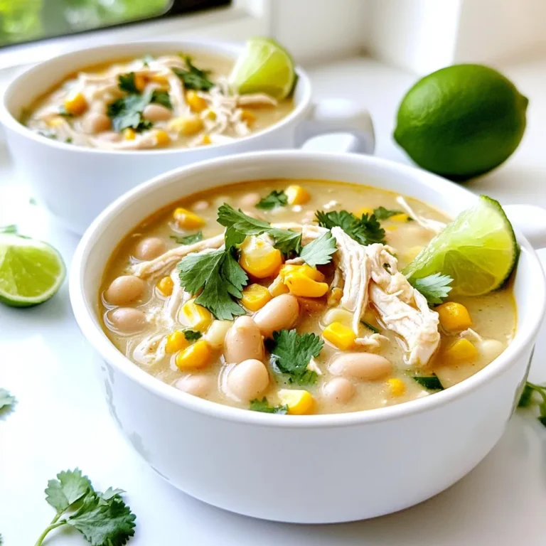 - 1 lb boneless skinless chicken breasts - 1 can (15 oz) white beans (Great Northern or Cannellini), drained and rinsed - 1 can (4 oz) diced green chilies - 1 medium onion, chopped - 1 cup corn (fresh, frozen, or canned) - 1 cup heavy cream or coconut cream - Fresh cilantro, chopped (for garnish) - Lime wedges (for serving) - 1 tsp cumin - 1 tsp chili powder - ½ tsp paprika - Salt and pepper to taste Each ingredient adds a layer of flavor. The chicken forms the base, while the white beans add creaminess. Diced green chilies give a mild heat, and onion brings sweetness. Adding corn makes the chili heartier. Heavy cream or coconut cream enriches the dish. I love using fresh cilantro and lime for a burst of freshness at the end. Seasonings like cumin and chili powder are key. They give depth and warmth to the chili. Paprika adds a touch of color and a hint of smoky flavor. Adjust salt and pepper for your taste as you go. With these ingredients, you set the stage for a comforting bowl of creamy white chicken chili. - Preparing the chicken: Start by placing 1 pound of boneless, skinless chicken breasts at the bottom of your slow cooker. This layer will form the base of your chili. - Adding vegetables and beans: Next, add 1 chopped onion, 2 minced garlic cloves, 1 can of drained white beans, 1 can of diced green chilies, and 1 cup of corn. Make sure to spread everything evenly over the chicken. - Seasoning the mixture: Now it’s time to add flavor. Sprinkle 1 teaspoon of cumin, 1 teaspoon of chili powder, ½ teaspoon of paprika, and some salt and pepper over the top. This mix will give your chili a warm and inviting taste. - Cooking time and methods: Gently pour 4 cups of chicken broth over all the ingredients. Ensure everything is submerged. Cover and set your slow cooker to low. Cook for 6 to 7 hours until the chicken is fully cooked and tender. - Shredding the chicken: About 30 minutes before you serve, take out the chicken breasts. Use two forks to shred the chicken into bite-sized pieces. Return the shredded chicken back into the slow cooker. - Adding cream and adjusting seasonings: Stir in 1 cup of heavy cream or coconut cream for a lighter touch. Let it cook for another 30 minutes on low to thicken. Finally, taste your chili and add more salt or pepper if needed. Layering your ingredients is key. Start with the chicken at the bottom. Then, add onions, garlic, beans, chilies, and corn. This order helps flavors mix well. Each layer has its cooking time, so this method enhances taste. Every slow cooker cooks a bit differently. If yours runs hot, check the chili sooner. Cooking time may vary from 6 to 7 hours. Always ensure the chicken is tender before shredding. Garnish your chili with fresh cilantro. It adds a bright flavor. Squeeze lime wedges over the top for a zesty kick. Serve with tortilla chips for crunch. Slices of avocado also bring creaminess. These pairings make your meal even more enjoyable. One big mistake is not seasoning well. Make sure to taste as you go. Adjust salt and pepper to enhance flavor. Another common error is overcooking the chicken. Remove it when it’s tender, but not dry. Shred it back into the chili at the right time for the best texture. {{image_2}} You can try different proteins in this chili. Ground chicken works well. Turkey is another tasty option. If you want a meat-free dish, use extra-firm tofu or jackfruit. Both give great texture. You can also add more beans for protein. Black beans or pinto beans add flavor and fiber. Want some heat? Add fresh jalapeños. Slice them thin and mix them in. This will give your chili a nice kick. You can also try using different beans. Each bean type adds its own taste. Mixing white beans with some black beans can create a fun look and flavor. You might want to explore regional flavors. For a Mexican twist, add corn tortillas or avocado on top. This gives a fresh kick and makes it more filling. For a Southwestern style, toss in some smoked paprika or chipotle peppers. These spices will deepen the flavor and make it smokier. After you finish your creamy white chicken chili, let it cool down. This step helps keep your food safe. You can use airtight containers for storage. Glass or plastic containers work well. Make sure to label them with the date. This way, you'll know how long they have been in the fridge. If you want to freeze it, use freezer bags. Squeeze out as much air as possible before sealing. This helps prevent freezer burn. When it's time to eat again, you can reheat the chili in several ways. The stovetop is quick and easy. Just pour the chili into a pot and heat over medium. Stir often to prevent sticking. You can also use the microwave. Place the chili in a microwave-safe bowl. Heat in short bursts, stirring in between. To keep the creaminess, add a splash of broth or cream as you reheat. This keeps the texture nice and smooth. In the fridge, your creamy white chicken chili lasts about 3 to 4 days. If you freeze it, it can last for up to 3 months. Always check for signs of spoilage. If it smells off or has an unusual color, it’s best to toss it. Freshness is key to enjoying this dish. You can store leftover creamy white chicken chili in the fridge for up to three days. Make sure to keep it in an airtight container. If you want to store it longer, freeze it. It can last up to three months in the freezer. Yes, you can use frozen chicken breasts. Just add an extra hour to the cooking time. The slow cooker will cook them safely and keep them tender. Coconut cream is a great substitute for heavy cream. It gives a nice flavor and keeps it creamy. You can also use milk or a non-dairy milk if you prefer a lighter option. Yes, this recipe is simple to double or halve. Just adjust the ingredients accordingly. Make sure your slow cooker can handle the amount you want to make. Absolutely! You can use any slow cooker. Just be aware of the cooking times. Some cook faster or slower than others. Always check the chicken for doneness. In this post, I covered how to make a creamy white chicken chili. You learned about key ingredients like chicken, beans, and spices. I gave steps for preparation, cooking, and tips for serving. We also explored variations and smart storage methods. Remember, great chili comes from layering flavors and avoiding common mistakes. Use this guide to create your own delicious version. Enjoy every bite, and don’t be afraid to make it your own!