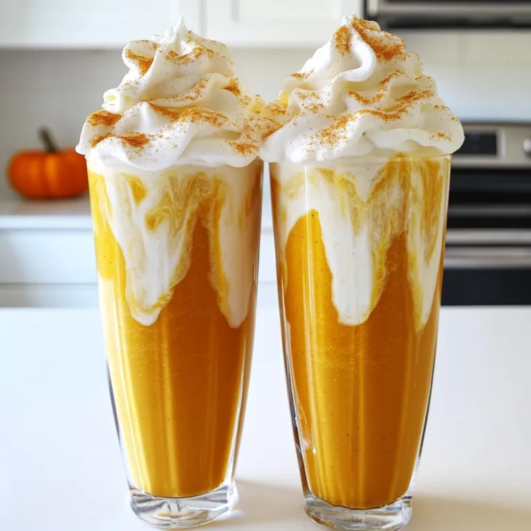 To make the Pumpkin Cream Cold Brew Milkshake, you need a few simple items. This drink is tasty and easy to whip up. Here’s what you will need: - 1 cup cold brew coffee - 1/2 cup vanilla ice cream - 1/2 cup pumpkin puree - 2 tablespoons brown sugar - 1/2 teaspoon pumpkin pie spice - 1 cup milk (dairy or non-dairy) - Whipped cream for topping - Additional pumpkin pie spice for garnish Each ingredient plays a key role. The cold brew coffee gives it a rich flavor. Vanilla ice cream adds creaminess, while pumpkin puree brings that fall vibe. Brown sugar adds sweetness, and pumpkin pie spice gives warmth. You can use any type of milk here. Whipped cream makes it even better, and the extra spice on top is the perfect finish. These ingredients combine to create a delightful treat that you’ll want to share. 1. Combining the ingredients in the blender Start by adding these items to your blender: - 1 cup cold brew coffee - 1/2 cup vanilla ice cream - 1/2 cup pumpkin puree - 2 tablespoons brown sugar - 1/2 teaspoon pumpkin pie spice Then, pour in 1 cup of milk, either dairy or non-dairy. Blend everything on high speed for about 30 seconds. You want a smooth and creamy mix. 2. Adjusting sweetness as needed After blending, take a taste. If you want it sweeter, add more brown sugar. Blend again for a few seconds to mix it well. This step is key to making it perfect for your taste. 3. Pouring into glasses and adding toppings Now, pour the milkshake into two tall glasses. Make sure to fill them evenly. Next, add a big dollop of whipped cream on top of each glass. Finally, sprinkle some extra pumpkin pie spice over the whipped cream. This adds a nice touch and extra flavor. Enjoy your treat! Choosing the right cold brew coffee Pick a cold brew that has a strong flavor. A dark roast works best. This gives your milkshake a rich taste. You can also try adding flavored cold brew. Vanilla or caramel flavors add a nice twist. Tips for a creamier texture For a smooth and creamy milkshake, use full-fat ice cream. This makes a big difference. Blend the ingredients well until they are completely mixed. If you like a thicker shake, use less milk. For a thinner shake, add more milk and blend again. Customizing sweetness levels Taste your milkshake after blending. If it is not sweet enough, add more brown sugar. Start with small amounts to avoid over-sweetening. You can also use honey or maple syrup if you prefer. Adjust until it is just right for you. {{image_2}} You can change this milkshake to fit your taste. Here are some fun swaps: - Non-dairy alternatives for ice cream and milk: Use almond milk or coconut milk. Try coconut ice cream for a rich flavor. These swaps make the drink dairy-free and still creamy. - Adding spices for extra flavor: You can add nutmeg or cinnamon. A pinch of ginger can give it a nice kick. These spices bring warmth and extra taste to your shake. - Using flavored syrups or extracts: Try a splash of vanilla or caramel syrup. Adding maple syrup can make it taste even sweeter. These flavors add a fun twist to your pumpkin drink. These swaps can make your Pumpkin Cream Cold Brew Milkshake unique and tasty. Feel free to mix and match! To keep your pumpkin cream cold brew milkshake fresh, start by storing leftovers in the fridge. Pour any extra milkshake into a covered container. It stays good for up to two days. However, the shake may lose some creaminess. If you have unused milkshake, don’t worry! You can repurpose it. Just blend it again to make it smooth. You can even add more ice cream or milk if needed. This helps bring back its thick texture. For best practices in ingredient storage, keep pumpkin puree in the fridge once opened. Seal it well. Use it within a week. Store leftover brown sugar in a cool, dry place. If it hardens, microwave it for a few seconds to soften. Keep your milk in the fridge and check its date. By following these tips, you can enjoy your milkshake longer and keep your ingredients fresh. You can easily make this milkshake dairy-free. Just swap the milk and ice cream for non-dairy options. Use almond milk, coconut milk, or oat milk. For ice cream, look for non-dairy varieties made with coconut or almond milk. These swaps keep the flavor rich and creamy. If you don’t have pumpkin puree, try using sweet potato puree or butternut squash puree. Both options give a nice texture and flavor. You can also use canned pumpkin pie filling, but it may add extra sugar and spices. Adjust your brown sugar if needed. Yes, you can make this milkshake ahead of time. Blend all the ingredients and store it in the fridge. When you’re ready to serve, give it a quick stir or re-blend. This keeps it creamy and delicious. Just don’t add the whipped cream until serving! You now know how to make a pumpkin spice milkshake that is fun and easy. We discussed the ingredients, prep steps, tips for perfection, and variations for your taste. Remember to choose fresh ingredients and store leftovers properly. Get creative with flavors or swaps like non-dairy options. You can enjoy this treat any time of year. Enjoy making it, and share with friends!