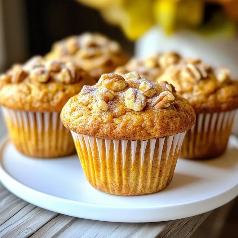 - 1 cup canned pumpkin puree - 1/2 cup vegetable oil - 1/2 cup brown sugar - 1/2 cup granulated sugar The base of these muffins starts with canned pumpkin puree. It gives them a rich flavor and moist texture. The vegetable oil keeps the muffins soft, while brown and granulated sugar adds sweetness. This mix is key for a tasty treat. - 2 large eggs - 1 teaspoon vanilla extract - 1 1/2 cups all-purpose flour Two large eggs help bind the ingredients together. Vanilla extract adds warmth and depth to the flavor. The all-purpose flour gives structure to the muffins. Use a good quality flour for the best results. - 1 teaspoon baking powder - 1/2 teaspoon baking soda - 1 teaspoon ground cinnamon - 1/2 teaspoon ground ginger - 1/4 teaspoon ground nutmeg - 1/4 teaspoon salt - 1/2 cup chopped walnuts (optional) - 1/4 cup sugar for topping (optional) Baking powder and baking soda are important for rising. Ground cinnamon, ginger, and nutmeg give these muffins their warm fall flavor. A touch of salt enhances all the tastes. If you like, add chopped walnuts for crunch. A sprinkle of sugar on top adds a nice finish. - Start by preheating your oven to 350°F (175°C). Line your muffin tin with liners or grease it lightly. - In a large mixing bowl, whisk together the canned pumpkin puree, vegetable oil, brown sugar, granulated sugar, eggs, and vanilla extract. Mix until it is smooth. - In a separate bowl, combine the all-purpose flour, baking powder, baking soda, ground cinnamon, ground ginger, ground nutmeg, and salt. Stir these dry ingredients well. - Gradually add the dry mixture into the wet mixture. Stir gently until just combined. It’s okay if there are a few lumps; don’t overmix. - If you want a nutty crunch, fold in the chopped walnuts at this point. - Divide the batter evenly among the muffin cups, filling each about 2/3 full. If desired, sprinkle a bit of sugar on top for extra sweetness. - Bake in the preheated oven for 20-25 minutes. Check for doneness by inserting a toothpick into the center. It should come out clean. - After baking, let the muffins cool in the pan for 5 minutes. Then, transfer them to a wire rack to cool completely. To make the best muffins, avoid overmixing your batter. When you mix too much, muffins can become dense. Stir just until the ingredients combine. A few lumps are fine. For measuring flour, spoon it into your measuring cup. Don’t scoop directly from the bag. This method prevents adding too much flour, which can lead to dry muffins. Level off the flour with a knife for accuracy. Add a dollop of cream cheese frosting on top for a rich flavor. You could also sprinkle some chopped nuts or a dusting of powdered sugar. For a festive look, place muffins on a wooden board. Garnish with a sprinkle of cinnamon and small pumpkins. To boost the taste, add more spices like allspice or cloves. These spices add depth and warmth. If you want a healthier muffin, swap some sugar with applesauce or honey. These options keep muffins moist and sweet without too much sugar. {{image_2}} You can easily make these muffins fit your needs. Want a gluten-free option? Use a gluten-free flour blend instead of all-purpose flour. This keeps the texture light and fluffy. For a dairy-free version, swap the vegetable oil with coconut oil. You can also replace eggs with flaxseed meal. Mix one tablespoon of flaxseed meal with three tablespoons of water to replace one egg. Let it sit for a few minutes until it thickens up. Want to change the flavor? You can add chocolate chips or dried fruits like raisins or cranberries. This adds sweetness and a chewy texture. Another idea is to mix in different nuts and seeds, like pecans or sunflower seeds. Each option gives your muffins a unique twist that keeps them exciting. For a festive touch, add cranberries or apple chunks to the batter. These ingredients bring out the best of fall flavors. You can also consider adding spices like allspice or clove for holiday vibes. Experimenting with these seasonal additions will keep your cinnamon pumpkin muffins fresh and delicious throughout the season. To keep your muffins fresh, store them at room temperature. Place them in an airtight container. This keeps them moist and tasty for up to three days. If the weather is hot or humid, you may want to refrigerate them. Wrap each muffin in plastic wrap or foil before putting them in the fridge. This helps prevent them from drying out. Freezing is a great way to save extra muffins. Start by letting them cool completely. Then, wrap each muffin tightly in plastic wrap. Place the wrapped muffins in a freezer bag. Make sure to remove as much air as possible to avoid freezer burn. You can freeze muffins for up to three months. To reheat, take a muffin out and let it thaw in the fridge overnight. For a warm muffin, microwave it for about 20-30 seconds. You can also bake it at 350°F for 10 minutes. This brings back that fresh-baked taste. When stored well, your muffins last about three days at room temperature. In the fridge, they can last up to a week. If you freeze them, they stay good for three months. Keep an eye out for signs of spoilage. If the muffins smell off or have mold, it’s best to throw them away. Always trust your senses when it comes to food safety. Yes, you can use fresh pumpkin. Start by selecting a small sugar pumpkin. Cut it in half and remove the seeds. Roast the halves in the oven at 350°F for about 45 minutes or until soft. Let it cool, then scoop out the flesh and blend it into a smooth puree. This fresh puree can replace the canned pumpkin in the recipe. Fresh pumpkin gives a vibrant flavor and a lovely texture to your muffins. To check if your muffins are done, use the toothpick test. Insert a toothpick into the center of a muffin. If it comes out clean or with a few crumbs, your muffins are ready. You can also look for visual cues. The tops should be golden brown and spring back when lightly pressed. Avoid opening the oven too early, as this can cause the muffins to sink. Absolutely! You can prepare the batter a day in advance. Store it in the fridge, covered tightly. When you're ready to bake, just stir it gently and fill the muffin cups. If you've baked them, let the muffins cool completely. Store them in an airtight container at room temperature for up to three days. You can also freeze them for up to three months. Just thaw them overnight in the fridge before serving. Cinnamon pumpkin muffins blend warmth and flavor in every bite. We covered key ingredients, from pumpkin puree to spices, and laid out easy steps to make them. With tips to perfect your muffins, storage advice, and tasty variations, you have all you need to create this fall treat. Embrace these ideas and enjoy baking. The joy of sharing fresh muffins is unmatched. You’ll impress family and friends with your skills. So get started and make your kitchen smell amazing!