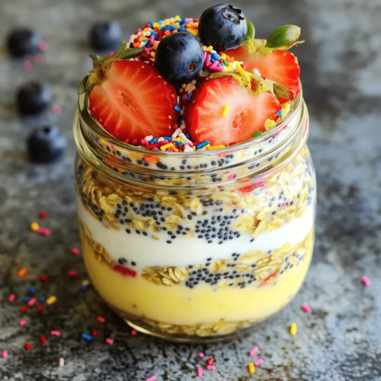 To make Protein Birthday Cake Overnight Oats, you need simple and healthy ingredients. Here’s what you will need: - 1 cup rolled oats - 1 cup almond milk (or any milk of choice) - 1 scoop vanilla protein powder - 2 tablespoons Greek yogurt - 1 tablespoon chia seeds - 1 tablespoon maple syrup (or honey) - 1 teaspoon vanilla extract - 1 tablespoon sprinkles (plus extra for topping) - Fresh fruit for topping (such as strawberries, blueberries, or bananas) Each ingredient plays a key role. Rolled oats give you a hearty base. Almond milk keeps it creamy and adds flavor. Vanilla protein powder boosts protein, making it a perfect breakfast. Greek yogurt adds creaminess and probiotics. Chia seeds help with texture and add fiber. Maple syrup or honey adds a touch of sweetness. Vanilla extract enhances the lovely birthday cake flavor. Sprinkles make it fun and festive! Fresh fruit adds color and more taste. Gathering these ingredients is easy. You can find most at your local grocery store. Don't skip any! Each one adds to the delight of this treat. - Combining Ingredients Start by gathering all your ingredients. In a medium bowl or jar, add 1 cup of rolled oats, 1 cup of almond milk, 1 scoop of vanilla protein powder, 2 tablespoons of Greek yogurt, 1 tablespoon of chia seeds, 1 tablespoon of maple syrup, and 1 teaspoon of vanilla extract. This mix forms the base of your oats. - Mixing Thoroughly Use a spoon or whisk to mix everything together. You want to ensure no dry clumps of protein powder remain. A smooth blend gives you a better texture. - Folding in Sprinkles Once mixed, gently fold in 1 tablespoon of sprinkles. This step adds fun color and a festive touch. Make sure the sprinkles are evenly spread throughout the mixture. - Refrigeration Guidelines Cover the bowl or jar using a lid or plastic wrap. Place it in the refrigerator. Let it chill overnight or for at least 4 hours. This time allows the oats to soak up the liquid and flavors. - Stirring Before Serving When ready to eat, give the oats a good stir. This action helps mix the flavors again. If the mixture is too thick, add a splash of almond milk to loosen it up. - Tips for Adding Fresh Fruit and Extra Toppings Top your birthday cake overnight oats with fresh fruit like strawberries, blueberries, or bananas. You can also add more sprinkles for extra fun. The fruit gives a nice burst of flavor and nutrition. - Avoiding Clumps of Protein Powder: When you mix the protein powder, do it slowly. Add the powder to the milk first. This helps it blend in better. Stir well to break up any clumps. A whisk works great for this. - Adjusting Thickness of the Mixture: If your oats are too thick, add a bit more liquid. Use almond milk or your choice of milk. Start with a tablespoon at a time. Stir and check the texture again. You want it creamy but not runny. - Proper Storage Tips for Maximum Freshness: Store your oats in a sealed jar or bowl. This keeps them fresh and tasty. Use glass containers for a great seal. They also make it easy to see the oats. - Using Different Milk Options: You can use any milk you like. Almond milk is light and tasty. But try coconut milk or oat milk for a creamier feel. Each type adds its own flavor. - Experimenting with Sweeteners and Toppings: Maple syrup is sweet and rich, but honey works too. You can also use agave syrup or stevia. For toppings, fresh fruit like strawberries or bananas adds color and taste. Don't forget extra sprinkles for a birthday feel! {{image_2}} You can make this protein birthday cake overnight oats your own. Start with flavor variations. Do you love chocolate? Just swap the vanilla protein powder for chocolate protein powder. Want a fruity twist? Use strawberry protein powder for a fresh taste. You can even blend in some cocoa powder for a chocolate cake feel. Another fun idea is to add nut butters for extra protein. Almond butter or peanut butter can give your oats a rich, creamy texture and a nutty taste. Just mix in a tablespoon when you combine your ingredients. This small change can make your oats even more filling and tasty. If you need gluten-free options, choose gluten-free rolled oats. They work just as well and still taste great. Check the label on your protein powder, too, to ensure it is gluten-free. For a vegan-friendly version, replace Greek yogurt with dairy-free yogurt. You can also use plant-based protein powders, like pea protein. Swap almond milk for any non-dairy milk you like. These changes keep the recipe delicious while meeting your dietary needs. To keep your protein birthday cake overnight oats fresh, store them in the fridge. Use a sealed jar or bowl to prevent spills and keep flavors strong. Overnight oats can last up to five days when stored properly. This lets you prepare meals in advance for busy mornings. For best results, make sure to mix well before refrigerating. This helps the oats soak up the milk and protein powder. If you notice any liquid at the top, just give it a quick stir before serving. You can enjoy your overnight oats cold or warm. Cold oats are refreshing, especially on hot days. If you prefer warm oats, heat them in the microwave for about 30 to 60 seconds. Be sure to stir them halfway to heat evenly. Top your oats with fresh fruit, more sprinkles, or even a drizzle of honey for extra fun. The toppings add color and flavor, making each bite special. Enjoy this delightful treat any time of day! The best protein powder for this recipe is vanilla flavor. I suggest whey or plant-based protein. Both options blend well and boost taste. Focus on a protein powder with no added sugar. This keeps your overnight oats healthy and tasty. Yes, you can make this recipe ahead of time. In fact, it tastes better when made a day before. Just mix all the ingredients, cover, and chill overnight. This way, you save time on busy mornings. You can store overnight oats in the fridge for up to five days. Each day, the oats soak up more flavor. Just remember to stir before you eat. If it gets too thick, add a splash of milk. You can use instant oats, but the texture will change. Instant oats cook faster and become mushy. Rolled oats provide a nice chewy bite. If you prefer instant oats, reduce the soaking time to just 30 minutes. In this post, we explored how to make tasty overnight oats. We covered the key ingredients like rolled oats, almond milk, and chia seeds. You learned step-by-step instructions for mixing and serving. We also shared tips for flavoring and keeping your oats fresh. You can customize your recipe to fit your needs. With a bit of creativity, your breakfast can be fun and healthy! Enjoy trying out different flavors and toppings to make this dish your own. Keep experimenting until you find your favorite combo!