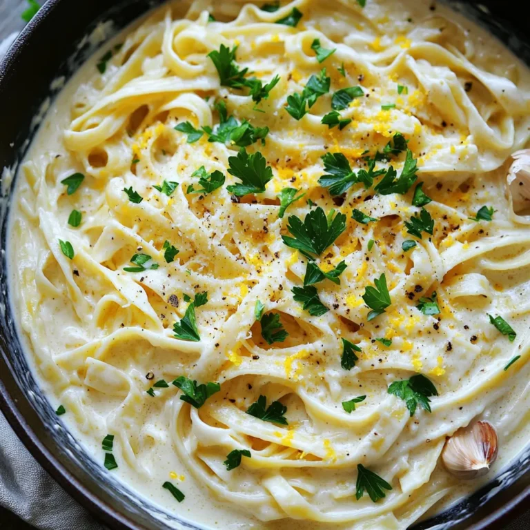 For this dish, you need 12 oz of fettuccine pasta. This pasta shape holds creamy sauces well. Next, grab 1 bulb of garlic. Roasting garlic brings out its sweet flavor. You’ll love the rich taste it adds. You will need 3 cups of vegetable broth. This broth gives a nice base for the sauce. Add 1 cup of heavy cream for creaminess. Don’t forget 1 cup of grated Parmesan cheese. This cheese makes the sauce rich and cheesy. Season with salt and black pepper to taste. You can also add 1 teaspoon of Italian seasoning for extra flavor. If you want a bit of brightness, add the zest of 1 lemon. For a fresh touch, use freshly chopped parsley. This will add color and a hint of flavor. You can also sprinkle more Parmesan on top if you like. These garnishes make your dish look and taste even better. Start by preheating your oven to 400°F (200°C). Take one bulb of garlic and slice off the top. This exposes the cloves inside. Drizzle 1 tablespoon of olive oil over it. Wrap the bulb in aluminum foil. Place it in the oven for about 30 to 35 minutes. The garlic will become soft and sweet. After roasting, let it cool before handling. You can squeeze the cloves out of their skins easily. In a large pot or deep skillet, heat 1 tablespoon of olive oil over medium heat. Pour in 3 cups of vegetable broth and 1 cup of heavy cream. Add 1 teaspoon of Italian seasoning for flavor. Bring this mixture to a gentle simmer. Once it's simmering, add 12 oz of fettuccine pasta. Stir it well to make sure all pasta is under the liquid. Cook the pasta for 10 to 12 minutes. Stir occasionally until it's al dente, or tender but firm. When the pasta is ready, take the roasted garlic. Squeeze the softened cloves into a bowl and mash them with a fork. Reduce the heat to low in your pot. Add 1 cup of grated Parmesan cheese and the mashed garlic to the pasta. Stir until the cheese melts and the sauce becomes creamy. Taste and adjust the seasoning with salt and black pepper. If you want a fresh twist, add lemon zest. Let it rest for a couple of minutes. This helps the sauce thicken. Now it’s ready to serve! To get that rich, creamy texture, use heavy cream. It blends well with the cheese and garlic. Stir the sauce well after adding the cheese. This helps it melt smoothly. If you want it creamier, add a bit more cream. Let the dish sit for a couple of minutes before serving. This allows the sauce to thicken. Start with high-quality Parmesan cheese. Freshly grated cheese melts better than pre-grated. Roasting the garlic adds a sweet, deep flavor. Don’t skip the lemon zest! It brightens the sauce and balances the richness. Taste your sauce as you cook. Adjust salt and pepper to fit your taste. If you like more herbs, add a bit more Italian seasoning. Serve this pasta hot, straight from the pot. Garnish with fresh parsley for color and flavor. Add more Parmesan on top for a cheesy finish. Pair it with a crisp green salad or garlic bread. This dish is great for sharing with friends or family. Enjoy it with a glass of white wine for a special touch. {{image_2}} You can boost your One-Pot Creamy Roasted Garlic Alfredo Pasta with protein. Chicken is a popular choice. Cooked chicken breast adds a nice texture. Just shred it and stir it in at the end. Shrimp is another great option. Add peeled shrimp during the last few minutes of cooking. They cook fast and soak up the garlic flavor. If you prefer beef, sliced steak works well too. Just cook it separately and mix it in before serving. For a vegetarian twist, you can swap out the pasta or add veggies. Spinach or kale adds color and nutrients. Toss them in during the last minute of cooking. You can also use mushrooms for a meaty feel. Sauté them in olive oil before adding them to the pot. For an extra layer of flavor, add sun-dried tomatoes. They bring a sweet and tangy taste that pairs well with garlic. If you want a dairy-free version, there are easy swaps. Use coconut cream instead of heavy cream. It gives a rich texture while keeping it light. For cheese, try nutritional yeast. It adds a cheesy flavor without dairy. You can also use cashew cream for a creamy texture. Just blend soaked cashews with water until smooth. These options keep the dish tasty and creamy while meeting your dietary needs. After enjoying your One-Pot Creamy Roasted Garlic Alfredo Pasta, let it cool. Transfer the pasta to an airtight container. Make sure to seal it well to keep it fresh. Store it in the fridge. It will stay good for up to three days. If you want to enjoy it later, you can freeze it. When you are ready to eat the leftovers, take them out of the fridge. You can reheat the pasta in the microwave. Add a splash of water or cream to keep it moist. Heat it in 30-second bursts, stirring in between. You can also reheat it on the stove. Use low heat and stir often to prevent sticking. If you want to freeze the pasta, let it cool completely first. Place the pasta in a freezer-safe container. Leave some space at the top, as it may expand. It is best to use it within two months for the best taste. To thaw, move it to the fridge overnight before reheating. This method helps keep the flavors intact. It takes about 50 minutes to make this dish from start to finish. You spend 10 minutes prepping and 40 minutes cooking. The garlic takes 30 to 35 minutes in the oven. While that's happening, you can cook the pasta and finish the sauce. This makes timing easy and fun! Yes, you can use different types of pasta! Fettuccine works great, but you can try penne, rotini, or even spaghetti. Just keep an eye on the cooking time. Different shapes cook at different speeds. Ensure the pasta is al dente for the best texture. If you need a substitute for heavy cream, you have options. You can use whole milk with a bit of butter to mimic the creaminess. For a lighter touch, try half-and-half. If you want a dairy-free option, use coconut cream or cashew cream. Each will give a different flavor but will still work well in the dish. This blog post covered how to make One-Pot Creamy Roasted Garlic Alfredo Pasta. We talked about the key ingredients like pasta, garlic, and liquids, plus optional garnishes. I shared step-by-step instructions to help you prepare this dish with ease. We also explored tips for flavor, serving suggestions, and variations for added protein or dairy-free options. Finally, I provided storage tips to keep leftovers fresh. Now you can enjoy a tasty meal that’s easy to make and delicious. Happy cooking!