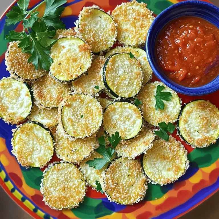 To make these tasty Parmesan crusted zucchini chips, you will need: - 2 medium zucchinis, sliced into thin rounds - 1 cup grated Parmesan cheese - 1 cup breadcrumbs (preferably panko for extra crunch) - 1 teaspoon garlic powder - 1 teaspoon onion powder - 1 teaspoon dried oregano - 1 teaspoon dried basil - Salt and pepper to taste - 2 large eggs - Cooking spray or olive oil for greasing Using the right amounts of each ingredient is key. Too much cheese can make them salty. Too little breadcrumbs can lead to soggy chips. Stick to these measurements for the best results. Want to spice things up? Try adding: - A pinch of red pepper flakes for heat - Some grated lemon zest for brightness - Fresh herbs like thyme or rosemary for a unique twist These add-ons will enhance the flavor and make your chips even more special! First, set your oven to 425°F (220°C). This high heat helps the chips get crispy. While the oven heats, line a baking sheet with parchment paper. This keeps the chips from sticking and makes cleanup easy. In a shallow bowl, mix the grated Parmesan and breadcrumbs. I prefer panko for a crunchier texture. Add garlic powder, onion powder, oregano, basil, salt, and pepper. Stir well to blend the spices evenly. This mix gives the chips their tasty crust. In another bowl, beat the eggs until mixed. Take each zucchini slice and dip it into the eggs. Let any extra egg drip off. Then, coat the slice in the Parmesan mixture. Press gently so the coating sticks well. This step is key for a crunchy finish. Arrange the coated zucchini slices in a single layer on the baking sheet. Lightly spray them with cooking spray or drizzle olive oil to help with crisping. Bake for 15-20 minutes, flipping them halfway through. Look for a golden brown color. This is your sign they are ready. After baking, let them cool for a few minutes before serving. To make your zucchini chips super crispy, follow these steps. Slice the zucchinis thin. Thin slices help them cook faster and get crisp. Use panko breadcrumbs for the best crunch. They add a nice texture. Make sure to coat each slice well with the Parmesan mixture. Press it on firmly. This helps the coating stick during baking. Finally, don't skip the cooking spray or olive oil. This step is key for that golden, crispy finish. Avoid using thick zucchini slices. They won’t crisp up well. Also, don’t rush the egg dipping. Ensure each slice is fully coated. If the coating falls off while baking, it’s likely too light. Make sure to flip the chips halfway through baking. This ensures both sides get nice and crispy. Lastly, don't overcrowd the baking sheet. Give them space to breathe for the best results. These zucchini chips shine on their own or with dips. Try serving with marinara sauce for a classic touch. A yogurt dip adds a cool contrast. Garnish with fresh parsley or basil for a pop of color. Present them on a bright platter to impress your guests. They make a great snack or side dish for any meal. Enjoy the crunch and flavor! {{image_2}} You can switch up the breading for your zucchini chips. Try using crushed cornflakes or seasoned flour instead of breadcrumbs. For a gluten-free option, use almond flour or gluten-free breadcrumbs. Each choice gives a unique crunch. You can also mix in some finely chopped nuts for added texture and flavor. Spices can take your zucchini chips to the next level. Add smoked paprika for a smoky taste or cayenne for heat. Try adding Italian seasoning for a classic flavor. You can also experiment with curry powder for a fun twist. Just remember to adjust the salt based on your spice choice. Get creative with your zucchini! Use a blend of veggies like carrots or sweet potatoes. This adds color and variety to your dish. You could also top the chips with fresh herbs like cilantro or dill after baking. This brightens up the flavors and makes them pop. Don't be afraid to experiment; the options are endless! After enjoying your Parmesan crusted zucchini chips, you might have some left. To keep them fresh, place the leftover chips in an airtight container. Line the bottom with paper towels to absorb moisture. This helps prevent sogginess. Store the container in the fridge for up to three days. When you're ready to enjoy your leftovers, reheating is key. Preheat your oven to 375°F (190°C). Spread the zucchini chips on a baking sheet in a single layer. This ensures they heat evenly. Bake for about 10 minutes, flipping them halfway. This method retains their crispiness and flavor. Freezing zucchini chips is a great way to enjoy them later. First, make sure they are completely cool. Then, place them in a single layer on a baking sheet. Freeze them for about an hour. Once frozen, transfer the chips to a freezer bag. Remove as much air as possible. They can last up to three months in the freezer. When you're ready to eat, bake them straight from the freezer for an easy snack! Yes, you can use larger zucchini. However, larger zucchini may have more moisture. This can make your chips less crunchy. I recommend slicing them thinly. Aim for about 1/4 inch thick. This helps them cook evenly and stay crispy. If you need a substitute for Parmesan cheese, try nutritional yeast. It gives a cheesy flavor without dairy. You can also use pecorino Romano for a sharper taste. Another option is to use vegan cheese if you want a dairy-free version. To make these zucchini chips gluten-free, use gluten-free breadcrumbs. You can find many brands at stores. Some people use crushed cornflakes or ground nuts as alternatives. Ensure all your spices are gluten-free too. Yes, you can use an air fryer for these zucchini chips. Preheat your air fryer to 400°F (200°C). Arrange the chips in a single layer in the basket. Cook them for about 10-12 minutes, flipping halfway through. This gives you a great crunch without needing to bake. This blog post covered all the key steps for making tasty zucchini chips. From choosing the right ingredients to perfecting your baking technique, you now have the skills to create a crunch everyone will love. Remember, use the tips to avoid mistakes and add your favorite flavors. With proper storage, your chips stay fresh. Enjoy your delicious creations, and feel free to experiment with variations. Happy baking!
