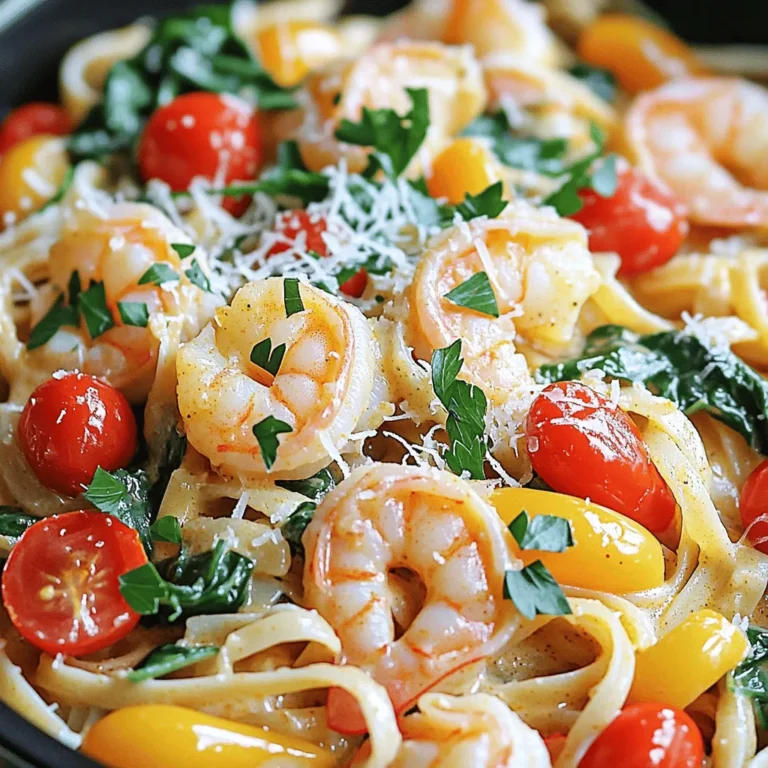 - 8 oz linguine pasta - 1 lb large shrimp, peeled and deveined - 1 tablespoon Cajun seasoning - 2 tablespoons olive oil - 1 medium onion, finely chopped - 3 cloves garlic, minced - 1 red bell pepper, diced - 1 cup heavy cream - 1 cup chicken broth - 1 cup cherry tomatoes, halved - 1 cup fresh spinach - Salt and pepper to taste - Fresh parsley, chopped (for garnish) - Grated Parmesan cheese (for serving) Gather these ingredients to make your One Pot Creamy Cajun Shrimp Linguine. Start with the linguine and shrimp as your main focus. The Cajun seasoning adds a great kick. Olive oil helps cook everything perfectly. You’ll also need some fresh veggies. Onion, garlic, and red bell pepper add flavor. Heavy cream and chicken broth make the sauce rich and creamy. Cherry tomatoes and spinach bring freshness to the dish. Don’t forget salt and pepper for seasoning. Garnish with parsley and Parmesan for a lovely finish. This mix of ingredients will bring your dish to life. Enjoy the blend of flavors and colors! Start by heating olive oil in a large pot over medium heat. Once it is hot, add the finely chopped onion. Sauté for about 3-4 minutes until the onion softens and turns translucent. Next, stir in the minced garlic and diced red bell pepper. Cook this mixture for an extra 2-3 minutes. You want the peppers to soften and the garlic to release its aroma. While your base cooks, season the shrimp with Cajun seasoning, salt, and pepper. Then, add the shrimp to the pot. Cook for about 2-3 minutes, stirring occasionally. When the shrimp turns pink and opaque, they are done. Carefully remove the shrimp mixture from the pot and set it aside. This step keeps the shrimp tender and flavorful. In the same pot, pour in the chicken broth and bring it to a gentle simmer. Add the linguine pasta, making sure it is fully submerged in the broth. Follow the package instructions to cook the pasta, usually around 8-10 minutes. Stir occasionally to prevent it from sticking together. You want the pasta to be al dente, with a slight bite to it. Once the pasta is cooked, reduce the heat. Stir in the heavy cream, halved cherry tomatoes, and fresh spinach. Cook for another 2-3 minutes. This step helps the sauce thicken and the spinach wilt. Finally, return the shrimp mixture to the pot. Mix everything well to combine the flavors. Adjust the seasoning with salt and pepper to your taste. Let it sit for a couple of minutes to allow the flavors to meld together. To keep your pasta from sticking, stir it often. This helps the noodles stay separate. Use enough water and let it boil before adding the linguine. If you want to adjust the creaminess, add more heavy cream. You can also use less for a lighter dish. Taste the dish while cooking. Add more Cajun seasoning or salt if needed. Serve the creamy Cajun shrimp linguine in shallow bowls. This makes it easy to enjoy and looks nice. Top each bowl with chopped parsley for color. A sprinkle of grated Parmesan adds flavor and charm. Best dishes to serve with this meal include garlic bread or a fresh salad. They balance the rich flavors of the pasta. If you want an alternative to heavy cream, use half-and-half or coconut cream. Both options will keep your dish creamy. You can add or replace vegetables too. Try adding bell peppers, zucchini, or mushrooms for more flavor. Spinach is great, but don't hesitate to use kale or arugula instead. {{image_2}} You can switch up the protein in this dish. If you want to use chicken instead of shrimp, it works well! Simply cut chicken breasts into bite-sized pieces. Season them with Cajun spices and cook until they are no longer pink. This makes a great alternative for those who prefer chicken. Another great option is to add sausage. Andouille sausage gives a nice, smoky flavor. Slice the sausage and brown it in the pot before you add other ingredients. It adds depth to your dish and pairs nicely with the Cajun spices. If you need a gluten-free version, swap out traditional pasta for gluten-free pasta. There are many brands available now that taste great! Just make sure to check the cooking time, as gluten-free pasta may cook faster or slower. For those who follow a vegan diet, you can use plant-based cream. Almond or coconut milk works well in this recipe. You can also replace shrimp with tofu or chickpeas for added protein. This way, everyone can enjoy this creamy dish! Want to add more flavor? Try using extra spices, like cayenne pepper or smoked paprika. A bit of lemon zest can brighten the dish, too. Just sprinkle it in while cooking for a fresh kick. You can also add other vegetables. Spinach is great, but consider adding bell peppers, zucchini, or even mushrooms. Cooking them along with the onion and garlic adds flavor and nutrition. Mixing different veggies keeps your meal exciting! To store leftovers, place the shrimp linguine in an airtight container. Let it cool completely before sealing. This helps keep the dish fresh. Store it in the fridge for up to three days. For reheating, use a pan on low heat. Add a splash of chicken broth or cream to keep it creamy. Stir often to heat evenly. You can also use the microwave. Cover the dish and heat in short bursts, stirring in between. Yes, you can freeze Cajun shrimp linguine! First, let it cool completely. Then, transfer it to a freezer-safe container. Leave some space at the top for expansion. It can last up to three months in the freezer. When you're ready to eat, thaw it in the fridge overnight. Heat it gently on the stove. Again, add a splash of broth or cream to revive the sauce. This keeps the dish creamy and delicious. Cajun shrimp linguine lasts in the fridge for about three days. After that, the shrimp may lose its freshness. Look for signs of spoilage, like a sour smell or changes in color. If it looks or smells off, it's best to throw it away. Always remember that safety comes first in the kitchen! You can enjoy this dish with various sides. Try a fresh green salad. A simple Caesar salad pairs well. Garlic bread adds a nice touch too. Roasted veggies make a great side, too. You could also serve it with a light coleslaw. These options balance the flavors and make a full meal. To increase the heat, add more Cajun seasoning. You can also include red pepper flakes. A splash of hot sauce boosts the spice without changing the dish much. If you like fresh heat, add diced jalapeños or serrano peppers. Adjust the spice to your taste, but be careful not to overdo it! Yes, you can prep some parts ahead. Cook the shrimp and store it in the fridge. You can also chop veggies and mix spices in advance. Just cook the pasta and mix everything together when you’re ready to eat. This keeps the dish fresh and tasty. This blog post covered how to make a delicious Cajun shrimp linguine. We discussed key ingredients like linguine, shrimp, and seasonings. I shared step-by-step instructions to guide your cooking. You learned tips for cooking, variations for protein and dietary needs, and storage methods. With these ideas and suggestions, you can easily create and enjoy this dish. Cooking should always be fun and flavorful, so get creative!