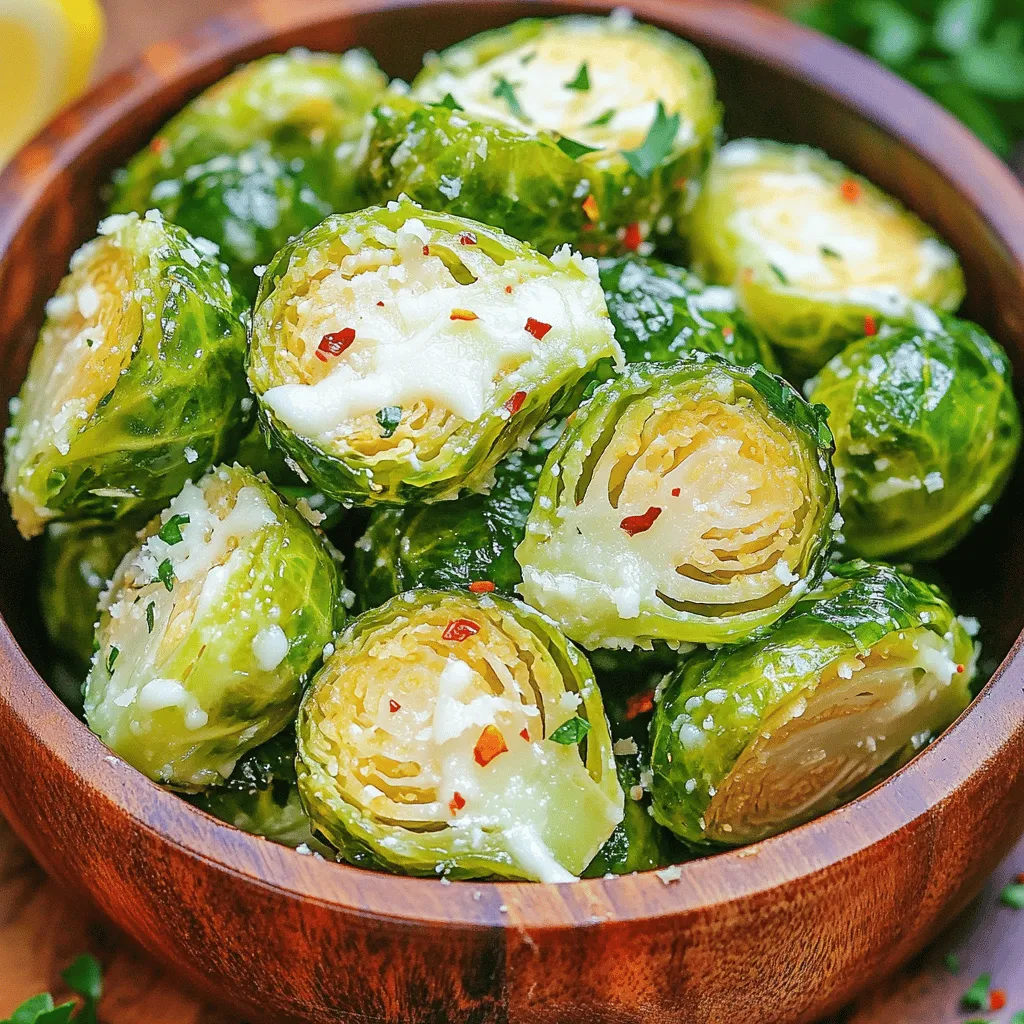 - 1 lb Brussels sprouts, trimmed and halved - 3 tablespoons olive oil - 4 cloves garlic, minced The main ingredients are key to the flavor. Brussels sprouts have a nice crunch. Olive oil adds moisture and helps with cooking. Garlic gives a strong, tasty kick. - 1/2 teaspoon salt - 1/4 teaspoon black pepper - 1/4 teaspoon red pepper flakes (optional) Seasonings bring the dish to life. Salt enhances the taste. Black pepper adds warmth. Red pepper flakes give a little heat, if you want it. - 1/2 cup grated Parmesan cheese - 1 tablespoon lemon juice - Fresh parsley, chopped (for garnish) Toppings are the final touch. Parmesan cheese melts and creates a nice crust. Lemon juice brightens flavors. Fresh parsley adds color and freshness to your plate. Set your air fryer to 375°F (190°C). This step takes about 5 minutes. Preheating helps cook the Brussels sprouts evenly and makes them crispy. In a large bowl, combine these ingredients: - 1 lb Brussels sprouts, trimmed and halved - 3 tablespoons olive oil - 4 cloves garlic, minced - 1/2 teaspoon salt - 1/4 teaspoon black pepper - 1/4 teaspoon red pepper flakes (optional) Toss everything well. Make sure each sprout gets coated in the oil and seasonings. This adds flavor and helps achieve that golden crisp. Place the Brussels sprouts in the air fryer basket. Make sure they are in a single layer. This helps them crisp up nicely. You might need to cook them in batches if your fryer is small. Air fry the Brussels sprouts for 10-12 minutes. Shake the basket halfway through cooking. This ensures even crisping on all sides. Once the sprouts are golden and crispy, sprinkle on 1/2 cup of grated Parmesan cheese. Return the basket to the air fryer for an extra 2 minutes. This lets the cheese melt and become slightly crispy, adding a delicious finish. To get the best crunch, always cook the Brussels sprouts in a single layer. This step is key. If they overlap, they won’t crisp up well. I recommend frying them in batches if your air fryer is small. Shaking the basket halfway through cooking helps too. It moves the sprouts around, ensuring they cook evenly. This simple trick is very effective for great results. To boost flavor, consider adding spices like smoked paprika or garlic powder. These can add a nice twist. If you want a kick, try more red pepper flakes. If you don't have Parmesan cheese, you can use other cheeses. Feta or pecorino can work well too. Feel free to adjust the recipe to fit your taste. Set your air fryer to 375°F (190°C) for this recipe. It’s the perfect temperature for crispiness. Cooking time is around 10-12 minutes, but check for golden color. For better results, I recommend reliable air fryer models like the Philips or Ninja. They cook evenly and are easy to use. Having a good air fryer makes a big difference in your cooking. {{image_2}} You can easily switch up the flavor of your Brussels sprouts. Adding spices can change everything. Try smoked paprika for a warm, smoky taste. Garlic powder gives a nice punch too. If you want some crunch, nuts or seeds work well. Chopped almonds or sunflower seeds add texture and flavor. If you want to mix it up, try different cheeses. Feta cheese adds a tangy taste that contrasts well with the sprouts. Pecorino cheese is another great choice. It has a strong flavor that pairs nicely with the garlic. Want to make this dish vegan? It’s simple! Just swap out the cheese for nutritional yeast. This gives a cheesy flavor without using dairy. Vegan cheese can also work well. Just make sure to check the package for melting instructions. To keep your Air Fryer Garlic Parmesan Brussels sprouts fresh, store them in an airtight container. This helps to lock in moisture and flavor. Allow the sprouts to cool completely before sealing them. They can stay good for about three days in the fridge. To reheat your Brussels sprouts while keeping them crispy, use the air fryer. Preheat it to 350°F (175°C). Place the sprouts in the basket and heat for about 5-7 minutes. This method revives their crunchiness and prevents sogginess. You can freeze cooked Brussels sprouts, but they may lose some texture. Place them in a single layer on a baking sheet to freeze. Once frozen, transfer them to a freezer bag. Use them within three months for best quality. Thaw in the fridge overnight before reheating. To make Brussels sprouts crispy, follow these key tips: - Use fresh Brussels sprouts: Fresh sprouts have more moisture, which helps them crisp up. - Cut them evenly: Halving each sprout helps them cook at the same rate. - Toss with oil: Use olive oil to coat the sprouts. This helps them crisp and adds flavor. - Don’t overcrowd the basket: Place sprouts in a single layer. Air needs room to circulate for crispiness. - Shake halfway through: This ensures even cooking and browning on all sides. You can use frozen Brussels sprouts, but fresh is better. Here’s how to use them: - Thaw first: Thaw frozen sprouts in the fridge or microwave before cooking. This helps them cook evenly. - Dry them well: Pat them with a towel to remove excess moisture. This prevents sogginess. - Adjust cooking time: Frozen sprouts may need a bit longer to cook. Check for crispness. These Brussels sprouts pair well with many dishes. Here are some great options: - Grilled chicken: The savory flavor complements the sprouts well. - Pasta: Toss the sprouts with pasta for a hearty meal. - Steak or pork: The rich flavors of meat balance the bright taste of the sprouts. - Quinoa or rice: Add a healthy grain for a filling side. Feel free to mix and match based on what you like! In this blog post, we explored how to make crispy Air Fryer Garlic Parmesan Brussels sprouts. We covered key ingredients, from sprouts to seasonings, and step-by-step cooking tips. I shared ways to enhance flavors, suggested variations, and provided storage and reheating tips. Try these methods and make Brussels sprouts a fun side dish. Enjoy experimenting with flavors and toppings to fit your taste. You’ll find that crispy, flavorful Brussels sprouts can be easy and quick to make. Happy cooking!