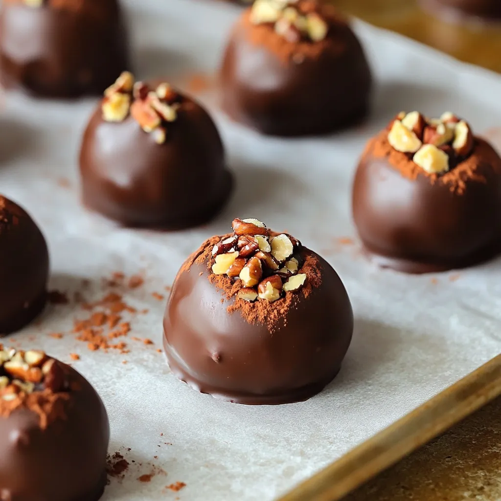 - 1 cup almond flour - 1/2 cup rolled oats - 1/4 cup pure maple syrup - 1/4 cup pumpkin puree - 2 tablespoons creamy almond butter (or any nut butter) - 2 teaspoons pumpkin spice mix - 1 teaspoon vanilla extract - 1/4 teaspoon salt - 1/2 cup dark chocolate chips (or dairy-free chocolate chips) - Optional: cocoa powder or crushed nuts for rolling Gathering the right ingredients is key. First, you need almond flour and rolled oats. These provide a solid base for our truffles. The almond flour adds a nutty flavor and a great texture. The oats bring some heartiness to the mix. Next, you’ll want some pure maple syrup and pumpkin puree. The maple syrup adds sweetness. It also binds everything together. Pumpkin puree gives the truffles that lovely fall taste. You’ll also need nut butter. I recommend creamy almond butter, but any nut butter will do. This adds creaminess and richness. Don’t forget the pumpkin spice mix! This brings the warm, cozy flavors we love. A touch of vanilla extract enhances the taste, while a pinch of salt balances it all out. Finally, you’ll need dark chocolate chips. They will coat the truffles, adding a sweet and rich finish. If you prefer, you can use dairy-free chocolate chips. Rolling the truffles in cocoa powder or crushed nuts is optional but adds a nice texture. With these ingredients, you will create a delicious treat. They are perfect for sharing or enjoying on your own! - First, grab a large mixing bowl. Combine 1 cup of almond flour and 1/2 cup of rolled oats. Mix them well to break any lumps. - Next, add in the wet ingredients. Pour in 1/4 cup of pure maple syrup, 1/4 cup of pumpkin puree, and 2 tablespoons of creamy almond butter. Then, mix in 2 teaspoons of pumpkin spice, 1 teaspoon of vanilla extract, and 1/4 teaspoon of salt. Stir until you form a sticky dough. - Now, it’s time to shape your dough. Use your hands to form small balls, about 1 inch wide. - Place each truffle on a parchment-lined baking sheet. Make sure they have space between them. - Melt the dark chocolate chips next. Use a microwave-safe bowl and heat them in 30-second intervals. Stir each time until smooth. - Dip each truffle into the melted chocolate. Make sure they are fully coated. Use a fork to lift them out, letting excess chocolate drip off before placing them back on the parchment. - After dipping, place the baking sheet in the refrigerator. Chill the truffles for about 30 minutes. This step helps the chocolate set. To get the right texture, make sure your dough is sticky. If it feels too dry, add a bit more pumpkin puree or maple syrup. You can also adjust the oats or almond flour. If your dough is too wet, add a little more almond flour until it feels just right. When melting chocolate, use a microwave-safe bowl. Heat the chocolate chips in 30-second bursts. Stir well after each interval until smooth. If you prefer not to use a microwave, you can melt chocolate on the stove. Place a heatproof bowl over simmering water, stirring until it melts. For added flavor, try adding extra spices like cinnamon or nutmeg. You can also roll the truffles in cocoa powder or crushed nuts right after dipping them in chocolate. If you want to change up the nut butter, try cashew or peanut butter for a different taste. Each option gives a unique twist to your truffles. {{image_2}} You can switch up the flavors in your truffles easily. One fun idea is to make chocolate pumpkin spice truffles. Just mix in cocoa powder with the almond flour for a rich chocolate flavor. You can also use different nut butters. Try peanut butter or cashew butter for a nutty twist. These changes keep the truffles exciting and tasty. Making these truffles fit your diet is simple. For a gluten-free option, stick with certified gluten-free oats. They work just as well in this recipe. If you want vegan truffles, swap the honey for maple syrup. Use dairy-free chocolate chips when coating. These swaps make your truffles safe for everyone to enjoy. How you serve your truffles can make them extra special. You can place them in cute boxes for gifts. Wrap them in clear bags and tie with a ribbon for a sweet touch. For decoration, roll the truffles in crushed nuts or colorful sprinkles. This adds fun and flair to your sweet treats. To keep your No-Bake Pumpkin Spice Latte Truffles fresh, place them in an airtight container. This prevents moisture and air from spoiling the truffles. Store the container in your fridge. The cool temperature helps maintain the texture and flavor of the chocolate coating. These truffles stay fresh for about one week. After that, they may lose their taste or texture. Signs that your truffles have gone bad include a dry or hard texture and an off smell. If you notice these signs, it's best to discard them. Always trust your senses when it comes to food safety. Yes, you can swap out the maple syrup. Here are a few options: - Honey is a great substitute for maple syrup. - Agave nectar works well and is vegan-friendly. - Coconut sugar can add a nice touch of caramel flavor. Each sweetener has a unique taste. Adjust the amount based on your preference. To boost the chocolate flavor, try these tips: - Use dark chocolate with a higher cocoa content. This adds richness. - Mix cocoa powder into the dough for a deeper flavor. - Drizzle extra melted chocolate on top of the truffles for a fun look. These small changes can make your truffles a chocolate lover's dream. Of course! Here are some nut-free swaps: - Use sunflower seed butter instead of almond butter. It gives a great flavor. - Replace almond flour with oat flour for a nut-free base. - If you want to avoid oats, try using rice flour for a different texture. These options ensure everyone can enjoy these tasty treats without worry. These truffles are easy to make and fun to eat. We covered the key ingredients and simple steps to create them. You can adjust flavors and coatings to your liking. Storing the truffles is easy, and they stay fresh for days. Feel free to try different nut butters or sweeteners. Personalize your truffles to fit your taste and needs. Now, you’re ready to impress friends or enjoy a sweet treat. Get creative, and have fun making your own delicious truffles!