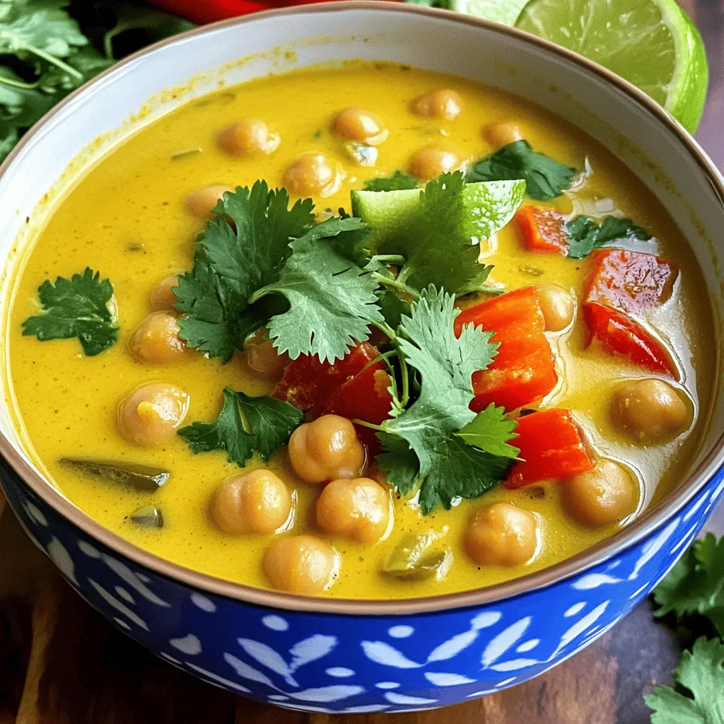 - 1 tablespoon coconut oil - 1 onion, chopped - 3 cloves garlic, minced - 1 tablespoon fresh ginger, grated - 1 tablespoon red curry paste - 1 can (14 oz) coconut milk - 2 cups vegetable broth - 1 can (15 oz) chickpeas, drained and rinsed - 1 red bell pepper, diced - 1 teaspoon turmeric powder - 1 teaspoon cumin - Salt and pepper to taste - Fresh cilantro, for garnish - Lime wedges, for serving You can easily adjust the ingredients. If you don’t have coconut oil, use olive oil instead. For a milder flavor, skip the red curry paste or use less. You can swap the chickpeas for lentils if you prefer. If you like it creamier, use more coconut milk. For a fresh twist, add some spinach or kale. This soup is packed with nutrients. Each serving has about: - Calories: 300 - Protein: 10g - Carbohydrates: 40g - Dietary Fiber: 10g - Fats: 10g This soup is also a great source of iron and vitamin C. Plus, it's vegan and gluten-free! Enjoy a bowl for a healthy meal. Start by heating 1 tablespoon of coconut oil in a large pot over medium heat. Add 1 chopped onion and sauté it for about 5 minutes. You want it soft and clear. Next, stir in 3 minced garlic cloves and 1 tablespoon of grated ginger. Cook for another 2 minutes. Let those great smells fill your kitchen! Add 1 tablespoon of red curry paste, 1 teaspoon of turmeric, and 1 teaspoon of cumin. Stir well for 2 more minutes. This mix is the heart of your soup. Pour in 1 can of coconut milk and 2 cups of vegetable broth. Stir everything together and bring it to a gentle simmer. Now, it's time to add 1 can of drained and rinsed chickpeas and 1 diced red bell pepper. Let the soup simmer for 15 to 20 minutes. This step helps the flavors blend beautifully. If you want a thinner soup, add more vegetable broth as needed. Taste it and adjust with salt and pepper. Before you serve, garnish your soup with fresh cilantro. This adds a pop of color and flavor. Don't forget to add a squeeze of lime juice on top. This brightens the dish and makes it extra special. Enjoy your Coconut Curry Chickpea Soup! To make your Coconut Curry Chickpea Soup shine, here are some expert tips: - Use fresh ginger and garlic. They add a bright taste. - Choose a good-quality red curry paste. It boosts flavor. - Simmer the soup long enough. This melds all the flavors well. - Squeeze fresh lime juice just before serving. It brightens the dish. Watch out for these common mistakes: - Skipping the sauté step. This builds a strong base flavor. - Adding too much salt too early. Taste as you go. - Not rinsing the chickpeas. This removes extra sodium and improves taste. - Overcooking the bell peppers. They should stay crisp and vibrant. Serve your Coconut Curry Chickpea Soup with these ideas: - Pair it with warm naan bread or jasmine rice. - Top with a sprinkle of fresh cilantro for color. - Add lime wedges on the side for extra zest. - Serve in a deep bowl for a cozy feel. {{image_2}} You can add various proteins to this soup. Chicken, shrimp, or tofu work well. If you choose chicken, use cooked, shredded pieces. For shrimp, add them in the last few minutes. Tofu should be cubed and sautéed before joining the soup. These add-ins boost the soup's heartiness, making it even more filling. The base of this soup is already vegetarian and vegan-friendly. To keep it vegan, always check the red curry paste. Some brands may contain fish sauce. Use a vegan curry paste to keep things plant-based. You can also swap chickpeas for lentils or beans if you prefer. To elevate the flavors, add fresh herbs like basil or mint. A drizzle of sesame oil or a splash of soy sauce can also enhance the taste. For a spicy kick, toss in chopped jalapeños or a dash of hot sauce. A squeeze of lime juice brightens the soup, adding a fresh zest. After you make your coconut curry chickpea soup, let it cool down. Once it is cool, store it in an airtight container. Place the container in the fridge. The soup stays fresh for about 3 to 5 days. Always check for any off smells or changes in color before eating. If you want to keep the soup longer, freezing is a great option. Pour the cooled soup into freezer-safe containers or bags. Leave some space at the top, as the soup will expand when frozen. You can freeze it for up to 3 months. When you’re ready to eat, just thaw it in the fridge overnight. To reheat the soup, you have a few choices. You can use a pot on the stove or a microwave. If using the stove, warm it over low to medium heat. Stir often to avoid burning. If using the microwave, heat in short bursts, stirring in between. Make sure it’s hot all the way through before serving. If the soup is too thick, add a splash of vegetable broth to reach your desired consistency. Yes, you can use fresh chickpeas. Fresh chickpeas will need soaking and cooking first. Soak them overnight in water. Then, cook them until they are tender. This can take one to two hours. Use about one cup of dried chickpeas. They will add a nice texture to your soup. If you need a substitute for coconut milk, try almond milk or soy milk. You can also use cashew cream for a rich taste. Just remember, these options will change the flavor. They won’t be as creamy or rich as coconut milk. Adjust the spices to balance the taste if you use a different milk. To make your soup spicier, add more red curry paste. You can also include chopped fresh chilies or red pepper flakes. Start with a small amount, then taste it. Keep adding until you reach your desired heat. Spice can enhance the flavors and make the soup exciting. We explored key ingredients, from measurements to nutritional info. Then, I shared step-by-step cooking instructions, helping you make a delicious soup. I offered expert tips and highlighted common mistakes to avoid. There are many variations to keep your meals exciting, and I covered storage and reheating methods. Use this knowledge to create the best soup for your tastes. Enjoy cooking and experimenting with flavors!