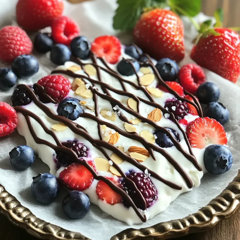 - 2 cups Greek yogurt (plain or vanilla) - 2 tablespoons honey or maple syrup - 1 cup mixed berries (strawberries, blueberries, raspberries) These main ingredients create a creamy and fruity base. Greek yogurt gives a thick texture and a good protein boost. Honey or maple syrup adds just the right amount of sweetness. The mixed berries bring color and a burst of flavor. - 1/2 cup dark chocolate chips - 1/4 cup sliced almonds - Pinch of sea salt These optional add-ins elevate your Frozen Yogurt Berry Bark. Dark chocolate chips provide a rich bite, while sliced almonds add crunch. A pinch of sea salt enhances all the flavors. You can mix and match these for a treat that fits your taste. In a large bowl, combine 2 cups of Greek yogurt with 2 tablespoons of honey or maple syrup. Stir well until the mixture looks creamy and smooth. This step is key for a sweet and tangy base. Line a baking sheet with parchment paper. Pour the yogurt mixture onto the parchment. Use a spatula to spread it evenly to about 1/2 inch thick. This helps create a solid base for your bark. Now for the fun part! Distribute 1 cup of mixed berries across the yogurt. You can use strawberries, blueberries, and raspberries. Gently press the berries into the yogurt. This way, they stick well when you break the bark later. Take 1/2 cup of dark chocolate chips and melt them in a microwave-safe bowl. Heat in 30-second intervals, stirring after each. Once smooth, drizzle the melted chocolate over the yogurt and berries. This adds a rich flavor and looks beautiful. If you want an extra crunch, sprinkle 1/4 cup of sliced almonds on top. Add a pinch of sea salt for a nice contrast. These toppings give your bark texture and enhance the taste. Place the baking sheet in the freezer. Let it freeze for 3-4 hours or until solid. Once frozen, remove the bark from the baking sheet. Break it into pieces of your desired size. Enjoy your tasty treat! You can make Frozen Yogurt Berry Bark your own. Use any yogurt you like. Greek yogurt works well, but you can try dairy-free yogurt too. It still tastes great! If you want less sugar, switch out honey for maple syrup or agave nectar. You can also use stevia or monk fruit sweetener for a low-calorie option. Serving your bark on a pretty platter makes it look fancy. Add fresh berries on the side for color. If you want to impress, drizzle extra melted chocolate on top right before serving. This makes it look and taste even better! You can prepare this treat in advance. Make it a day before your party. Freeze it overnight for the best results. When you’re ready to serve, just break it into pieces. This makes it easy for guests to grab and enjoy. {{image_2}} You can change the berries in your Frozen Yogurt Berry Bark with the seasons. In summer, I love using fresh strawberries. They add a sweet and juicy burst that pairs well with yogurt. Slice them thin for even coverage. In winter, try incorporating cranberries. Their tartness gives a nice contrast to the creamy yogurt. Plus, they look lovely on the bark! If you want to switch up the nuts, almonds aren't your only option. You can use walnuts or pecans instead. Walnuts add a rich, earthy flavor, while pecans give a sweet crunch. Both create a great texture in your bark. Feel free to experiment with your favorite nuts! To make your bark more unique, consider adding flavor infusions. A splash of vanilla extract can enhance the taste of the yogurt. It brings out a warm, sweet note. You can also add citrus zest, like lemon or orange. The zest brightens the dish and adds a refreshing twist. These small changes can make a big difference in flavor! Each piece of Frozen Yogurt Berry Bark has about 100 calories. Here’s how the calories break down: - Fats: 4 grams - Sugars: 8 grams This makes it a tasty treat that won’t break your diet. Greek yogurt is a star in this recipe. It is packed with protein, which helps you feel full. It also has probiotics that support gut health. Mixed berries are another great choice. They are low in calories and high in vitamins. Berries like strawberries, blueberries, and raspberries are full of antioxidants. These help fight free radicals in your body. This Frozen Yogurt Berry Bark is gluten-free. You can enjoy it even if you have gluten issues. If you want a lower sugar treat, you can use less honey or maple syrup. You can also use a sugar substitute. This way, you can enjoy the bark while keeping sugar low. You can store Frozen Yogurt Berry Bark in the freezer for up to three weeks. Make sure to wrap it well in plastic wrap or foil. This keeps it fresh and prevents freezer burn. When you're ready to enjoy, just take out a piece and let it sit for a few minutes before eating. Yes, you can use frozen berries. They are great when fresh berries are not in season. Frozen berries can be easier to find and often cost less. However, they might release more water as they thaw. This can make your bark a little soggy. If using frozen berries, let them thaw and drain some juice before adding them to the yogurt. If you want to change the yogurt, there are many options. You can use dairy-free yogurt made from almond or coconut. Greek yogurt is thick and creamy, but regular yogurt works too. Keep in mind that different yogurts can change the taste. A flavored yogurt can add a fun twist, but it may also add more sugar. To keep your yogurt bark from melting too fast, serve it on a cold plate. You can chill the plate in the freezer for a few minutes before serving. If your kitchen is warm, keep the bark in the freezer until you are ready to eat. You can also cut it into smaller pieces, which stay colder longer. This blog post covers how to make a tasty frozen yogurt berry bark. You learned about the key ingredients like Greek yogurt, honey, and berries. We explored steps to prepare, freeze, and add your unique touch. Don't forget the fun variations, like using seasonal berries or different nuts. Remember, this treat is not only delicious but also healthy. Customize it to fit your taste and impress your friends. Enjoy making and sharing this easy snack!