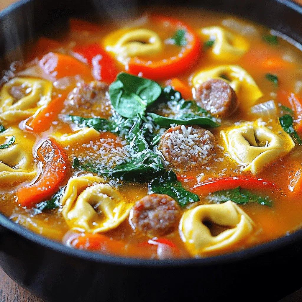 - 1 tablespoon olive oil - 1 pound spicy Italian sausage, casings removed - 1 medium onion, diced - 3 cloves garlic, minced - 1 carrot, diced - 1 red bell pepper, diced - 1 can (14 oz) diced tomatoes with juices - 4 cups vegetable or chicken broth - 1 teaspoon dried basil - 1 teaspoon dried oregano - ½ teaspoon red pepper flakes (adjust for spice preference) - 1 package (9 oz) cheese tortellini - 2 cups fresh spinach - Salt and pepper to taste - Grated Parmesan cheese for serving (optional) - Fresh basil for garnish (optional) When picking your ingredients, look for bright colors and fresh scents. Choose sausages with a good balance of spice for a rich flavor. Make sure the vegetables are firm and free from spots. Fresh spinach should be vibrant and crisp. Quality broth enhances the soup's taste, so select a brand you trust. If you need gluten-free options, use gluten-free tortellini. You can also swap the spicy sausage for ground turkey or chicken for a lighter meal. For a vegetarian version, omit the sausage and add extra veggies or beans for protein. Start by gathering all your ingredients. This saves time and keeps things neat. Here’s what you need to do: - Dice 1 medium onion into small pieces. - Mince 3 cloves of garlic finely. - Dice 1 carrot and 1 red bell pepper into small cubes. - Measure 1 tablespoon of olive oil for cooking. - Open 1 can (14 oz) of diced tomatoes with juices. - Measure 4 cups of vegetable or chicken broth. - Gather spices: 1 teaspoon dried basil, 1 teaspoon dried oregano, and ½ teaspoon red pepper flakes. - Get 1 package (9 oz) of cheese tortellini ready. - Wash 2 cups of fresh spinach. - Set aside salt and pepper for taste. This prep work makes your cooking process smooth and easy. 1. Heat the olive oil in a large pot or Dutch oven over medium heat. 2. Add the spicy Italian sausage (remove casings first). Cook for 5-7 minutes. Break it apart with a spoon until it browns. 3. Stir in the diced onion, garlic, carrot, and red bell pepper. Cook for another 5 minutes. Stir often until veggies soften. 4. Add the diced tomatoes, along with their juices. Pour in the broth, dried basil, oregano, and red pepper flakes. Bring this mix to a simmer. 5. Once it’s simmering, toss in the cheese tortellini. Cook as per package instructions, usually about 3-5 minutes. They should be tender and cooked through. 6. Stir in the fresh spinach and cook for an additional 2 minutes, until it wilts. Season with salt and pepper to taste. Once your soup is ready, it’s time to serve. Ladle it into bowls while hot. For extra flavor: - Top with grated Parmesan cheese if you like. - Garnish with fresh basil for a nice touch. This soup not only warms you up but also fills your home with a lovely aroma. Enjoy every spoonful! To get the best flavor from your One-Pot Spicy Sausage Tortellini Soup, start by browning the sausage well. This adds a deep, rich taste. Use a large pot to give everything room to cook evenly. Always stir your veggies well to avoid burning. Add the garlic last, as it cooks fast and can burn easily. For extra spice, feel free to add more red pepper flakes. If you want a fresh taste, use fresh herbs like basil instead of dried. Store leftovers in an airtight container. Make sure to let the soup cool before sealing it. You can keep it in the fridge for up to three days. If you plan to eat it later, consider separating the tortellini. This keeps it from getting too soft. You can also freeze the soup for up to three months. Just label the container with the date for easy tracking. When it’s time to reheat, do it gently. Use a pot over low heat on the stove. Stir often to prevent sticking. If the soup is too thick, add a splash of broth or water. You can also use the microwave. Heat it in short bursts, stirring in between. This helps it heat evenly and keeps the flavor strong. {{image_2}} Want to change up the protein in your soup? You can easily swap the spicy sausage for other meats. Ground turkey or chicken works well. They still bring great flavor without the extra spice. If you like a leaner option, try using turkey sausage. You can even go meatless and use plant-based sausage for a vegetarian version. Adding more veggies makes the soup even better. You can toss in chopped zucchini or mushrooms. They add texture and flavor. Frozen peas or corn are also great choices. Not only do they taste good, but they boost the nutrition. Just remember to adjust cooking time to ensure everything stays tender. If you want a milder soup, cut back on the red pepper flakes. You can also leave them out entirely. For those who like it spicy, add more flakes or a dash of hot sauce. You can experiment with different spices too. Try adding smoked paprika for a smoky flavor or cayenne for extra heat. Adjust to your taste and enjoy! To enjoy your One-Pot Spicy Sausage Tortellini Soup, choose sides that match its flavors. Here are a few great options: - Crusty Bread: A warm piece of crusty bread adds a nice crunch. It's perfect for dipping. - Green Salad: A light salad with mixed greens and a tangy vinaigrette balances the soup's richness. - Cheesy Garlic Bread: The cheese and garlic flavor fit well with the spicy soup. - Roasted Vegetables: Roasted veggies bring extra nutrients and a lovely flavor contrast. This soup works well for many occasions. Here are some tips for serving: - Family Dinners: Serve in large bowls with a sprinkle of Parmesan. Everyone loves a hearty meal. - Casual Gatherings: Use a big pot on the table. Let guests serve themselves for a relaxed vibe. - Game Day: Keep it warm in a slow cooker. Serve with napkins and bowls for easy eating. - Cozy Nights: Pair with a movie. Enjoy the warmth and comfort of this dish on chilly evenings. How you present the soup can make it more inviting. Here are some fun ideas: - Garnish: Top each bowl with fresh basil and Parmesan cheese. It adds color and taste. - Colorful Bowls: Use bright bowls to make the meal feel cheerful. - Serve with a Ladle: Place a ladle in the pot. It makes serving easy and looks nice. - Add a Side Plate: Include a small plate with bread or salad next to the bowl. It creates a complete meal look. Yes, you can make this soup ahead of time. It tastes even better the next day. To prep, cook the soup and let it cool. Once cool, store it in an airtight container. You can keep it in the fridge for up to three days. Just reheat it on the stove or in the microwave when you are ready to eat. The flavors blend well, making each bite delicious. Absolutely! Freezing this soup works well. Once it's cool, pour it into freezer-safe bags or containers. Leave space for the soup to expand. You can freeze it for up to three months. To thaw, place it in the fridge overnight. You can also reheat it directly from the freezer on the stove. Just add a bit of broth if it seems too thick. This soup pairs well with many sides. Here are a few ideas: - Crusty bread or garlic bread for dipping - A simple green salad with vinaigrette - Grilled cheese sandwiches for a classic combo - Cheesy breadsticks for extra comfort These sides enhance the meal and make it even more filling. Enjoy your cozy meal! We explored how to make a great One-Pot Spicy Sausage Tortellini Soup. We discussed the ingredients, including tips for freshness and good substitutions. The step-by-step process showed how to prep, cook, and serve the soup. I shared helpful tricks for flavor and storage. We also looked at variations and ideal pairings to enhance meals. In conclusion, with a few simple steps and tips, you can create a delicious and nourishing soup your family will love. Enjoy making this dish and feel free to experiment!